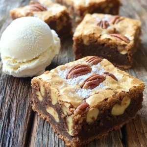 - 1 cup unsalted butter - 1 1/2 cups brown sugar, packed - 2 large eggs - 2 teaspoons vanilla extract - 2 cups all-purpose flour - 1/2 teaspoon baking powder - 1/4 teaspoon baking soda - 1/2 teaspoon salt - 1 cup toasted pecans, coarsely chopped - 1/2 cup white chocolate chips (optional) Accurate measurements are key to great blondies. Use a dry measuring cup for flour and brown sugar. For butter, stick to the markings on the wrapper. A kitchen scale works well for precision. Common kitchen tools for measuring include: - Measuring cups - Measuring spoons - Kitchen scales If you need butter alternatives, try coconut oil or margarine. For vegan options, use flax eggs instead of regular eggs. You can skip the white chocolate chips or use dairy-free chocolate for a plant-based treat. First, set your oven to 350°F (175°C). This temperature helps the blondies bake evenly. Next, grab a 9x13-inch baking pan. Line the bottom and sides with parchment paper. Leave a little overhang on the sides. This makes it easy to lift the blondies out later. Parchment paper also helps prevent sticking. Now, it’s time to brown the butter. In a medium saucepan, melt 1 cup of unsalted butter over medium heat. Stir it often. You want to watch it closely. After about 5-7 minutes, the butter should turn golden brown and smell nutty. This step adds a deep flavor. Remove it from heat and let it cool slightly. Be careful not to burn the butter. If it smells bitter, you’ve gone too far. In a large bowl, mix the browned butter and 1 1/2 cups of packed brown sugar. Stir this until it’s well combined. Add 2 large eggs, one at a time. Beat well after each egg. This keeps the mixture smooth. Next, add 2 teaspoons of vanilla extract. In another bowl, whisk together 2 cups of all-purpose flour, 1/2 teaspoon of baking powder, 1/4 teaspoon of baking soda, and 1/2 teaspoon of salt. Now, slowly add the dry mix to the wet mix. Stir until just combined. Avoid overmixing. This keeps your blondies soft and chewy. Pour the batter into your prepared pan. Spread it evenly. Bake for 25-30 minutes. To check if they’re done, insert a toothpick in the center. If it comes out with a few moist crumbs, they are ready. Let the blondies cool in the pan for at least 10 minutes. Use the parchment overhang to lift them out. Cool them fully on a wire rack before slicing into squares. Enjoy the warm, nutty flavors of your brown butter pecan blondies! To make the best blondies, focus on your baking skills. Start by browning the butter until it turns golden brown. This step adds a deep, nutty flavor. Use a medium heat and stir often to avoid burning the butter. To tell when your blondies are done, check the edges. They should look firm, while the center remains slightly soft. A toothpick inserted should come out with a few moist crumbs. If it’s clean, the blondies may be overbaked. These blondies shine when paired with ice cream. Vanilla or caramel ice cream works great. You can also add toppings like whipped cream or chocolate sauce. For a fun twist, try drizzling some melted chocolate on top. For presentation, cut the blondies into squares and dust them with powdered sugar. Place them on a colorful plate. Add a scoop of ice cream beside each blondie for a delightful look. To keep your blondies fresh, store them in an airtight container. This prevents them from drying out. Keep the container at room temperature for up to five days. For longer storage, wrap them tightly in plastic wrap and freeze them. When reheating, use the oven for best results. Place them on a baking sheet and warm at 350°F for about 5-10 minutes. This helps regain their softness. If you use a microwave, heat them in short bursts to avoid drying them out. {{image_2}} You can add spices like cinnamon or nutmeg to boost flavor. A sprinkle of cinnamon adds warmth. Nutmeg gives a lovely depth. You can also swap out nuts. Try walnuts or almonds for a different crunch. If you love chocolate, use dark chocolate chips instead of white. Each option adds its own twist. For a gluten-free version, use almond flour or a gluten-free blend. This keeps the texture soft. You can also cut down on sugar. Use a sugar substitute like monk fruit or stevia. These changes keep the blondies delicious and friendly for most diets. Seasonal ingredients can elevate your blondies. In autumn, add pumpkin puree and spices for a fall treat. During winter, try peppermint extract for a holiday vibe. You can even mix in dried fruits like cranberries for a festive touch. These adaptations make your blondies fun for any occasion. To keep your blondies fresh, use airtight containers. These containers help prevent air from making them dry. If you don’t have airtight containers, use non-airtight options. Just cover them tightly with plastic wrap. Store them at room temperature for up to four days. For longer storage, put them in the fridge for up to a week. You can freeze blondies for longer storage. First, let them cool completely. Then, cut them into squares. Wrap each piece in plastic wrap. Place the wrapped blondies in a freezer bag or container. They can last for up to three months in the freezer. To thaw, take them out and let them sit at room temperature. You can also heat them in the microwave for about 15 seconds for a warm treat. When reheating blondies, you have two main options: the oven or the microwave. For the oven, preheat it to 350°F (175°C). Place the blondies on a baking sheet and heat for about 5-10 minutes. This method keeps them soft and chewy. If you choose the microwave, heat them for about 15-20 seconds. Be careful not to overheat, as this can make them dry. Yes, you can! Some good options are coconut sugar or maple syrup. These sweeteners can change the flavor slightly. Adjust the amount, as they may be sweeter or less sweet than brown sugar. For example, if using coconut sugar, try using the same amount. For maple syrup, reduce the liquid in the recipe slightly. Watch for a few signs. The edges should look set, while the center may seem soft. Use a toothpick to check the middle. If it comes out with a few moist crumbs, they are done. If it’s wet, bake a bit longer. Let them cool; they will firm up as they cool. Yes, you can! Make the batter a day ahead and store it in the fridge. This helps flavors blend well. Just remember to bring it back to room temperature before baking. You can also bake the blondies ahead of time. Store them in an airtight container for up to a week. To make delicious blondies, you need the right ingredients and accurate measurements. Start by browning your butter and mixing everything carefully. Use tips to achieve the perfect texture and store your blondies well to keep them fresh. You can also explore fun variations and serving ideas to elevate your treat. With these steps, you’ll bake tasty blondies every time. Now, grab your ingredients and start creating your own delicious batch!