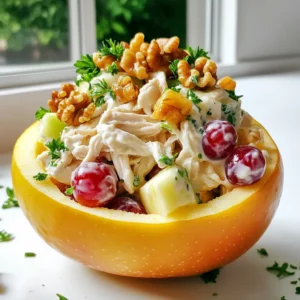 - 2 cups cooked chicken breast, shredded - 1 large apple, cored and diced - 1 cup red seedless grapes, halved - 1/2 cup walnuts, roughly chopped - 1/3 cup celery, finely chopped - 1/4 cup red onion, finely diced I love using cooked chicken breast for this salad. It adds protein and flavor. You can use leftover chicken or rotisserie chicken for ease. I suggest a crisp apple like Honeycrisp. It adds a sweet crunch. Red grapes bring a burst of juicy sweetness. Walnuts add a nice crunch and healthy fats. Celery and red onion provide freshness and a bit of bite. - 1/2 cup plain Greek yogurt - 2 tablespoons honey - 1 tablespoon Dijon mustard - 1 tablespoon lemon juice - Salt and pepper to taste For the dressing, Greek yogurt gives a creamy base. Honey adds a touch of sweetness. Dijon mustard provides a bit of tang. Lemon juice brightens the flavors. Adjust salt and pepper to your taste. - Large mixing bowl - Small bowl for dressing - Whisk - Spoon for mixing You’ll need a large bowl to mix everything together. A small bowl works well for whisking the dressing. A whisk helps blend the dressing smoothly. A spoon makes mixing easy. - Combine the chicken, apple, grapes, walnuts, celery, and onion in a bowl. - Prepare the dressing separately in another bowl. - Mix the dressing with the salad ingredients until everything is well coated. When you combine these ingredients, the flavors start to shine. The chicken gives protein, while the apple and grapes add sweetness. The walnuts give a nice crunch, and celery and onion add freshness. This blend creates a dish that feels both cozy and bright. - Pour the dressing over the salad mixture. - Gently fold until well coated. - Adjust seasoning if necessary with salt and pepper. Make sure to fold gently to keep the grapes intact. You want that satisfying burst of flavor when you bite into them. Taste the salad after mixing. If it needs more salt or pepper, add a little. This step lets you personalize the flavor to your liking. - Cover and refrigerate for at least 30 minutes. - Serve on mixed greens or in sandwiches. - For a fun twist, serve in a hollowed-out apple. Chilling the salad allows the flavors to meld nicely. It also makes it extra refreshing. If you serve it in a hollowed-out apple, it looks great and adds more apple flavor. Garnish with fresh parsley and extra walnuts for a lovely touch. Enjoy your Harvest Chicken Salad with Apples and Grapes! - Best apple varieties for salads: Honeycrisp apples are my top choice. They stay crisp and add a sweet taste. Other great options are Granny Smith for tartness or Fuji for sweetness. - How to select fresh grapes: Look for firm, plump grapes with no soft spots. The color should be bright and vibrant. Fresh grapes should remain attached to their stems. - Tips for cutting vegetables: Use a sharp knife for neat slices. For celery, cut thin, even pieces. Dice the onion small for balanced flavor. - Preparation tips for meal prep: Cook your chicken in advance. Chop your apples and grapes right before serving. This keeps everything fresh and crunchy. - Storing salad components separately: Keep the dressing separate from the salad. This prevents soggy ingredients and keeps flavors bright. - Ways to ensure freshness: Store cut fruits in an airtight container. Use lemon juice on apples to prevent browning. - Spice and herb additions: Try adding a pinch of cinnamon for warmth. Fresh herbs like parsley or dill can brighten the dish. - Using different creamy dressings: Swap Greek yogurt for ranch or avocado dressing. Each option adds a unique twist to the flavor. - Customizing sweetness levels: Adjust the honey to match your taste. You can also add more fruit for extra sweetness if desired. {{image_2}} To make this salad nut-free, swap the walnuts for seeds. Sunflower seeds work great. They add crunch and flavor without nuts. You can also use pumpkin seeds for a different texture. Another option is to add more crunchy veggies. Try diced bell peppers or sliced radishes for that extra bite. If you don’t have cooked chicken, use canned chicken or rotisserie chicken. These options save time and taste great. For a vegetarian twist, chickpeas are a fantastic choice. They add protein and fiber, making the salad filling. You can mix in other fruits for seasonal flair. Consider pears, berries, or even citrus fruits like oranges. These fruits bring a fresh taste and color. Think about sweet versus savory combinations. Apples and grapes are sweet, but adding a touch of cheese can balance the flavors. Experiment and find your favorite mix! To keep your Harvest Chicken Salad fresh, store it in an airtight container. This helps prevent the salad from drying out. Place it in the fridge right after serving. The salad lasts for about three to four days when stored properly. Freezing this salad is not a good idea. The apples and grapes can become mushy when thawed. If you want to freeze it, consider freezing the chicken and dressing separately. This keeps the flavors fresh. Enjoying leftovers is easy! If you prefer a warm dish, heat the chicken separately and mix it back in. For a day-old salad, serve it on fresh greens or in a wrap. You can also add new ingredients like fresh nuts or herbs to brighten it up. You can add grains or legumes to make the salad heartier. Here are some great options: - Quinoa: This tiny grain packs a punch of protein. - Brown rice: A nutty flavor that adds texture. - Chickpeas: These legumes will boost protein and fiber. Mix any of these into your salad for extra bulk and nutrition. Yes, you can easily make this salad vegan. Here are some plant-based swaps: - Chicken: Use chickpeas, tofu, or tempeh as a protein source. - Greek yogurt: Substitute with vegan yogurt or silken tofu blended smooth. - Honey: Replace with maple syrup or agave nectar for sweetness. These changes keep the flavor while making it plant-based. Pair this salad with these side dishes for a complete meal: - Crusty bread: A nice baguette or sourdough goes well. - Soup: A light vegetable or chicken soup complements the salad. - Fresh fruit: Serve with a fruit platter for a sweet touch. These sides will round out your meal nicely. Absolutely! You can use other yogurts, but flavors may change: - Regular yogurt: It’s less thick than Greek yogurt but works fine. - Almond or coconut yogurt: These add a unique taste; be sure they are unsweetened. - Sour cream: It offers a tangy flavor but is not dairy-free. Experiment with these options to find your favorite flavor! This salad mixes cooked chicken, fresh fruit, and crunchy nuts for flavor. It’s easy to make with just a few steps, equipment, and simple ingredients. I shared tips on selecting the best fruits, making it in advance, and enhancing its taste. The variations allow you to customize it to your liking. Store leftovers properly to enjoy them later. Whether you serve it fresh or as a sandwich, this salad is a winner for any meal.