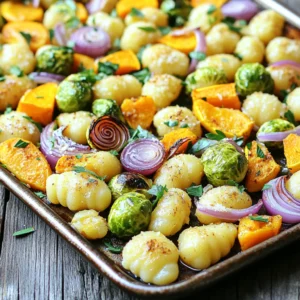- 1 pound fresh or frozen gnocchi - 2 cups butternut squash, diced - 1 cup Brussels sprouts, halved - 1 red onion, cut into wedges - 2 tablespoons olive oil - Spices: 1 teaspoon garlic powder, 1 teaspoon smoked paprika, salt, and pepper - 1/4 cup grated Parmesan cheese - Fresh parsley for garnish Gather these ingredients before you start cooking. The star of this dish is the gnocchi. You can use fresh or frozen gnocchi. Both work well and cook quickly. Butternut squash adds sweetness and body. Brussels sprouts give a nice crunch. The red onion brings a mild flavor. For cooking, olive oil is key. It helps everything crisp up nicely. The garlic powder and smoked paprika add depth. Salt and pepper bring out the flavors. If you like cheese, consider adding Parmesan. It melts beautifully over the dish. Fresh parsley adds a burst of color and freshness. You can use these ingredients to create a warm and hearty meal. - Preheat the oven to 425°F (220°C). - Toss together 2 cups of diced butternut squash, 1 cup of halved Brussels sprouts, and 1 red onion cut into wedges. - Drizzle with 1 tablespoon of olive oil. - Add 1 teaspoon of garlic powder, 1 teaspoon of smoked paprika, salt, and pepper to taste. - Spread the veggies in a single layer on a large sheet pan. - Bring a pot of salted water to a boil. - Cook 1 pound of fresh or frozen gnocchi according to the package instructions. - This usually takes about 2-3 minutes, or until the gnocchi float. - Drain the gnocchi and set them aside for later. - After 15 minutes, take the sheet pan from the oven. - Add the cooked gnocchi to the roasted vegetables. - Drizzle with the remaining 1 tablespoon of olive oil. - Toss everything gently to combine. - Return the sheet pan to the oven. - Roast for another 15-20 minutes until the gnocchi are crispy and the veggies are tender. - If you want cheese, sprinkle 1/4 cup of grated Parmesan cheese over the top in the last 5 minutes. - Once done, take it out of the oven and garnish with fresh parsley before serving. To make your gnocchi crispy, start by preheating your oven to 425°F (220°C). This high temperature helps create that golden crunch. Spread the gnocchi and veggies in a single layer on the sheet pan. This step is key. If they are too crowded, they will steam instead of roast. Aim for even spacing for the best results. Want to take your dish up a notch? Try adding fresh herbs like rosemary or thyme. They bring a wonderful flavor that pairs great with fall veggies. You can also sprinkle in some red pepper flakes for a bit of heat. Garlic powder and smoked paprika already add depth, but these extras can really shine. For a beautiful plate, use a large serving dish. Create a bed of veggies and gnocchi. If you want to impress, sprinkle grated Parmesan on top. It will melt slightly and add a nice touch. Finally, garnish with fresh parsley. The green color will pop and make your dish look fresh and inviting. {{image_2}} You can swap out the butternut squash, Brussels sprouts, and red onion for other seasonal veggies. Try adding: - Sweet potatoes for a hearty touch. - Carrots, cut into sticks for sweetness. - Cauliflower, chopped into florets for a nice crunch. - Zucchini, sliced for extra freshness. These options keep the dish colorful and tasty. Each veggie brings its own flavor and texture, making your meal unique. If you want to make this dish heartier, adding protein is easy. Consider these options: - Cooked chicken, diced for added protein. - Italian sausage, crumbled and browned for a spicy kick. - Tofu, cubed and baked for a plant-based choice. Adding protein makes this meal more filling and satisfying. You can mix and match to find the right balance for your taste. For those with dietary needs, there are simple swaps. You can use: - Gluten-free gnocchi made from rice or potato flour. - Vegan cheese or skip the cheese for a dairy-free option. These adjustments keep the dish friendly for various diets without losing flavor. Enjoy your meal while catering to your needs! To keep your gnocchi and veggies fresh, store them in an airtight container. Let them cool down first. This will help prevent steam buildup and sogginess. Place them in the fridge if you plan to eat them within three days. For longer storage, consider freezing them. When it's time to enjoy your leftovers, the oven is your best friend. Preheat your oven to 350°F (175°C). Spread the gnocchi and veggies on a baking sheet, drizzle with a little olive oil, and heat for about 15 minutes. This method keeps the gnocchi crispy and the veggies tender. You can also use a microwave, but it may make the gnocchi soft. To freeze your dish, cool it completely first. Transfer the gnocchi and veggies into freezer-safe bags or containers. Squeeze out as much air as possible to avoid freezer burn. You can freeze them for up to three months. When ready to eat, thaw in the fridge overnight before reheating. This will help maintain the best texture and flavor. Gnocchi is a soft dumpling made from potatoes, flour, and egg. It is different from pasta, which is usually made from wheat and water. Gnocchi has a light, fluffy texture. Pasta often has a firmer bite. You can enjoy gnocchi in many sauces, but it shines when roasted like in this dish. The crispy edges add a delightful crunch. Yes, you can use frozen vegetables. They save time and are often just as healthy. Just make sure to thaw them before cooking. If you skip this step, they may release too much water. This can make the dish soggy instead of crispy. Frozen vegetables are a great choice for quick meals. Gnocchi is cooked when it floats in boiling water. This usually takes about 2-3 minutes. If you want to check, taste one. It should feel soft and tender. For this recipe, you will roast the gnocchi after boiling. This gives it a crispy texture that's truly satisfying. Adding cheese is not necessary but can enhance flavor. You can use Parmesan for a salty kick. If you want to skip cheese, try nutritional yeast for a cheesy taste without dairy. You can also use a squeeze of lemon juice for brightness. This adds flavor and keeps the dish fresh. This blog covered a simple and tasty recipe for gnocchi with roasted veggies. You learned about the main ingredients, cooking steps, and useful tips to enhance the dish. The blog also provided storage info and variations to suit your taste. Feel free to adjust ingredients or add proteins for a personal touch. Enjoy this satisfying meal that is easy to make and full of flavor!