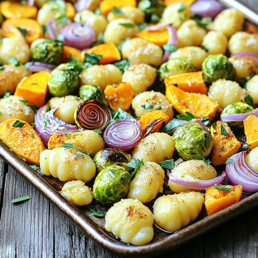 - 1 pound fresh or frozen gnocchi - 2 cups butternut squash, diced - 1 cup Brussels sprouts, halved - 1 red onion, cut into wedges - 2 tablespoons olive oil - Spices: 1 teaspoon garlic powder, 1 teaspoon smoked paprika, salt, and pepper - ¼ cup grated Parmesan cheese - Fresh parsley for garnish Gather these ingredients before you start cooking. The star of this dish is the gnocchi. You can use fresh or frozen gnocchi. Both work well and cook quickly. Butternut squash adds sweetness and body. Brussels sprouts give a nice crunch. The red onion brings a mild flavor. For cooking, olive oil is key. It helps everything crisp up nicely. The garlic powder and smoked paprika add depth. Salt and pepper bring out the flavors. If you like cheese, consider adding Parmesan. It melts beautifully over the dish. Fresh parsley adds a burst of color and freshness. You can use these ingredients to create a warm and hearty meal. - Preheat the oven to 425°F (220°C). - Toss together 2 cups of diced butternut squash, 1 cup of halved Brussels sprouts, and 1 red onion cut into wedges. - Drizzle with 1 tablespoon of olive oil. - Add 1 teaspoon of garlic powder, 1 teaspoon of smoked paprika, salt, and pepper to taste. - Spread the veggies in a single layer on a large sheet pan. - Bring a pot of salted water to a boil. - Cook 1 pound of fresh or frozen gnocchi according to the package instructions. - This usually takes about 2-3 minutes, or until the gnocchi float. - Drain the gnocchi and set them aside for later. - After 15 minutes, take the sheet pan from the oven. - Add the cooked gnocchi to the roasted vegetables. - Drizzle with the remaining 1 tablespoon of olive oil. - Toss everything gently to combine. - Return the sheet pan to the oven. - Roast for another 15-20 minutes until the gnocchi are crispy and the veggies are tender. - If you want cheese, sprinkle ¼ cup of grated Parmesan cheese over the top in the last 5 minutes. - Once done, take it out of the oven and garnish with fresh parsley before serving. To make your gnocchi crispy, start by preheating your oven to 425°F (220°C). This high temperature helps create that golden crunch. Spread the gnocchi and veggies in a single layer on the sheet pan. This step is key. If they are too crowded, they will steam instead of roast. Aim for even spacing for the best results. Want to take your dish up a notch? Try adding fresh herbs like rosemary or thyme. They bring a wonderful flavor that pairs great with fall veggies. You can also sprinkle in some red pepper flakes for a bit of heat. Garlic powder and smoked paprika already add depth, but these extras can really shine. For a beautiful plate, use a large serving dish. Create a bed of veggies and gnocchi. If you want to impress, sprinkle grated Parmesan on top. It will melt slightly and add a nice touch. Finally, garnish with fresh parsley. The green color will pop and make your dish look fresh and inviting. {{image_2}} You can swap out the butternut squash, Brussels sprouts, and red onion for other seasonal veggies. Try adding: - Sweet potatoes for a hearty touch. - Carrots, cut into sticks for sweetness. - Cauliflower, chopped into florets for a nice crunch. - Zucchini, sliced for extra freshness. These options keep the dish colorful and tasty. Each veggie brings its own flavor and texture, making your meal unique. If you want to make this dish heartier, adding protein is easy. Consider these options: - Cooked chicken, diced for added protein. - Italian sausage, crumbled and browned for a spicy kick. - Tofu, cubed and baked for a plant-based choice. Adding protein makes this meal more filling and satisfying. You can mix and match to find the right balance for your taste. For those with dietary needs, there are simple swaps. You can use: - Gluten-free gnocchi made from rice or potato flour. - Vegan cheese or skip the cheese for a dairy-free option. These adjustments keep the dish friendly for various diets without losing flavor. Enjoy your meal while catering to your needs! To keep your gnocchi and veggies fresh, store them in an airtight container. Let them cool down first. This will help prevent steam buildup and sogginess. Place them in the fridge if you plan to eat them within three days. For longer storage, consider freezing them. When it's time to enjoy your leftovers, the oven is your best friend. Preheat your oven to 350°F (175°C). Spread the gnocchi and veggies on a baking sheet, drizzle with a little olive oil, and heat for about 15 minutes. This method keeps the gnocchi crispy and the veggies tender. You can also use a microwave, but it may make the gnocchi soft. To freeze your dish, cool it completely first. Transfer the gnocchi and veggies into freezer-safe bags or containers. Squeeze out as much air as possible to avoid freezer burn. You can freeze them for up to three months. When ready to eat, thaw in the fridge overnight before reheating. This will help maintain the best texture and flavor. Gnocchi is a soft dumpling made from potatoes, flour, and egg. It is different from pasta, which is usually made from wheat and water. Gnocchi has a light, fluffy texture. Pasta often has a firmer bite. You can enjoy gnocchi in many sauces, but it shines when roasted like in this dish. The crispy edges add a delightful crunch. Yes, you can use frozen vegetables. They save time and are often just as healthy. Just make sure to thaw them before cooking. If you skip this step, they may release too much water. This can make the dish soggy instead of crispy. Frozen vegetables are a great choice for quick meals. Gnocchi is cooked when it floats in boiling water. This usually takes about 2-3 minutes. If you want to check, taste one. It should feel soft and tender. For this recipe, you will roast the gnocchi after boiling. This gives it a crispy texture that's truly satisfying. Adding cheese is not necessary but can enhance flavor. You can use Parmesan for a salty kick. If you want to skip cheese, try nutritional yeast for a cheesy taste without dairy. You can also use a squeeze of lemon juice for brightness. This adds flavor and keeps the dish fresh. This blog covered a simple and tasty recipe for gnocchi with roasted veggies. You learned about the main ingredients, cooking steps, and useful tips to enhance the dish. The blog also provided storage info and variations to suit your taste. Feel free to adjust ingredients or add proteins for a personal touch. Enjoy this satisfying meal that is easy to make and full of flavor!