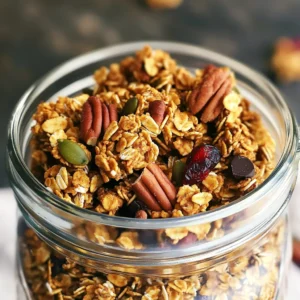 - 2 cups rolled oats - 1 cup pumpkin seeds - 1/2 cup chopped pecans - 1/2 cup maple syrup - 1/2 cup creamy almond butter - 1 teaspoon vanilla extract - 2 teaspoons pumpkin spice mix (cinnamon, nutmeg, ginger, allspice) - 1/2 teaspoon salt - 1/2 cup dried cranberries or raisins (optional) - 1/4 cup dark chocolate chips (optional) Each ingredient plays a key role in the flavor and texture of the granola. - Rolled oats provide a hearty base. They are rich in fiber and help keep you full. - Pumpkin seeds add crunch and are a good source of protein and healthy fats. - Chopped pecans bring a nutty taste and heart-healthy oils. - Maple syrup serves as a natural sweetener, adding depth to the flavor. - Almond butter gives creaminess and boosts protein content. - Vanilla extract enhances the overall taste, making it more inviting. - Pumpkin spice mix infuses warm flavors that remind you of fall. - Salt brightens all the flavors. - Dried cranberries or raisins add a sweet contrast. - Dark chocolate chips can make it a treat, adding richness. You can adjust this recipe to meet different dietary needs easily. - Use gluten-free oats if you avoid gluten. - Substitute sunflower seeds for pumpkin seeds if you have nut allergies. - Swap peanut butter for almond butter for a different flavor. - Use honey instead of maple syrup if you prefer. - For a vegan option, ensure your almond butter and syrup are vegan-friendly. These swaps make this recipe flexible and enjoyable for everyone! To make pumpkin spice granola clusters, follow these easy steps. First, preheat your oven to 350°F (175°C). This step helps the granola cook evenly. Line a baking sheet with parchment paper, so the granola does not stick. In a large bowl, mix 2 cups of rolled oats, 1 cup of pumpkin seeds, and 1/2 cup of chopped pecans. Add 2 teaspoons of pumpkin spice mix and 1/2 teaspoon of salt to the bowl. Stir these dry ingredients well. Next, in another bowl, whisk together 1/2 cup of maple syrup, 1/2 cup of creamy almond butter, and 1 teaspoon of vanilla extract. Blend these until smooth. Pour this wet mixture over your dry ingredients. Stir everything together until the oats and seeds are fully coated. If you like, you can fold in 1/2 cup of dried cranberries or raisins and 1/4 cup of dark chocolate chips for extra flavor. Spread the mixture evenly on the baking sheet. Press it down firmly to help form clusters. Bake the granola in your preheated oven for 20 to 25 minutes. Stir halfway through to ensure even cooking. Once golden brown, take it out and let it cool on the sheet. The granola will become crunchy as it cools. After it cools, break it into clusters and store in an airtight container. Mixing dry and wet ingredients well is key. Make sure your dry ingredients are combined fully before adding wet ones. This helps the flavors mix nicely. When you pour the wet mixture, stir quickly. You want every piece of oat and seed coated. This will help form great clusters later. Consider using a spatula for better mixing. A spatula helps scrape the sides of the bowl. You can also avoid lumps by mixing gently but thoroughly. Take your time with this step. It sets the stage for your granola's taste. Baking granola for the right time is very important. Keep an eye on it in the oven. If you bake it too long, it can burn. If it's underbaked, it won’t get crunchy. Stirring halfway through helps everything cook evenly. Press the mixture down firmly on the baking sheet. This step helps create bigger clusters. After baking, let it cool completely. This cooling time is when it gets that nice crunch. If you want more texture, you can break it into smaller pieces after it's cool. Enjoy your delicious pumpkin spice granola clusters! To get those perfect crunchy granola clusters, follow these steps. First, press the mixture down firmly on the baking sheet. This helps the clusters stick together. Second, bake until golden brown, stirring only halfway. This keeps the clusters intact and crisp. Lastly, let them cool completely on the sheet. The cooling process makes them crunchy. Store your granola clusters in an airtight container. This keeps them fresh and crunchy. I recommend using glass jars or plastic containers with tight lids. Keep them in a cool, dry place. Avoid moisture or heat, as they can make your granola soft. If you want to extend freshness, consider the fridge. Adding extras can boost your granola's flavor. Dried cranberries or raisins add sweetness and chewiness. Chocolate chips create a nice contrast with the spices. You can also try coconut flakes for a tropical twist. Just mix them into the granola after combining the wet and dry ingredients. Experiment with your favorites! {{image_2}} You can change up your pumpkin spice granola clusters with seasonal flavors. In fall, add apples or pears. For winter, try dried cherries or walnuts. In spring, opt for fresh berries. Each season brings new tastes to enjoy. This way, you keep your granola fresh and exciting. If you want a nut-free option, you can swap out nuts for seeds. Use sunflower seeds or hemp seeds instead. These swaps still provide crunch and nutrition. If you avoid gluten, choose certified gluten-free oats. You can also make this vegan by using maple syrup only. Switching sweeteners can change the flavor and texture of your granola. You can use honey, agave syrup, or coconut sugar. Each sweetener has its own taste and sweetness level. If using sugar, remember to adjust the amount. This can help keep your clusters crunchy and tasty. To keep your pumpkin spice granola clusters fresh, store them in an airtight container. This helps to keep moisture out. You can use a glass jar or a plastic container with a tight seal. Avoid storing them in warm places, as heat can make them soggy. A cool and dry spot in your kitchen works best. When stored correctly, pumpkin spice granola clusters can last up to two weeks. For the best taste, enjoy them within the first week. After this time, they may lose their crunch. Always check for any signs of spoilage, like off smells or a change in texture. If you want to keep your granola clusters for longer, freezing is a great option. Place the clusters in a freezer-safe bag. Make sure to remove as much air as possible. You can keep them in the freezer for up to three months. When you’re ready to eat them, just thaw them at room temperature for a few hours. They will be just as tasty! Yes, you can use quick oats. Quick oats cook faster and can make softer clusters. However, rolled oats give a better crunch. They hold their shape well when baked. If you prefer a chewier texture, stick with rolled oats. To avoid added sugar, use ripe bananas or applesauce. These natural sweeteners help bind the mixture. You can also try using unsweetened nut butters. They add creaminess without extra sugar. Mix these in with the dry ingredients for a tasty, healthy option. You can find ready-made clusters at many grocery stores. Look in the health food aisle or the cereal section. Some brands focus on natural ingredients. You can also check online for specialty products. Many bakeries sell fresh granola, too. We explored making delicious pumpkin spice granola clusters together. You learned about key ingredients, their benefits, and easy substitutes. I shared simple steps to create perfect, crunchy clusters. You also found helpful tips on storage and variations to suit your taste. Whether you want a seasonal treat or a healthy snack, this granola fits the bill. Enjoy experimenting and making it your own. Your kitchen could fill with amazing fall flavors soon!