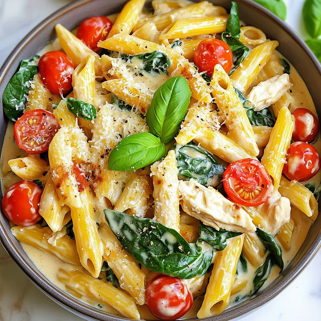 - 1 lb chicken breast, diced - 2 tablespoons olive oil - 3 cloves garlic, minced - 1 cup cherry tomatoes, halved - 2 cups baby spinach - 1 cup heavy cream - 2 cups chicken broth - 10 oz penne pasta - ½ cup grated Parmesan cheese - 1 teaspoon dried Italian herbs - Salt and pepper to taste - Fresh basil for garnish When you gather these ingredients, you set the stage for a delicious meal. Each item plays a key role. The chicken breast adds protein and richness. Olive oil brings a nice fat that helps cook the chicken and adds flavor. Garlic gives that wonderful aroma that fills your kitchen. Cherry tomatoes burst with freshness, while baby spinach adds color and nutrients. Dairy is where the magic happens. Heavy cream creates a smooth sauce that coats the pasta. Chicken broth enhances the flavor of the dish. Penne pasta holds the sauce well, making every bite creamy and satisfying. Grated Parmesan cheese adds a salty finish that elevates the whole dish. The seasonings tie it all together. Dried Italian herbs provide depth and warmth. Salt and pepper are essential for balancing flavors. Lastly, fresh basil not only looks nice but offers a pop of freshness. Having these ingredients ready will make cooking a breeze! First, heat 2 tablespoons of olive oil in a large pot over medium heat. Add 1 pound of diced chicken breast. Season the chicken with salt and pepper. Sauté the chicken for about 5 to 7 minutes, until it is browned and cooked through. Once done, remove the chicken from the pot and set it aside. In the same pot, add 3 cloves of minced garlic. Sauté for about 30 seconds until it smells good. Next, add 1 cup of halved cherry tomatoes and 1 teaspoon of dried Italian herbs. Cook this mixture for 2 to 3 minutes until the tomatoes soften. Then, pour in 2 cups of chicken broth and bring it to a simmer. Now, it’s time to add the pasta. Stir in 10 ounces of penne pasta. Cover the pot and cook for 10 to 12 minutes. Stir occasionally. You want the pasta to be al dente, which means it should be firm but not hard. Once the pasta is ready, lower the heat. Stir in 1 cup of heavy cream and ½ cup of grated Parmesan cheese. Mix well until the sauce is creamy. Add the cooked chicken back into the pot along with 2 cups of baby spinach. Stir until the spinach wilts and everything is heated through, which takes about 2 minutes. Taste and adjust the seasoning with salt and pepper. Seasoning is key to making this dish shine. Salt and pepper boost the taste of the chicken and pasta. You can also swap dried Italian herbs for others like oregano or thyme. They each add a unique touch. Fresh herbs like basil or parsley can brighten the flavor further. Good sautéing makes all the difference. Make sure the oil is hot before adding chicken. This helps it brown nicely. When making a creamy sauce, keep the heat low after adding cream. High heat can cause it to separate. Stir gently to keep it smooth and rich. Serve your pasta in wide bowls to show off the colors. Top each serving with fresh basil and a sprinkle of Parmesan cheese. This adds a nice pop and makes it look fancy. You can also drizzle a bit of olive oil for shine and flavor. {{image_2}} You can change the protein in this dish to suit your taste. If you like seafood, try shrimp. Cook the shrimp just like the chicken. They will only need a few minutes to sauté. You can also use turkey for a leaner option. Just make sure to cook it fully before adding the other ingredients. For plant-based options, tofu is a great choice. Use firm tofu and sauté it until golden. Chickpeas also work well. They add protein and a nice texture. Just stir them in when you add the spinach. If you're looking for gluten-free options, consider using rice pasta or quinoa pasta. Both cook well and taste great. You can also try whole wheat pasta for a nuttier flavor. Different pasta shapes can change the experience. Fusilli, farfalle, or even spaghetti can make this dish unique. Each shape holds the creamy sauce differently, adding fun to your meal. Want to boost the flavor? Add sun-dried tomatoes for a rich, tangy taste. You can also toss in artichokes for a touch of earthiness. Both add color and depth to the dish. Cheese lovers can experiment with different types of cheese. Try mozzarella for a gooey texture or feta for a salty kick. Mixing cheeses can create a more complex flavor profile. To keep your One-Pot Creamy Tuscan Chicken Pasta fresh, store it in an airtight container. Place it in the fridge as soon as it cools. This helps to keep the flavors intact. Leftovers stay good for about three days. After that, the cream sauce may separate. To reheat, you can use a microwave or stovetop. If using a microwave, heat in short bursts. Stir in between to avoid hot spots. For stovetop, place it in a pan over low heat. Add a splash of chicken broth to keep it creamy. Stir until warm. If you want to freeze this dish, use a freezer-safe container. Make sure to leave some space at the top, as the pasta may expand. When it’s time to eat, thaw it in the fridge overnight. Reheat it on the stovetop, adding a little cream or broth to restore its smooth texture. You can use several options to replace heavy cream. Here are some choices: - Milk and Butter: Mix ¾ cup of milk with ¼ cup of melted butter. - Half-and-Half: This works well for a lighter option. - Coconut Cream: Great for a dairy-free version. - Greek Yogurt: Adds creaminess with a tangy flavor. - Silken Tofu: Blend it until smooth for a vegan choice. These substitutes will change the taste slightly, but they can still work well. To add some heat to your dish, try these tips: - Red Pepper Flakes: Sprinkle some in while cooking. - Hot Sauce: Stir in a bit before serving. - Jalapeños: Add diced jalapeños for fresh heat. - Spicy Italian Sausage: Swap out chicken for this for a hearty kick. These options can make your pasta pop with flavor. Yes, you can prepare this dish in advance. Here’s how: - Meal Prep Tips: Cook the chicken and sauce, then store them separately. This keeps flavors fresh. - Storing: Place leftovers in an airtight container. It will stay good for about 3-4 days in the fridge. - Reheating Instructions: Warm it in a pot over low heat. Add a splash of broth to keep it creamy. You can also microwave it, but stir it well to heat evenly. Making this recipe ahead saves time on busy days. This recipe combines chicken, pasta, and tasty herbs for a delightful meal. You learned how to sauté chicken and create a creamy sauce. The cooking steps are simple, and tips will help you make it better. Don't forget to explore variations for unique flavors. Store leftovers properly to enjoy later. I hope you feel confident making this dish. It can be a hit at any meal!