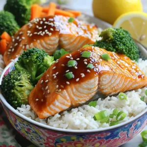 - 2 salmon fillets (about 6 oz each) - 1/4 cup teriyaki sauce - 1 tablespoon sesame oil - 2 cups cooked jasmine rice - 1 cup broccoli florets - 1/2 cup carrots, thinly sliced - 2 green onions, chopped - 1 tablespoon sesame seeds - Salt and pepper to taste The main stars of this dish are the salmon fillets, which bring a rich flavor and healthy fats. The teriyaki sauce adds a sweet and savory glaze that pairs perfectly with the fish. I love using sesame oil for its nutty aroma and taste. Next, we have the accompaniments. Jasmine rice serves as a fluffy base for the bowl. It soaks up all the delicious flavors. Broccoli florets and sliced carrots add color and crunch. They give the dish a fresh feel, making it more vibrant and nutritious. For garnishes, I always sprinkle chopped green onions and sesame seeds. They add a burst of flavor and a nice texture. A dash of salt and pepper enhances everything, making each bite even better. With these ingredients, you can create a quick and tasty meal in just 15 minutes! To start, take a large skillet and heat the sesame oil over medium heat. Add the broccoli florets and thinly sliced carrots. Sauté them for about 3 to 4 minutes. You want them to be tender-crisp. This keeps the veggies bright and crunchy. After that, season with salt and pepper for taste. Once done, remove them from the skillet and set them aside. Next, in the same skillet, place the salmon fillets skin-side down. Pour half of the teriyaki sauce over the top. Cook the salmon for about 4 to 5 minutes. It should look golden and slightly caramelized. Carefully flip the fillets and pour the rest of the teriyaki sauce on top. Cook for another 2 to 3 minutes until the salmon is just barely cooked through. It should flake easily with a fork. For assembly, take each bowl and add a generous scoop of cooked jasmine rice. This rice is fluffy and perfect for soaking up the sauce. Next, layer the sautéed vegetables on top of the rice. Finally, place a salmon fillet in each bowl. To finish, sprinkle chopped green onions and sesame seeds on top. This adds a nice crunch and flavor. For a visual pop, use colorful bowls. A slice of lemon on the side gives a fresh zing. - Prepping ingredients in advance: You can save time by getting ready before you cook. Chop the broccoli and carrots the night before. Store them in the fridge until you are ready to use them. You can also measure out the teriyaki sauce and sesame oil. This way, when you start cooking, everything is ready to go. - Utilizing leftover rice: If you have leftover rice, use it! Leftover jasmine rice heats up well and adds great flavor to your bowls. Just microwave it for a minute or two before serving. This cuts down on cooking time and makes your meal come together even faster. - Suggested seasoning additions: To make your dish even better, try adding garlic or ginger. A little minced garlic gives a nice kick. Fresh ginger adds warmth and depth to the dish. Just sauté them with the vegetables for extra flavor. - Using homemade vs store-bought teriyaki sauce: Store-bought sauces are quick and easy, but homemade ones can taste better. If you have time, try making your own teriyaki sauce. Mix soy sauce, mirin, and sugar for a simple version. This allows you to control the sweetness and saltiness. - Ensuring perfectly cooked salmon: Cooking salmon can be tricky. Always cook it skin-side down first. This helps keep it moist. Cook for about 4-5 minutes, then flip it. Pour the remaining teriyaki sauce on top for flavor. The salmon is done when it flakes easily with a fork. - Alternative cooking methods (grilling, baking): If you prefer grilling, that works great too! Grill the salmon for about 4-5 minutes on each side. Baking is another option. Just place the salmon in the oven at 400°F for 10-12 minutes. Both methods give a nice char and flavor. {{image_2}} You can change the vegetables in your teriyaki salmon rice bowls for fun and color. Broccoli and carrots are great, but you can try: - Bell peppers for sweetness - Snap peas for crunch - Spinach for extra nutrients Seasonal vegetables work well too. In summer, add zucchini or corn. In fall, use squash or kale. This keeps your meal fresh and exciting! If you want a different protein, chicken works well. Use boneless chicken thighs or breasts. Cook them like the salmon for about 5-7 minutes. Tofu is a great choice for a plant-based meal. Press and cube firm tofu. Sauté it in sesame oil until golden. Then, add your teriyaki sauce. For a unique twist, use tempeh. It has a nutty flavor that pairs nicely! You can change the sauce to mix things up. Miso adds depth, while honey gives a sweet touch. If you like heat, try adding: - Red pepper flakes for a kick - Sriracha for bold spice These little changes can make your teriyaki salmon rice bowls lively and fun! Enjoy experimenting with flavors and textures! To keep your teriyaki salmon fresh, use airtight containers. Glass containers work best, but plastic ones are fine, too. Store the salmon and rice separately to keep the rice fluffy. In the fridge, leftovers last about 2-3 days. If you want to keep them longer, freeze the salmon and rice. They can stay good in the freezer for about 2 months. When reheating salmon, do it gently to avoid drying it out. Use a microwave or a skillet with low heat. If using a microwave, cover the salmon with a damp paper towel. This will help keep it moist. For the rice, add a splash of water before microwaving to keep it fluffy. Stir it every 30 seconds until it's warm. You can transform leftover salmon into tasty dishes. Try flaking it into a salad with fresh greens and your favorite dressing. Or, wrap it in a tortilla with some veggies for a fun lunch. You can even mix the salmon with scrambled eggs for breakfast. These ideas help you enjoy your meal in new ways! It takes just 15 minutes to prepare Teriyaki Salmon Rice Bowls. The prep time is about 5 minutes. Cooking the meal takes around 10 minutes. This quick dish is perfect for a busy night. Yes, you can meal prep these bowls. Cook the salmon and veggies in advance. Store them in separate containers in the fridge. When you’re ready to eat, just heat and assemble. This makes for a fast lunch or dinner. If you don’t have salmon, you can use other proteins. Chicken breast works well and cooks quickly. Tofu is a great choice for a plant-based option. Shrimp also makes a tasty alternative. These swaps keep the dish flavorful and fun! This blog post covered how to make delicious Teriyaki Salmon Rice Bowls. We discussed the main ingredients, cooking steps, and helpful tips. You learned how to choose the best vegetables and proteins, along with storage and reheat instructions. Don't forget, you can mix and match flavors and ingredients. Experimenting can lead to new favorite meals! Enjoy preparing this easy dish and make it your own. Simple steps make tasty food. You'll impress your family and friends with these bowls!