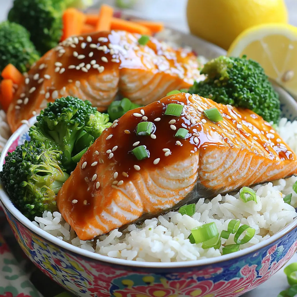 - 2 salmon fillets (about 6 oz each) - ¼ cup teriyaki sauce - 1 tablespoon sesame oil - 2 cups cooked jasmine rice - 1 cup broccoli florets - ½ cup carrots, thinly sliced - 2 green onions, chopped - 1 tablespoon sesame seeds - Salt and pepper to taste The main stars of this dish are the salmon fillets, which bring a rich flavor and healthy fats. The teriyaki sauce adds a sweet and savory glaze that pairs perfectly with the fish. I love using sesame oil for its nutty aroma and taste. Next, we have the accompaniments. Jasmine rice serves as a fluffy base for the bowl. It soaks up all the delicious flavors. Broccoli florets and sliced carrots add color and crunch. They give the dish a fresh feel, making it more vibrant and nutritious. For garnishes, I always sprinkle chopped green onions and sesame seeds. They add a burst of flavor and a nice texture. A dash of salt and pepper enhances everything, making each bite even better. With these ingredients, you can create a quick and tasty meal in just 15 minutes! To start, take a large skillet and heat the sesame oil over medium heat. Add the broccoli florets and thinly sliced carrots. Sauté them for about 3 to 4 minutes. You want them to be tender-crisp. This keeps the veggies bright and crunchy. After that, season with salt and pepper for taste. Once done, remove them from the skillet and set them aside. Next, in the same skillet, place the salmon fillets skin-side down. Pour half of the teriyaki sauce over the top. Cook the salmon for about 4 to 5 minutes. It should look golden and slightly caramelized. Carefully flip the fillets and pour the rest of the teriyaki sauce on top. Cook for another 2 to 3 minutes until the salmon is just barely cooked through. It should flake easily with a fork. For assembly, take each bowl and add a generous scoop of cooked jasmine rice. This rice is fluffy and perfect for soaking up the sauce. Next, layer the sautéed vegetables on top of the rice. Finally, place a salmon fillet in each bowl. To finish, sprinkle chopped green onions and sesame seeds on top. This adds a nice crunch and flavor. For a visual pop, use colorful bowls. A slice of lemon on the side gives a fresh zing. - Prepping ingredients in advance: You can save time by getting ready before you cook. Chop the broccoli and carrots the night before. Store them in the fridge until you are ready to use them. You can also measure out the teriyaki sauce and sesame oil. This way, when you start cooking, everything is ready to go. - Utilizing leftover rice: If you have leftover rice, use it! Leftover jasmine rice heats up well and adds great flavor to your bowls. Just microwave it for a minute or two before serving. This cuts down on cooking time and makes your meal come together even faster. - Suggested seasoning additions: To make your dish even better, try adding garlic or ginger. A little minced garlic gives a nice kick. Fresh ginger adds warmth and depth to the dish. Just sauté them with the vegetables for extra flavor. - Using homemade vs store-bought teriyaki sauce: Store-bought sauces are quick and easy, but homemade ones can taste better. If you have time, try making your own teriyaki sauce. Mix soy sauce, mirin, and sugar for a simple version. This allows you to control the sweetness and saltiness. - Ensuring perfectly cooked salmon: Cooking salmon can be tricky. Always cook it skin-side down first. This helps keep it moist. Cook for about 4-5 minutes, then flip it. Pour the remaining teriyaki sauce on top for flavor. The salmon is done when it flakes easily with a fork. - Alternative cooking methods (grilling, baking): If you prefer grilling, that works great too! Grill the salmon for about 4-5 minutes on each side. Baking is another option. Just place the salmon in the oven at 400°F for 10-12 minutes. Both methods give a nice char and flavor. {{image_2}} You can change the vegetables in your teriyaki salmon rice bowls for fun and color. Broccoli and carrots are great, but you can try: - Bell peppers for sweetness - Snap peas for crunch - Spinach for extra nutrients Seasonal vegetables work well too. In summer, add zucchini or corn. In fall, use squash or kale. This keeps your meal fresh and exciting! If you want a different protein, chicken works well. Use boneless chicken thighs or breasts. Cook them like the salmon for about 5-7 minutes. Tofu is a great choice for a plant-based meal. Press and cube firm tofu. Sauté it in sesame oil until golden. Then, add your teriyaki sauce. For a unique twist, use tempeh. It has a nutty flavor that pairs nicely! You can change the sauce to mix things up. Miso adds depth, while honey gives a sweet touch. If you like heat, try adding: - Red pepper flakes for a kick - Sriracha for bold spice These little changes can make your teriyaki salmon rice bowls lively and fun! Enjoy experimenting with flavors and textures! To keep your teriyaki salmon fresh, use airtight containers. Glass containers work best, but plastic ones are fine, too. Store the salmon and rice separately to keep the rice fluffy. In the fridge, leftovers last about 2-3 days. If you want to keep them longer, freeze the salmon and rice. They can stay good in the freezer for about 2 months. When reheating salmon, do it gently to avoid drying it out. Use a microwave or a skillet with low heat. If using a microwave, cover the salmon with a damp paper towel. This will help keep it moist. For the rice, add a splash of water before microwaving to keep it fluffy. Stir it every 30 seconds until it's warm. You can transform leftover salmon into tasty dishes. Try flaking it into a salad with fresh greens and your favorite dressing. Or, wrap it in a tortilla with some veggies for a fun lunch. You can even mix the salmon with scrambled eggs for breakfast. These ideas help you enjoy your meal in new ways! It takes just 15 minutes to prepare Teriyaki Salmon Rice Bowls. The prep time is about 5 minutes. Cooking the meal takes around 10 minutes. This quick dish is perfect for a busy night. Yes, you can meal prep these bowls. Cook the salmon and veggies in advance. Store them in separate containers in the fridge. When you’re ready to eat, just heat and assemble. This makes for a fast lunch or dinner. If you don’t have salmon, you can use other proteins. Chicken breast works well and cooks quickly. Tofu is a great choice for a plant-based option. Shrimp also makes a tasty alternative. These swaps keep the dish flavorful and fun! This blog post covered how to make delicious Teriyaki Salmon Rice Bowls. We discussed the main ingredients, cooking steps, and helpful tips. You learned how to choose the best vegetables and proteins, along with storage and reheat instructions. Don't forget, you can mix and match flavors and ingredients. Experimenting can lead to new favorite meals! Enjoy preparing this easy dish and make it your own. Simple steps make tasty food. You'll impress your family and friends with these bowls!