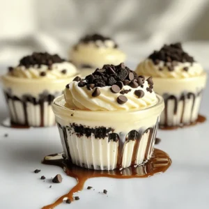 - 8 oz cream cheese, softened - 1/2 cup powdered sugar - 1/2 tsp vanilla extract - 1 cup whipped cream (store-bought or homemade) - 10 Oreo cookies, crushed (plus extra for topping) - 1/2 cup sour cream - 1/4 cup milk - 1 tbsp unsweetened cocoa powder (for extra chocolate flavor) - Mini chocolate chips (for extra sweetness) - Extra crushed Oreo cookies (for a crunchy finish) In this recipe, I focus on simple, tasty ingredients. Cream cheese gives a rich base. Powdered sugar adds sweetness, while vanilla extract lifts the flavor. Whipped cream brings a light, airy texture. Crushed Oreos add a delicious crunch. Sour cream makes the mixture creamy, and milk helps achieve the right consistency. For those who love chocolate, adding cocoa powder is a great choice. It boosts the chocolate taste and makes these cups even more decadent. When it comes to garnishes, mini chocolate chips offer an extra treat on top. Crushed Oreos not only look great but also add texture. These toppings make each bite fun and exciting. Gather these ingredients, and you're ready to create a dessert that impresses everyone! Start by taking 8 oz of softened cream cheese. Place it in a large mixing bowl. Beat it with an electric mixer until smooth and creamy. This step is key for a fluffy texture. Next, add 1/2 cup of powdered sugar and 1/2 tsp of vanilla extract. Mix until everything is well blended. Now, gently fold in 1 cup of whipped cream. Be careful not to deflate it. The whipped cream adds a lightness that makes the cheesecake delicious. In a separate bowl, take 10 crushed Oreo cookies. Combine them with 1/2 cup of sour cream and 1/4 cup of milk. Mix until the cookies are fully coated. This will give your base a rich, creamy flavor. If you want a chocolate kick, add 1 tbsp of unsweetened cocoa powder. Mix again until it’s smooth. This step makes the flavor pop and adds depth to your dessert. Now, it’s time to layer your dessert. Take small cups or mini jars and spoon the cheesecake mixture into them. Fill each cup about 3/4 full. This gives enough space for garnishes and keeps it from overflowing. Next, take some crushed Oreo cookies and sprinkle them on top of each cup. This adds a crunchy texture and a nice look. You can also add mini chocolate chips for an extra treat if you like. Once assembled, refrigerate the cheesecake cups for at least 2 hours. This time allows the flavors to meld and the cheesecake to set. Before serving, feel free to add more crushed Oreos or chocolate chips on top. For a special touch, drizzle some chocolate syrup around the base of the cups. This makes the dessert even more appealing. Enjoy the process, and get ready for smiles when you serve these delicious treats! To get the best texture, use softened cream cheese. This makes it easy to mix. Beat it until smooth and creamy. When you add the whipped cream, fold it in gently. This keeps the mixture light and fluffy. If you want a richer taste, use full-fat cream cheese. It adds more creaminess. One common mistake is over-mixing the whipped cream. This can make your cheesecake dense. Be careful when folding it into the cream cheese mix. Another mistake is not chilling the cups long enough. They need at least 2 hours to set. If you skip this step, they may not hold their shape. Serve your cheesecake cups chilled for the best taste. You can place them on a nice tray. Drizzle some chocolate syrup around the base for a fancy touch. For added flair, sprinkle mini chocolate chips or crushed Oreos on top. This makes your dessert look as good as it tastes! {{image_2}} You can mix things up with different flavors. Try using peanut butter cookies instead of Oreos. This gives a rich nutty taste. You could also use chocolate sandwich cookies for an extra chocolatey treat. Imagine using mint cookies for a fresh twist! Vanilla wafers can make a delightful change too. Each cookie adds a unique flavor to your cheesecake cups. To make these cheesecake cups gluten-free, swap Oreos for gluten-free cookies. Many brands offer great options. For a vegan version, use dairy-free cream cheese and whipped cream. Make sure to check labels for hidden dairy. You can also use coconut cream as a tasty alternative. These swaps keep the dessert tasty and friendly for everyone. You can serve these cups in many fun ways. Use small mason jars for a cute twist. They look great and are easy to grab. If you want a more elegant look, use clear glass cups. Layer the cheesecake and cookie mix for a beautiful effect. You can also create mini parfaits by adding fruit between the layers. This adds freshness and color to your dessert! To keep your cookies and cream cheesecake cups fresh, store them in the fridge. Use an airtight container. This helps prevent any unwanted smells from getting in. Make sure to keep them covered, so they stay moist. You can also place plastic wrap directly on top of each cup. This extra step helps maintain their texture and flavor. If you want to save some for later, you can freeze these cheesecake cups. First, let them cool completely in the fridge. Then, place them in a freezer-safe container. You can also wrap each cup in plastic wrap before placing them in a container. When you're ready to enjoy them, let them thaw in the fridge overnight. Avoid thawing them at room temperature, as this can make them too soft. The cheesecake cups last about 4-5 days in the fridge. After this time, they can lose their creamy texture. If frozen, they can last for about 2-3 months. However, for the best taste, eat them within a month. Always check for any changes in smell or texture before eating. If they seem off, it's best to throw them away. Yes, you can make these cheesecake cups a day in advance. Just store them in the fridge. They taste even better after chilling overnight. This gives the flavors time to blend. If you want a dairy-free option, use cashew cream or silken tofu. They create a smooth texture. For a lighter taste, consider ricotta cheese. Just blend it well. To avoid cracks, mix gently and don’t overbeat the cream cheese. Chilling the cups slowly helps, too. Also, don’t open the fridge while they set. This keeps the temperature steady. Serve them chilled for the best taste. Add a drizzle of chocolate syrup or fresh berries on top. For extra flair, use a decorative tray. It makes your dessert look fancy. Absolutely! You can use any chocolate cookie, like chocolate wafers or even graham crackers. Just crush them well. This gives you a fun twist on the flavor. We explored how to make delicious cheesecake cups and enhance their flavor. I shared key ingredients and easy steps for the perfect treat. Remember to avoid common pitfalls and consider fun variations. Store them right to keep them fresh. Enjoy your cheesecake cups, and let your creativity shine with them. Happy baking!