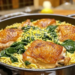 - 1 lb boneless chicken thighs, cut into bite-sized pieces - 1 cup orzo pasta - 2 cups fresh spinach Chicken thighs are the star of this dish. They are juicy and tender. Orzo pasta adds a fun twist. It cooks quickly and soaks up flavors well. Fresh spinach adds a pop of color and nutrition. - 1 tablespoon olive oil - 4 cloves garlic, minced - 1 lemon, zested and juiced Olive oil brings richness to the dish. Garlic adds a warm, inviting flavor. Lemon brings brightness and acidity, balancing the meal. - ¼ cup grated Parmesan cheese - Fresh parsley, chopped - Zest of 1 lemon Parmesan cheese adds a creamy texture and salty flavor. Fresh parsley gives a fresh touch to the dish. Lemon zest enhances the lemon flavor and adds a nice aroma. Start by heating one tablespoon of olive oil in a large pot over medium heat. Once the oil shimmers, add one pound of boneless chicken thighs cut into bite-sized pieces. Season the chicken with salt and pepper to your taste. Cook the chicken for about 5-7 minutes. You want it browned on all sides. This step adds flavor and texture to your dish. Next, stir in four cloves of minced garlic. Cook it for about one minute until it becomes fragrant. This smell will make your kitchen come alive! Then, add one cup of uncooked orzo pasta to the pot. Stir it in to mix well with the chicken and garlic. Now, carefully pour in four cups of chicken broth. Add the juice and zest of one lemon. This adds a fresh, zesty flavor that brightens the dish. Sprinkle in one teaspoon of dried oregano for extra flavor. Bring everything to a boil, then reduce the heat to low. Cover the pot and let it simmer for about 10-12 minutes. The orzo should be tender and most of the liquid will be absorbed. After the orzo is cooked, stir in two cups of fresh spinach. Cook for another 2-3 minutes until the spinach wilts. This adds a nice pop of color and nutrition. Next, remove the pot from heat and mix in ¼ cup of grated Parmesan cheese. Taste and adjust the seasoning with more salt and pepper if you prefer. To serve, spoon the dish into bowls. Garnish each bowl with a sprinkle of lemon zest and some chopped parsley. This final touch makes your meal look and taste special. Enjoy every bite of this easy weeknight meal! To achieve the best orzo texture, avoid overcooking it. Orzo cooks quickly, so watch it closely. When it absorbs the broth, it becomes creamy and tender. If it cooks too long, it can turn mushy. Keep an eye on the pot during the last few minutes. Adjusting the liquid levels is key. The recipe calls for four cups of chicken broth. This amount ensures the orzo cooks well while soaking up all the flavors. If you like your dish a bit saucier, feel free to add more broth. Just remember to adjust the seasonings to match. You can easily enhance the flavors in this dish. Try using fresh herbs instead of dried ones. Fresh parsley, basil, or thyme can add a nice touch. Just chop them finely and stir them in at the end. This small change can make a big difference in taste. If you want to switch up the spices, consider using smoked paprika or cumin. These spices can bring a new depth to the dish without overpowering it. Experiment and find what you like best! Prep your ingredients ahead of time to save precious minutes. Chop the chicken and garlic in advance. You can also measure out the orzo and spices. This prep can make cooking feel less stressful on a busy weeknight. Choose quicker cooking methods when possible. For example, you can use a pressure cooker instead of a stovetop. This method can cut down cooking time significantly. Just adjust the liquid levels and cooking time accordingly. {{image_2}} You can swap chicken thighs for chicken breast. Chicken breast is leaner, which makes it a good choice. It will still absorb the lemon and garlic flavors well. Cook it just until it’s no longer pink for the best taste. If you want a vegetarian option, try chickpeas. They add protein and a nice texture. Simply drain and rinse a can of chickpeas. Stir them in when you add the spinach. This keeps the dish hearty and satisfying. While orzo is a star in this dish, you can use other pasta types. Small pastas like ditalini or couscous work great too. Just adjust the cooking time as needed. For gluten-free options, use gluten-free orzo or rice. Both will give you a similar texture. Be sure to check the cooking instructions on the package for best results. Adding seasonal veggies boosts nutrition and flavor. Try diced zucchini, bell peppers, or cherry tomatoes. They add color and taste that complements the lemon and garlic. Frozen greens are a great shortcut too. Spinach, kale, or peas can be added right from the bag. Just stir them in during the last few minutes of cooking. This makes the dish quick and easy! To store your One-Pot Lemon Garlic Chicken Orzo, let it cool first. Then, place it in a tight container. This keeps air out and helps maintain freshness. You can store it in the fridge for up to three days. If you want to enjoy it later, freezing is a good option. To reheat on the stovetop, add a splash of broth or water. Heat over low until warm, stirring often. This keeps the orzo from sticking. For the microwave, place a portion in a bowl. Add a little liquid and cover it with a microwave-safe lid. Heat for 1-2 minutes, stirring halfway through. To freeze, scoop portions into freezer-safe bags. Be sure to remove as much air as possible. Label each bag with the date. This dish can last up to three months in the freezer. When you’re ready to eat, thaw it in the fridge overnight. Reheat using the stovetop or microwave methods mentioned above. To check if the chicken is cooked, use a meat thermometer. The internal temperature should reach 165°F (75°C). This ensures the chicken is safe to eat. You can also look for visual cues. The chicken should be golden brown on the outside. The juices should run clear, not pink. If you cut into the chicken, it should be opaque throughout. Yes, you can prepare parts of this dish in advance. You can chop the chicken and garlic a day before. Store them in the fridge, sealed tightly. This saves time on busy weeknights. When it comes to storing the whole dish, let it cool first. Place it in an airtight container in the fridge. It will last up to three days. Reheat it on the stove over low heat. You may need to add a splash of broth to keep it moist. This dish pairs well with many sides. A simple green salad adds freshness. You can also serve crusty bread for dipping. For a heartier meal, try roasted vegetables. They add color and flavor to your plate. You can also serve a side of steamed broccoli or green beans for more nutrients. In this blog post, we explored making a delicious One-Pot Lemon Garlic Chicken Orzo. We covered key ingredients like chicken thighs, orzo pasta, and fresh spinach. You learned how to sauté and cook the dish step-by-step, plus tips for the perfect texture and flavor. Remember, you can customize it with different proteins and veggies. Enjoy storing leftovers for later meals, and use our reheating tips for best results. This dish is easy, tasty, and sure to be a family favorite. Happy cooking!