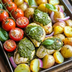 - 4 boneless, skinless chicken breasts - 1 cup basil pesto (store-bought or homemade) - 1.5 lbs baby potatoes, halved - 1 cup cherry tomatoes, halved - 1 red onion, sliced into wedges The main ingredients create a rich, bold flavor. Chicken breasts absorb the pesto well. Baby potatoes add heartiness. Their creamy texture pairs nicely with the chicken. Cherry tomatoes offer sweetness and color. The red onion gives a slight crunch and depth. - 3 tablespoons olive oil - Salt and pepper to taste - Fresh basil leaves for garnish (optional) - 1 tablespoon lemon juice (optional) Olive oil helps everything cook evenly. It adds a lovely richness. Salt and pepper enhance all the flavors. Fresh basil leaves make for a bright garnish. Lemon juice adds a zesty kick, balancing the dish. - For presentation, serve directly from the pan. A rustic wooden board looks great. - Sprinkle grated Parmesan cheese over the chicken before serving. - Pair with a simple green salad or crusty bread for a complete meal. These ideas make the dish appealing. They also enhance the dining experience. Enjoying with friends or family adds warmth to the meal. 1. Preheat your oven to 400°F (200°C). This temperature helps cook the chicken and potatoes perfectly. 2. Line a large baking sheet with parchment paper. This makes cleanup easy and keeps food from sticking. 1. Place the halved baby potatoes in a single layer on the baking sheet. This helps them cook evenly. 2. Drizzle the potatoes lightly with olive oil. 3. Season them with salt and pepper to enhance their flavor. 4. Toss the potatoes to coat them well. 5. Roast the potatoes in the oven for about 15 minutes. This initial cooking starts to soften them. 1. While the potatoes roast, pat the chicken breasts dry with paper towels. This step ensures the chicken gets a nice sear. 2. Season the chicken breasts with salt and pepper on both sides. Good seasoning is key! 3. After 15 minutes, take the baking sheet out of the oven. 4. Push the potatoes to one side of the sheet. Place the seasoned chicken breasts on the other side. 5. Brush the pesto mixture generously over the chicken. Make sure each piece is well coated for maximum flavor. 6. Scatter the halved cherry tomatoes and onion wedges around the chicken and potatoes. 7. Drizzle a little more olive oil over the veggies and season with salt and pepper. 1. Return the baking sheet to the oven and roast for an additional 25-30 minutes. 2. Check that the chicken is fully cooked. The internal temperature should reach 165°F. 3. Ensure the potatoes are tender by piercing them with a fork. If they slide off easily, they’re done! Achieving juicy chicken To get juicy chicken, start with fresh, high-quality breasts. Pat them dry with paper towels. This helps the seasoning stick better. Season both sides with salt and pepper just before cooking. This adds flavor. Brush the chicken with pesto right before roasting. This keeps it moist and tasty. Ensuring potatoes are tender Cut the baby potatoes in half for even cooking. Toss them with olive oil, salt, and pepper before roasting. This helps them crisp up. Roast them for 15 minutes first. This gives them a head start. Once you add the chicken, the potatoes will finish cooking nicely. Adding herbs or spices You can boost the flavor by adding herbs like thyme or rosemary. Fresh herbs bring a nice touch. If you like heat, sprinkle some red pepper flakes on the chicken. This adds a kick without overpowering the dish. Experiment with spices to find your favorite blend. Using homemade pesto vs. store-bought Homemade pesto is great if you have time. It tastes fresh and bright. You can control the ingredients, too. Use fresh basil, garlic, and nuts for the best flavor. If you're short on time, store-bought pesto works well. Look for brands with clean ingredients for a good taste. Ideas for a beautiful meal display Serve the chicken and veggies straight from the pan for a rustic look. This is perfect for family-style meals. To make it more appealing, sprinkle grated Parmesan cheese over the chicken. Add fresh basil leaves for color. This makes the dish pop and invites everyone to dig in! {{image_2}} You can swap chicken for other proteins. Tofu works well for a plant-based option. Fish, like salmon, adds a nice twist too. For veggies, try bell peppers, zucchini, or asparagus. These choices bring new flavors and colors to the dish. Pesto isn’t just basil! You can use sun-dried tomato pesto for a sweet, tangy kick. Kale pesto is another tasty option, full of nutrients. If you need a vegan version, blend nuts, olive oil, and nutritional yeast. These variations make your dish exciting and unique. You can adapt this recipe for an air fryer. Cook at 375°F for about 20-25 minutes. For an Instant Pot, use a steamer basket. Cook on high pressure for about 10 minutes. If you prefer grilling, season the chicken and veggies. Cook on medium heat for about 6-8 minutes per side. Each method adds a different flavor and texture to your meal. To store leftovers, place the chicken and potatoes in an airtight container. This keeps them fresh. You can add any leftover veggies too. Cool the dish to room temperature before sealing. Store it in the fridge for up to three days. For reheating, the oven works best. Preheat your oven to 350°F (175°C). Place the chicken and potatoes on a baking sheet. Cover with foil to keep moisture in. Heat for about 15-20 minutes until warmed through. You can also use the microwave, but it may make the chicken less juicy. You can freeze this dish for later. Allow it to cool completely before freezing. Place the chicken and potatoes in freezer bags. Remove as much air as possible. Label the bags with dates. You can freeze it for up to three months. To reheat, thaw overnight in the fridge and follow the reheating tips above. I bake Sheet-Pan Pesto Chicken for about 40 to 45 minutes. First, roast the baby potatoes for 15 minutes at 400°F (200°C). Then, add the chicken, tomatoes, and onion. Roast them all together for another 25 to 30 minutes. Always check the chicken’s internal temperature. It should reach 165°F for safety. Yes, you can use frozen chicken breasts! However, you must adjust the cooking time. Frozen chicken takes longer to cook. Plan for an extra 10 to 15 minutes. Be sure to check the chicken's temperature to ensure it's safe to eat. You can pair this dish with a simple green salad or steamed veggies. A light cucumber salad works well too. If you want something warm, consider garlic bread or a side of rice. Each option adds a nice touch to your meal. Absolutely! Making homemade pesto is easy. Blend 2 cups of fresh basil, ½ cup of grated Parmesan, ⅓ cup of pine nuts, and 2 cloves of garlic in a food processor. Slowly add ½ cup of olive oil while blending. Season with salt and pepper to taste. Enjoy your fresh and flavorful pesto! This blog post covered how to make a delicious sheet-pan pesto chicken meal. You learned about key ingredients like chicken, pesto, potatoes, and more. I shared clear steps for roasting and tips to enhance flavor and presentation. You can customize this dish with various ingredients or cooking methods. Final thoughts: This recipe is easy, healthy, and fun to make. Enjoy trying it!