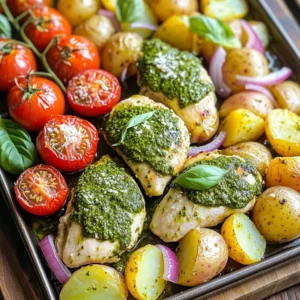 - 4 boneless, skinless chicken breasts - 1 cup basil pesto (store-bought or homemade) - 1.5 lbs baby potatoes, halved - 1 cup cherry tomatoes, halved - 1 red onion, sliced into wedges The main ingredients create a rich, bold flavor. Chicken breasts absorb the pesto well. Baby potatoes add heartiness. Their creamy texture pairs nicely with the chicken. Cherry tomatoes offer sweetness and color. The red onion gives a slight crunch and depth. - 3 tablespoons olive oil - Salt and pepper to taste - Fresh basil leaves for garnish (optional) - 1 tablespoon lemon juice (optional) Olive oil helps everything cook evenly. It adds a lovely richness. Salt and pepper enhance all the flavors. Fresh basil leaves make for a bright garnish. Lemon juice adds a zesty kick, balancing the dish. - For presentation, serve directly from the pan. A rustic wooden board looks great. - Sprinkle grated Parmesan cheese over the chicken before serving. - Pair with a simple green salad or crusty bread for a complete meal. These ideas make the dish appealing. They also enhance the dining experience. Enjoying with friends or family adds warmth to the meal. 1. Preheat your oven to 400°F (200°C). This temperature helps cook the chicken and potatoes perfectly. 2. Line a large baking sheet with parchment paper. This makes cleanup easy and keeps food from sticking. 1. Place the halved baby potatoes in a single layer on the baking sheet. This helps them cook evenly. 2. Drizzle the potatoes lightly with olive oil. 3. Season them with salt and pepper to enhance their flavor. 4. Toss the potatoes to coat them well. 5. Roast the potatoes in the oven for about 15 minutes. This initial cooking starts to soften them. 1. While the potatoes roast, pat the chicken breasts dry with paper towels. This step ensures the chicken gets a nice sear. 2. Season the chicken breasts with salt and pepper on both sides. Good seasoning is key! 3. After 15 minutes, take the baking sheet out of the oven. 4. Push the potatoes to one side of the sheet. Place the seasoned chicken breasts on the other side. 5. Brush the pesto mixture generously over the chicken. Make sure each piece is well coated for maximum flavor. 6. Scatter the halved cherry tomatoes and onion wedges around the chicken and potatoes. 7. Drizzle a little more olive oil over the veggies and season with salt and pepper. 1. Return the baking sheet to the oven and roast for an additional 25-30 minutes. 2. Check that the chicken is fully cooked. The internal temperature should reach 165°F. 3. Ensure the potatoes are tender by piercing them with a fork. If they slide off easily, they’re done! Achieving juicy chicken To get juicy chicken, start with fresh, high-quality breasts. Pat them dry with paper towels. This helps the seasoning stick better. Season both sides with salt and pepper just before cooking. This adds flavor. Brush the chicken with pesto right before roasting. This keeps it moist and tasty. Ensuring potatoes are tender Cut the baby potatoes in half for even cooking. Toss them with olive oil, salt, and pepper before roasting. This helps them crisp up. Roast them for 15 minutes first. This gives them a head start. Once you add the chicken, the potatoes will finish cooking nicely. Adding herbs or spices You can boost the flavor by adding herbs like thyme or rosemary. Fresh herbs bring a nice touch. If you like heat, sprinkle some red pepper flakes on the chicken. This adds a kick without overpowering the dish. Experiment with spices to find your favorite blend. Using homemade pesto vs. store-bought Homemade pesto is great if you have time. It tastes fresh and bright. You can control the ingredients, too. Use fresh basil, garlic, and nuts for the best flavor. If you're short on time, store-bought pesto works well. Look for brands with clean ingredients for a good taste. Ideas for a beautiful meal display Serve the chicken and veggies straight from the pan for a rustic look. This is perfect for family-style meals. To make it more appealing, sprinkle grated Parmesan cheese over the chicken. Add fresh basil leaves for color. This makes the dish pop and invites everyone to dig in! {{image_2}} You can swap chicken for other proteins. Tofu works well for a plant-based option. Fish, like salmon, adds a nice twist too. For veggies, try bell peppers, zucchini, or asparagus. These choices bring new flavors and colors to the dish. Pesto isn’t just basil! You can use sun-dried tomato pesto for a sweet, tangy kick. Kale pesto is another tasty option, full of nutrients. If you need a vegan version, blend nuts, olive oil, and nutritional yeast. These variations make your dish exciting and unique. You can adapt this recipe for an air fryer. Cook at 375°F for about 20-25 minutes. For an Instant Pot, use a steamer basket. Cook on high pressure for about 10 minutes. If you prefer grilling, season the chicken and veggies. Cook on medium heat for about 6-8 minutes per side. Each method adds a different flavor and texture to your meal. To store leftovers, place the chicken and potatoes in an airtight container. This keeps them fresh. You can add any leftover veggies too. Cool the dish to room temperature before sealing. Store it in the fridge for up to three days. For reheating, the oven works best. Preheat your oven to 350°F (175°C). Place the chicken and potatoes on a baking sheet. Cover with foil to keep moisture in. Heat for about 15-20 minutes until warmed through. You can also use the microwave, but it may make the chicken less juicy. You can freeze this dish for later. Allow it to cool completely before freezing. Place the chicken and potatoes in freezer bags. Remove as much air as possible. Label the bags with dates. You can freeze it for up to three months. To reheat, thaw overnight in the fridge and follow the reheating tips above. I bake Sheet-Pan Pesto Chicken for about 40 to 45 minutes. First, roast the baby potatoes for 15 minutes at 400°F (200°C). Then, add the chicken, tomatoes, and onion. Roast them all together for another 25 to 30 minutes. Always check the chicken’s internal temperature. It should reach 165°F for safety. Yes, you can use frozen chicken breasts! However, you must adjust the cooking time. Frozen chicken takes longer to cook. Plan for an extra 10 to 15 minutes. Be sure to check the chicken's temperature to ensure it's safe to eat. You can pair this dish with a simple green salad or steamed veggies. A light cucumber salad works well too. If you want something warm, consider garlic bread or a side of rice. Each option adds a nice touch to your meal. Absolutely! Making homemade pesto is easy. Blend 2 cups of fresh basil, 1/2 cup of grated Parmesan, 1/3 cup of pine nuts, and 2 cloves of garlic in a food processor. Slowly add 1/2 cup of olive oil while blending. Season with salt and pepper to taste. Enjoy your fresh and flavorful pesto! This blog post covered how to make a delicious sheet-pan pesto chicken meal. You learned about key ingredients like chicken, pesto, potatoes, and more. I shared clear steps for roasting and tips to enhance flavor and presentation. You can customize this dish with various ingredients or cooking methods. Final thoughts: This recipe is easy, healthy, and fun to make. Enjoy trying it!