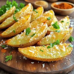- 4 medium russet potatoes, washed and cut into wedges - 3 tablespoons olive oil - 1 cup grated Parmesan cheese - 1 teaspoon garlic powder - 1 teaspoon onion powder - 1 teaspoon paprika - ½ teaspoon dried oregano - Salt and pepper to taste - Fresh parsley, chopped These ingredients make your air fryer crispy Parmesan potato wedges a must-try. First, choose medium russet potatoes. They have the right texture for frying. Wash them well to remove dirt, then cut them into wedges. The size matters; aim for uniform pieces to cook evenly. Next, olive oil is key. It helps the spices stick and gives a nice crisp. Use three tablespoons for four potatoes. Grated Parmesan cheese is a star ingredient. It adds a rich, cheesy flavor. Use about one cup, and don't shy away from more if you love cheese! For seasoning, combine garlic powder, onion powder, paprika, and oregano. Each spice brings its unique taste. Salt and pepper enhance everything, so adjust these to your liking. Fresh parsley is optional but adds a bright touch. Use it as a garnish for color and taste. These ingredients blend to create a delicious snack or side. Enjoy the crunch and flavor of these Parmesan potato wedges! - Preheat the air fryer to 400°F (200°C). - Wash 4 medium russet potatoes. Cut them into wedges. - In a large bowl, mix 3 tablespoons of olive oil with garlic powder, onion powder, paprika, oregano, salt, and pepper. - Toss the potato wedges in that marinade until they are fully coated. - Sprinkle 1 cup of grated Parmesan cheese over the wedges. Toss again to help cheese stick. - Place the wedges in the air fryer basket. Lay them in a single layer. Avoid overcrowding the basket. - Air fry for 15-20 minutes. Shake the basket halfway to help them cook evenly. - Once golden and crispy, take the wedges out. Let them cool slightly before serving. - Garnish with chopped parsley for a fresh touch. To get those perfect crispy wedges, focus on an even coating. When you coat the potatoes in the marinade, make sure each wedge is covered well. This helps the flavor stick and gives you that crunch. If you don’t coat them evenly, some potatoes may taste bland or be soggy. Avoid overcrowding in the air fryer basket. If you pack in too many wedges, they won’t cook evenly. The hot air needs space to circulate. I usually cook in batches if I have a lot of wedges. This way, each one turns out nice and crispy. Want to spice things up? You can add other spices to the marinade. Try adding chili powder for heat or Italian seasoning for a herb boost. You can also mix in some lemon zest for a fresh kick. Marinade variations can change the whole dish. You could soak the wedges in buttermilk for a tangy taste. Or use a splash of hot sauce for some extra flavor. The options are endless, so have fun experimenting! When it's time to serve, think about what goes well with your wedges. They pair nicely with dips like ranch or garlic aioli. You could also serve them with a side salad or grilled chicken for a complete meal. For a nice presentation, place the wedges on a large platter. Garnish with fresh parsley for color. You can add a small bowl of dip in the center. This will impress your guests and make your dish look even better! {{image_2}} You can swap out the Parmesan cheese for other types. Cheddar cheese adds a rich, sharp flavor to your wedges. Just shred it and sprinkle it on in the same way. For those who prefer vegan options, use vegan cheese shreds. They melt well and still give that cheesy taste. Want to spice things up? Add a pinch of cayenne pepper to the seasoning mix. This gives your potato wedges a nice kick. If you enjoy herbs, try mixing in rosemary or thyme. These herbs bring a fresh taste to the dish. Sweet potatoes are a tasty alternative to russet potatoes. They offer a different flavor and a bit more sweetness. When using sweet potatoes, slice them a bit thinner than regular potatoes. This helps them cook evenly. Adjust the cooking time to about 12-15 minutes, as sweet potatoes can cook faster. Enjoy the new twist on this classic recipe! To keep your crispy potato wedges fresh, store them in the fridge. Use an airtight container to prevent moisture. This helps them stay tasty and not soggy. They stay good for about three days. If you made a big batch, divide them into smaller portions for easy access. To reheat and keep the crispiness, use the air fryer. Preheat it to 400°F (200°C). Place the wedges in the basket for about 5-7 minutes. This method brings back the crunch. If you use a microwave, your wedges may get soft. Adjust your time based on how many you reheat. Yes, you can freeze potato wedges! Before freezing, let them cool completely. Then, place them in a single layer on a baking sheet. Once frozen, transfer them to a freezer bag. When you want to eat them, thaw overnight in the fridge. Cook them in the air fryer for the best results. You can air fry potato wedges for 15 to 20 minutes at 400°F. This time range helps them get golden and crispy. Make sure to check them halfway through. Shake the basket to ensure even cooking. If you like them extra crispy, add a few more minutes. Yes, you can! If you don’t have an air fryer, use the oven. Preheat your oven to 425°F. Spread the coated potato wedges on a baking sheet. Bake for 25 to 30 minutes. Flip the wedges halfway through for even cooking. They will still be delicious and crispy. These wedges pair well with many dips. Try ketchup, ranch, or garlic aioli for a tasty treat. You can also serve them as a side dish with grilled meats or burgers. They add a crunchy element to any meal. Enjoy them warm and fresh! This blog post covered how to make crispy Parmesan potato wedges in an air fryer. We discussed the key ingredients, from medium russet potatoes to tasty seasonings. You learned step-by-step instructions for preparation, marinating, and cooking. Tips for achieving the best crispy texture were shared, along with serving suggestions for flavor and presentation. You also discovered variations and storage information. Enjoy your cooking adventure! You can create delicious potato wedges to impress everyone.