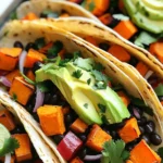 - 2 medium sweet potatoes, peeled and cubed - 1 can (15 oz) black beans, rinsed and drained - 1 red bell pepper, diced - 1 red onion, sliced - 2 tablespoons olive oil - 1 teaspoon cumin - 1 teaspoon smoked paprika - ½ teaspoon chili powder - Salt and pepper, to taste - 8 corn tortillas - 1 avocado, sliced - Fresh cilantro, for garnish - Lime wedges, for serving Sweet potatoes are the star here. They bring a natural sweetness and great texture. Black beans add protein and fiber, making this meal satisfying. The bell pepper and onion add crunch and flavor. Olive oil helps everything roast nicely, while spices like cumin and smoked paprika add warmth and depth. You can adjust the spices to fit your taste. Add more chili powder for heat or skip it if you like milder flavors. Fresh toppings like avocado and cilantro make each bite fresh and bright. Lime juice gives a zesty finish that ties all the flavors together. Enjoy this vibrant and healthy taco dish! 1. Preheating the oven: First, set your oven to 425°F (220°C). This high heat helps roast the veggies well. 2. Preparing the vegetables for roasting: Peel and cube 2 medium sweet potatoes. Dice 1 red bell pepper and slice 1 red onion. Spread these on a large sheet pan. 3. Seasoning and tossing the ingredients: Drizzle 2 tablespoons of olive oil over the veggies. Sprinkle 1 teaspoon of cumin, 1 teaspoon of smoked paprika, and ½ teaspoon of chili powder. Add salt and pepper to taste. Use your hands to toss everything until well coated. 1. Timing and temperature for roasting: Place the sheet pan in the oven. Roast for 25 to 30 minutes. Check for tenderness and a bit of caramelization. Toss the mixture halfway through to ensure even cooking. 2. Combining with black beans: In the last 5 minutes of roasting, add 1 can of rinsed and drained black beans to the pan. Stir to mix and heat through. 1. Warming tortillas: While the filling cooks, warm 8 corn tortillas on a skillet. Heat them for about 30 seconds on each side. This makes them soft and easy to fold. 2. Topping suggestions: Fill each tortilla with a generous amount of the sweet potato and black bean mix. Top with sliced avocado, fresh cilantro, and a squeeze of lime juice for extra flavor. - Ensuring perfectly roasted sweet potatoes: To get sweet potatoes just right, cut them into even cubes. This helps them cook at the same pace. Toss them well with olive oil and spices for flavor. Roast them until they are tender and slightly caramelized. This usually takes about 25 to 30 minutes at 425°F. Don't forget to stir them halfway through for even cooking. - Using fresh versus canned ingredients: Fresh ingredients often provide the best flavor. Use fresh sweet potatoes, bell peppers, and onions for a crisp texture. Canned black beans are handy and save time. Just make sure to rinse them well to reduce sodium. This mix gives you a balance of fresh and convenient. - Creative plating suggestions: Arrange the tacos on a colorful plate. You can stack them or lay them side by side. Use a large platter for a family-style meal. This invites everyone to dig in and enjoy. - Garnishing tips: Top each taco with slices of avocado and fresh cilantro. A squeeze of lime adds brightness. Consider adding some radish slices for crunch. These garnishes make the dish pop and add extra flavor. - Substitutions for common allergens: If you have allergies, you can swap corn tortillas for lettuce wraps. This keeps it gluten-free. For nut allergies, ensure any toppings are nut-free. - Making the recipe vegan or gluten-free: This recipe is already vegan since it uses plant-based ingredients. For gluten-free, stick with corn tortillas. Always check labels to ensure no hidden gluten in your ingredients. {{image_2}} You can switch up the sweet potatoes for other veggies. Carrots or zucchini add a nice touch. If you want more protein, try chickpeas or lentils instead of black beans. They work great in tacos too. For spices, feel free to mix it up. Add some garlic powder, or try curry powder for a twist. These swaps keep your tacos fresh and fun. Want to try something different? You can serve these as lettuce wraps. Just use large leaves like romaine or butter lettuce. They are crunchy and light. If you prefer a burrito-style taco, use larger tortillas. Stuff them full of the sweet potato mix and roll them up. It's a filling option that’s easy to eat. To boost flavors, add sauces or toppings. A drizzle of lime crema or salsa adds zest. You can also top with sour cream or Greek yogurt for creaminess. If you love cheese, sprinkle some feta or vegan cheese on top. These add-ons make your tacos even tastier and more exciting. To keep your tacos fresh, place leftovers in an airtight container. Make sure to cool the filling first. Store it in the fridge for up to four days. When you're ready to eat, reheat the filling in a pan over medium heat. Stir it often to warm it evenly. You can also use the microwave for quick reheating. Just cover the dish to keep moisture in. You can freeze the taco filling if you want to save some for later. Let it cool completely, then transfer it to a freezer-safe bag. Squeeze out as much air as possible before sealing. It can last up to three months in the freezer. When you're ready to use it, thaw it overnight in the fridge. Reheat it on the stove or in the microwave until hot. In the fridge, your sweet potato black bean tacos will last about four days. Look for signs of spoilage, like a sour smell or mold. If the filling looks dry or off, it’s best to throw it away. Keeping an eye on your food helps ensure a tasty meal each time! How to make the sweet potatoes crispy? To make sweet potatoes crispy, cut them into small cubes. Spread them out on the sheet pan, avoiding crowding. Use olive oil and spices for flavor. Roast them at 425°F (220°C) for 25-30 minutes. Toss halfway through for even cooking. Can I use other beans instead of black beans? Yes, you can use other beans! Pinto beans or kidney beans work well too. Chickpeas are also a fun option. Just rinse and drain them before adding to the mix. What are good side dishes to serve with these tacos? These tacos pair well with simple sides. Try a fresh salad or some Mexican rice. You can also serve corn on the cob or chips with salsa. These add color and flavor to your meal. Is it possible to make this dish in advance? Yes, you can prep the filling ahead of time. Roast the sweet potatoes and beans, then store in the fridge. When ready to eat, warm them up and assemble your tacos. What toppings work best with these tacos? Avocado, cilantro, and lime juice are great toppings. You can also add diced tomatoes or shredded cheese. Pickled onions or jalapeños add extra flavor. Choose what you love! Calorie count per serving Each serving of these tacos has about 400 calories. This can vary based on toppings and portion size. Dietary benefits of sweet potatoes and black beans Sweet potatoes are rich in vitamins and fiber. They support good vision and digestion. Black beans provide protein and iron, making them a healthy choice. Together, they make a balanced meal. This blog post showed you how to make delicious sweet potato and black bean tacos. You learned about the key ingredients, step-by-step instructions for preparation, and roasting. We covered tips for great texture and presentation, plus ways to customize your dish. Finally, you now know how to store leftovers safely. Enjoy making these tasty tacos your way! They are not just easy but also packed with nutrition. Happy cooking!