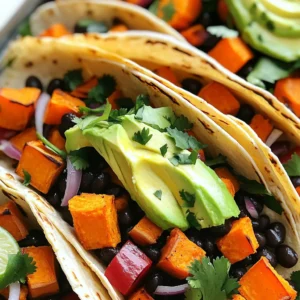 - 2 medium sweet potatoes, peeled and cubed - 1 can (15 oz) black beans, rinsed and drained - 1 red bell pepper, diced - 1 red onion, sliced - 2 tablespoons olive oil - 1 teaspoon cumin - 1 teaspoon smoked paprika - ½ teaspoon chili powder - Salt and pepper, to taste - 8 corn tortillas - 1 avocado, sliced - Fresh cilantro, for garnish - Lime wedges, for serving Sweet potatoes are the star here. They bring a natural sweetness and great texture. Black beans add protein and fiber, making this meal satisfying. The bell pepper and onion add crunch and flavor. Olive oil helps everything roast nicely, while spices like cumin and smoked paprika add warmth and depth. You can adjust the spices to fit your taste. Add more chili powder for heat or skip it if you like milder flavors. Fresh toppings like avocado and cilantro make each bite fresh and bright. Lime juice gives a zesty finish that ties all the flavors together. Enjoy this vibrant and healthy taco dish! 1. Preheating the oven: First, set your oven to 425°F (220°C). This high heat helps roast the veggies well. 2. Preparing the vegetables for roasting: Peel and cube 2 medium sweet potatoes. Dice 1 red bell pepper and slice 1 red onion. Spread these on a large sheet pan. 3. Seasoning and tossing the ingredients: Drizzle 2 tablespoons of olive oil over the veggies. Sprinkle 1 teaspoon of cumin, 1 teaspoon of smoked paprika, and ½ teaspoon of chili powder. Add salt and pepper to taste. Use your hands to toss everything until well coated. 1. Timing and temperature for roasting: Place the sheet pan in the oven. Roast for 25 to 30 minutes. Check for tenderness and a bit of caramelization. Toss the mixture halfway through to ensure even cooking. 2. Combining with black beans: In the last 5 minutes of roasting, add 1 can of rinsed and drained black beans to the pan. Stir to mix and heat through. 1. Warming tortillas: While the filling cooks, warm 8 corn tortillas on a skillet. Heat them for about 30 seconds on each side. This makes them soft and easy to fold. 2. Topping suggestions: Fill each tortilla with a generous amount of the sweet potato and black bean mix. Top with sliced avocado, fresh cilantro, and a squeeze of lime juice for extra flavor. - Ensuring perfectly roasted sweet potatoes: To get sweet potatoes just right, cut them into even cubes. This helps them cook at the same pace. Toss them well with olive oil and spices for flavor. Roast them until they are tender and slightly caramelized. This usually takes about 25 to 30 minutes at 425°F. Don't forget to stir them halfway through for even cooking. - Using fresh versus canned ingredients: Fresh ingredients often provide the best flavor. Use fresh sweet potatoes, bell peppers, and onions for a crisp texture. Canned black beans are handy and save time. Just make sure to rinse them well to reduce sodium. This mix gives you a balance of fresh and convenient. - Creative plating suggestions: Arrange the tacos on a colorful plate. You can stack them or lay them side by side. Use a large platter for a family-style meal. This invites everyone to dig in and enjoy. - Garnishing tips: Top each taco with slices of avocado and fresh cilantro. A squeeze of lime adds brightness. Consider adding some radish slices for crunch. These garnishes make the dish pop and add extra flavor. - Substitutions for common allergens: If you have allergies, you can swap corn tortillas for lettuce wraps. This keeps it gluten-free. For nut allergies, ensure any toppings are nut-free. - Making the recipe vegan or gluten-free: This recipe is already vegan since it uses plant-based ingredients. For gluten-free, stick with corn tortillas. Always check labels to ensure no hidden gluten in your ingredients. {{image_2}} You can switch up the sweet potatoes for other veggies. Carrots or zucchini add a nice touch. If you want more protein, try chickpeas or lentils instead of black beans. They work great in tacos too. For spices, feel free to mix it up. Add some garlic powder, or try curry powder for a twist. These swaps keep your tacos fresh and fun. Want to try something different? You can serve these as lettuce wraps. Just use large leaves like romaine or butter lettuce. They are crunchy and light. If you prefer a burrito-style taco, use larger tortillas. Stuff them full of the sweet potato mix and roll them up. It's a filling option that’s easy to eat. To boost flavors, add sauces or toppings. A drizzle of lime crema or salsa adds zest. You can also top with sour cream or Greek yogurt for creaminess. If you love cheese, sprinkle some feta or vegan cheese on top. These add-ons make your tacos even tastier and more exciting. To keep your tacos fresh, place leftovers in an airtight container. Make sure to cool the filling first. Store it in the fridge for up to four days. When you're ready to eat, reheat the filling in a pan over medium heat. Stir it often to warm it evenly. You can also use the microwave for quick reheating. Just cover the dish to keep moisture in. You can freeze the taco filling if you want to save some for later. Let it cool completely, then transfer it to a freezer-safe bag. Squeeze out as much air as possible before sealing. It can last up to three months in the freezer. When you're ready to use it, thaw it overnight in the fridge. Reheat it on the stove or in the microwave until hot. In the fridge, your sweet potato black bean tacos will last about four days. Look for signs of spoilage, like a sour smell or mold. If the filling looks dry or off, it’s best to throw it away. Keeping an eye on your food helps ensure a tasty meal each time! How to make the sweet potatoes crispy? To make sweet potatoes crispy, cut them into small cubes. Spread them out on the sheet pan, avoiding crowding. Use olive oil and spices for flavor. Roast them at 425°F (220°C) for 25-30 minutes. Toss halfway through for even cooking. Can I use other beans instead of black beans? Yes, you can use other beans! Pinto beans or kidney beans work well too. Chickpeas are also a fun option. Just rinse and drain them before adding to the mix. What are good side dishes to serve with these tacos? These tacos pair well with simple sides. Try a fresh salad or some Mexican rice. You can also serve corn on the cob or chips with salsa. These add color and flavor to your meal. Is it possible to make this dish in advance? Yes, you can prep the filling ahead of time. Roast the sweet potatoes and beans, then store in the fridge. When ready to eat, warm them up and assemble your tacos. What toppings work best with these tacos? Avocado, cilantro, and lime juice are great toppings. You can also add diced tomatoes or shredded cheese. Pickled onions or jalapeños add extra flavor. Choose what you love! Calorie count per serving Each serving of these tacos has about 400 calories. This can vary based on toppings and portion size. Dietary benefits of sweet potatoes and black beans Sweet potatoes are rich in vitamins and fiber. They support good vision and digestion. Black beans provide protein and iron, making them a healthy choice. Together, they make a balanced meal. This blog post showed you how to make delicious sweet potato and black bean tacos. You learned about the key ingredients, step-by-step instructions for preparation, and roasting. We covered tips for great texture and presentation, plus ways to customize your dish. Finally, you now know how to store leftovers safely. Enjoy making these tasty tacos your way! They are not just easy but also packed with nutrition. Happy cooking!