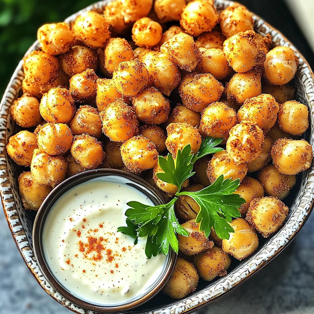 - Canned chickpeas (15 oz) - Olive oil - Ranch seasoning mix - Garlic powder - Onion powder - Smoked paprika - Nutritional yeast - Salt and pepper to taste The main ingredients for Air Fryer Ranch Chickpea Crunch are simple and easy to find. First, grab a can of chickpeas. You need 15 ounces, drained and rinsed. These little legumes pack a punch of protein and fiber. Next, get some olive oil. Two tablespoons will help the spices stick and add richness. Finally, you need ranch seasoning mix. You can use store-bought or make your own. For extra flavor, add garlic powder, onion powder, and smoked paprika. These spices bring out the best in your chickpeas. They add depth and a savory touch that makes them hard to resist. If you want to amp up the flavor even more, consider adding nutritional yeast. This is optional but gives a cheesy taste without dairy. Don't forget to season with salt and pepper to your liking. This will enhance all the other flavors. With these ingredients, you can create a crunchy, tasty snack that everyone will love! 1. Preheat the air fryer: Set it to 400°F (200°C). Let it warm up for about 5 minutes. This step helps cook the chickpeas evenly. 2. Rinse and dry the chickpeas: Open the can and drain the chickpeas. Rinse them under cold water. Pat them dry with paper towels. This helps make them nice and crunchy. 1. Mixing in a large bowl: In a big bowl, add the dry chickpeas. Pour in the olive oil, ranch seasoning, garlic powder, onion powder, smoked paprika, salt, and pepper. Toss everything together until the chickpeas are well coated. 2. Adding optional ingredients: If you like, sprinkle in nutritional yeast. Toss again to mix it well. This ingredient gives a cheesy flavor. 1. Cooking time and temperature: Place the seasoned chickpeas in the air fryer basket. Make sure they are in a single layer. Cook them for 15-20 minutes. 2. Shaking the basket for even cooking: Halfway through cooking, shake the basket. This helps them cook evenly and get crunchy all around. When they are golden brown, they are ready! To get the best crunch with your chickpeas, dry them well. After rinsing, use paper towels to pat them dry. This step is key. It removes moisture that can make them soggy. When you cook the chickpeas, make sure to spread them out in a single layer. This allows hot air to circulate around each chickpea. Cooking in batches is fine, but keep them spaced. Want to amp up the flavor? Try adding spices like cayenne pepper or dill. These bring a new twist to your ranch flavor. If you prefer, make your own ranch seasoning. Mix dried herbs like parsley, dill, and chives for a fresh taste. For a fun presentation, serve the crunchy chickpeas in a colorful bowl. Place a small dish of ranch dressing on the side for dipping. Garnish with fresh herbs like parsley or chives. This adds a nice touch and makes it look appealing. Pair the chickpeas with dips like hummus or guacamole for a tasty snack. They also go well with fresh veggies or pita chips. Enjoy your tasty Air Fryer Ranch Chickpea Crunch! {{image_2}} You can spice up your Air Fryer Ranch Chickpea Crunch in fun ways. - Spicy Ranch Chickpeas: Add some heat by mixing in cayenne pepper or chili powder. Start with a small pinch, then adjust to your taste. This gives your chickpeas a nice kick. - Herb-infused Chickpea Crunch: Try adding dried herbs like dill, oregano, or thyme. They will give your crunchy snack a fresh taste. Mix the herbs in with the ranch seasoning for a more complex flavor. You can easily modify this recipe to fit your dietary needs. - Gluten-free options: Most ranch seasoning mixes are gluten-free. Just check the label to be sure. This way, you can enjoy these crunchy snacks without worry. - Vegan adaptations: This recipe is already vegan since it uses chickpeas and plant-based ingredients. If you want more flavor, increase the amount of nutritional yeast. It adds a cheesy taste without dairy. Switching ingredients can lead to new tastes and textures. - Alternatives to ranch seasoning: If you cannot find ranch seasoning, use a mix of garlic powder, onion powder, and dried herbs. This will create a tasty base for your chickpeas. - Other legumes to use: Chickpeas are great, but you can also use black beans or lentils. Just make sure to adjust the cooking time. Each legume will have a different crunch level. To store leftover chickpeas, place them in an airtight container. Make sure they cool down first. This keeps them fresh and prevents moisture loss. When you want some tasty snacks, you can reheat them in the air fryer. Just cook them at 350°F for 5 minutes. This helps bring back their crunch. In an airtight container, these crunchy chickpeas last about 3 to 5 days. For longer storage, you can freeze them. Spread the chickpeas on a baking sheet and freeze for a few hours. After that, place them in a freezer bag. They can stay good in the freezer for up to 3 months. To avoid sogginess, make sure to store them in a cool, dry place. Do not add any dips or sauces until you are ready to eat. If you want to keep them crispy, try reheating them in the air fryer. This method helps maintain their delightful crunch. Yes, you can use dried chickpeas. First, you need to soak them overnight. This softens the chickpeas. After soaking, cook them until tender. This takes about 1 to 2 hours. Once cooked, drain and rinse the chickpeas. Then, follow the same steps in the recipe. Canned chickpeas are quicker, but dried ones can have a better taste. Cook the chickpeas for 15 to 20 minutes at 400°F (200°C). Shake the basket halfway through cooking. This helps them cook evenly. You'll know they are done when they are golden brown and crunchy. Keep an eye on them to prevent burning, as air fryers can vary in heat. Air Fryer Ranch Chickpea Crunch is great as a snack on its own. You can also serve it with a dip, like ranch dressing. It pairs well with salads for added crunch. You can sprinkle them on soups for texture. Mix them into grain bowls for a tasty meal. Enjoy experimenting with different pairings! In this article, we explored how to make tasty Air Fryer Ranch Chickpea Crunch. You learned about the key ingredients, mainly canned chickpeas, olive oil, and ranch seasoning. The cooking steps, tips for crunchiness, and flavor variations were also covered. You can easily adjust the recipe to fit your taste and diet needs. Enjoy your delicious, healthy snack! With these tips, you will impress others with your cooking skills.