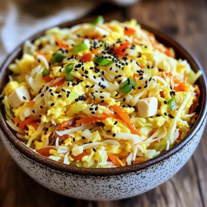 To make a great Minute Egg Roll in a Bowl, gather these key items: - 1 tablespoon sesame oil - 1 cup coleslaw mix (cabbage, carrots) - 1 bell pepper, finely chopped - 1 cup cooked chicken or tofu, diced - 2 green onions, sliced - 2 cloves garlic, minced - 1 tablespoon ginger, grated - 3 tablespoons soy sauce - 1 tablespoon rice vinegar - 2 large eggs, beaten - Salt and black pepper to taste - Black sesame seeds for garnish These ingredients create the base flavors. The sesame oil gives a nice nutty taste. The coleslaw mix adds crunch and color. The chicken or tofu provides protein and texture. You can boost the taste with these add-ons: - 1 teaspoon sriracha (for heat) - Other vegetables like carrots or snap peas - Fresh herbs like cilantro or mint Adding sriracha brings a spicy kick. Extra veggies can make the dish even healthier. Herbs add freshness and a pop of flavor. If you want different proteins, try these options: - Shrimp, cooked and diced - Ground beef or turkey - Tempeh for a plant-based choice Shrimp cooks quickly and adds a seafood flavor. Ground meats provide a hearty alternative. Tempeh is great for those looking for plant-based protein. You can mix and match based on your taste. Start by gathering all your ingredients. You will need: - 1 tablespoon sesame oil - 1 cup coleslaw mix (cabbage, carrots) - 1 bell pepper, finely chopped - 1 cup cooked chicken or tofu, diced - 2 green onions, sliced - 2 cloves garlic, minced - 1 tablespoon ginger, grated - 3 tablespoons soy sauce - 1 tablespoon rice vinegar - 1 teaspoon sriracha (optional for heat) - 2 large eggs, beaten - Salt and black pepper to taste - Black sesame seeds for garnish Make sure to wash and chop the bell pepper and green onions. You can use pre-cut coleslaw mix to save time. This dish is quick, so have everything ready before you start cooking. Heat a large skillet or wok over medium heat. Add the sesame oil and let it warm up. Once hot, add the minced garlic and grated ginger. Sauté these for about 30 seconds until they smell great. Next, stir in the coleslaw mix and chopped bell pepper. This will add crunch and color. Cook for about 3-4 minutes, mixing often, until the veggies soften. Now, add the diced chicken or tofu and sliced green onions. Toss everything together and cook for another 2-3 minutes. This warms the chicken or tofu and blends all the flavors. In a small bowl, whisk together the soy sauce, rice vinegar, and sriracha if you like some heat. Pour this sauce into the skillet and stir well to coat the vegetables and protein. Now, create a small well in the center of the skillet. Pour the beaten eggs into this space. Let the eggs cook for about 30 seconds. Then, scramble them into the mixture until fully cooked. Season your dish with salt and black pepper to taste. Finally, remove it from the heat. Serve hot and sprinkle black sesame seeds on top for a nice finish. Enjoy your Minute Egg Roll in a Bowl! To dice vegetables fast, first wash and peel them if needed. Then, cut them into even strips. Stack a few strips and slice across them to make small cubes. This method saves time and keeps your cuts uniform. Remember, the smaller the pieces, the quicker they cook. Stir-frying is the best method for this recipe. It cooks food fast while keeping the flavors bright. Use a hot skillet or wok, and keep the food moving to avoid burning. Start with the garlic and ginger for a fragrant base. Add vegetables next, then proteins, and finish with the eggs. This will make the dish taste fresh and delicious. One common mistake is overcooking the vegetables. They should stay crisp and colorful. Stir the mix often to avoid burning. Another mistake is not seasoning enough. Taste your dish as you cook. Adjust the salt, pepper, or soy sauce, so it has a balanced flavor. Lastly, don’t skip the garnish! Black sesame seeds add a nice crunch and look great. {{image_2}} You can make this dish vegetarian or vegan with simple swaps. Instead of chicken, use tofu or tempeh. Both options add great protein. For a vegan version, just skip the eggs or replace them with scrambled chickpea flour. You can also add more veggies, like mushrooms or snap peas. This adds texture and flavor while keeping it light. For a low-carb or keto version, skip the rice vinegar and sugar-heavy sauces. Use more non-starchy veggies like zucchini or broccoli. You can replace the coleslaw mix with shredded cauliflower. This change keeps the dish low in carbs while still being tasty. You can also add more protein, such as shrimp or beef, to keep it filling. Spice up your egg roll in a bowl with different seasonings. Try adding five-spice powder for a hint of warmth. You can also use chili oil for a kick. Experiment with sauces like hoisin or teriyaki for a sweet twist. To enhance the umami flavor, add a dash of fish sauce or mushroom sauce. Each option can make your dish unique and fun! To store your leftover egg roll in a bowl, let it cool first. Once cool, place it in an airtight container. This helps keep the flavors fresh. You can store it in the fridge for up to three days. Just remember to label the container with the date! When you are ready to eat the leftovers, reheat them in a skillet. Heat the skillet over medium heat. Add a splash of water to help steam the dish. Stir it often to warm everything evenly. This keeps the veggies crunchy and the chicken or tofu warm. You can also use a microwave for quick reheating. Place the dish in a microwave-safe bowl, cover it, and heat for about one to two minutes. Stir halfway through for even heating. Freezing is a great way to save egg roll in a bowl. First, cool the dish completely. Then, divide it into portions and place them in freezer bags. Squeeze out the air before sealing to avoid freezer burn. Label the bags with the date. You can freeze it for up to three months. To reheat, let it thaw overnight in the fridge. Then, follow the reheating instructions above for the best taste and texture. Yes, you can use many types of vegetables. Try adding broccoli, snap peas, or zucchini. You can even swap out the coleslaw mix. Just remember to chop them small so they cook evenly. The key is to keep the cooking times short. This way, your veggies stay crisp and fresh. You can store leftovers in an airtight container. They will last about 3 to 4 days. Make sure to let them cool before sealing the container. To reheat, use a skillet for the best texture. This keeps the dish from getting soggy in the microwave. Some great sides include steamed rice or quinoa. You can also serve it with a simple salad. A light cucumber salad pairs well too. If you want a crunch, try some fresh spring rolls. These options balance the flavors and make your meal complete. Creating a Minute Egg Roll in a Bowl is easy when you follow these steps. Start with the essential ingredients, then combine, cook, and enjoy. I shared tips on dicing and cooking to help you avoid common pitfalls. You can easily adapt this meal with different proteins, flavors, and storage methods for leftovers. Experiment with this dish for a simple, tasty meal that fits your taste. Enjoy the process, and make it your own each time you cook it!