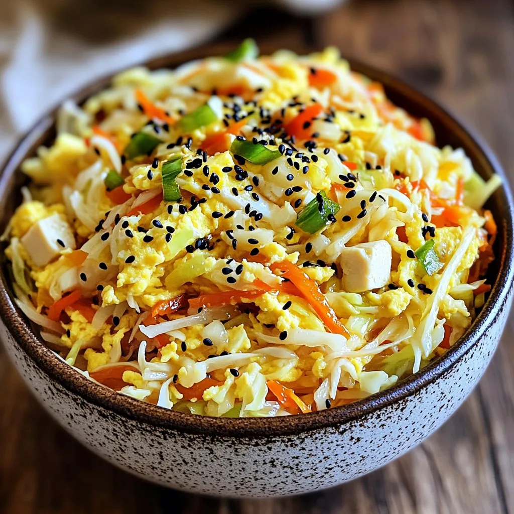 To make a great Minute Egg Roll in a Bowl, gather these key items: - 1 tablespoon sesame oil - 1 cup coleslaw mix (cabbage, carrots) - 1 bell pepper, finely chopped - 1 cup cooked chicken or tofu, diced - 2 green onions, sliced - 2 cloves garlic, minced - 1 tablespoon ginger, grated - 3 tablespoons soy sauce - 1 tablespoon rice vinegar - 2 large eggs, beaten - Salt and black pepper to taste - Black sesame seeds for garnish These ingredients create the base flavors. The sesame oil gives a nice nutty taste. The coleslaw mix adds crunch and color. The chicken or tofu provides protein and texture. You can boost the taste with these add-ons: - 1 teaspoon sriracha (for heat) - Other vegetables like carrots or snap peas - Fresh herbs like cilantro or mint Adding sriracha brings a spicy kick. Extra veggies can make the dish even healthier. Herbs add freshness and a pop of flavor. If you want different proteins, try these options: - Shrimp, cooked and diced - Ground beef or turkey - Tempeh for a plant-based choice Shrimp cooks quickly and adds a seafood flavor. Ground meats provide a hearty alternative. Tempeh is great for those looking for plant-based protein. You can mix and match based on your taste. Start by gathering all your ingredients. You will need: - 1 tablespoon sesame oil - 1 cup coleslaw mix (cabbage, carrots) - 1 bell pepper, finely chopped - 1 cup cooked chicken or tofu, diced - 2 green onions, sliced - 2 cloves garlic, minced - 1 tablespoon ginger, grated - 3 tablespoons soy sauce - 1 tablespoon rice vinegar - 1 teaspoon sriracha (optional for heat) - 2 large eggs, beaten - Salt and black pepper to taste - Black sesame seeds for garnish Make sure to wash and chop the bell pepper and green onions. You can use pre-cut coleslaw mix to save time. This dish is quick, so have everything ready before you start cooking. Heat a large skillet or wok over medium heat. Add the sesame oil and let it warm up. Once hot, add the minced garlic and grated ginger. Sauté these for about 30 seconds until they smell great. Next, stir in the coleslaw mix and chopped bell pepper. This will add crunch and color. Cook for about 3-4 minutes, mixing often, until the veggies soften. Now, add the diced chicken or tofu and sliced green onions. Toss everything together and cook for another 2-3 minutes. This warms the chicken or tofu and blends all the flavors. In a small bowl, whisk together the soy sauce, rice vinegar, and sriracha if you like some heat. Pour this sauce into the skillet and stir well to coat the vegetables and protein. Now, create a small well in the center of the skillet. Pour the beaten eggs into this space. Let the eggs cook for about 30 seconds. Then, scramble them into the mixture until fully cooked. Season your dish with salt and black pepper to taste. Finally, remove it from the heat. Serve hot and sprinkle black sesame seeds on top for a nice finish. Enjoy your Minute Egg Roll in a Bowl! To dice vegetables fast, first wash and peel them if needed. Then, cut them into even strips. Stack a few strips and slice across them to make small cubes. This method saves time and keeps your cuts uniform. Remember, the smaller the pieces, the quicker they cook. Stir-frying is the best method for this recipe. It cooks food fast while keeping the flavors bright. Use a hot skillet or wok, and keep the food moving to avoid burning. Start with the garlic and ginger for a fragrant base. Add vegetables next, then proteins, and finish with the eggs. This will make the dish taste fresh and delicious. One common mistake is overcooking the vegetables. They should stay crisp and colorful. Stir the mix often to avoid burning. Another mistake is not seasoning enough. Taste your dish as you cook. Adjust the salt, pepper, or soy sauce, so it has a balanced flavor. Lastly, don’t skip the garnish! Black sesame seeds add a nice crunch and look great. {{image_2}} You can make this dish vegetarian or vegan with simple swaps. Instead of chicken, use tofu or tempeh. Both options add great protein. For a vegan version, just skip the eggs or replace them with scrambled chickpea flour. You can also add more veggies, like mushrooms or snap peas. This adds texture and flavor while keeping it light. For a low-carb or keto version, skip the rice vinegar and sugar-heavy sauces. Use more non-starchy veggies like zucchini or broccoli. You can replace the coleslaw mix with shredded cauliflower. This change keeps the dish low in carbs while still being tasty. You can also add more protein, such as shrimp or beef, to keep it filling. Spice up your egg roll in a bowl with different seasonings. Try adding five-spice powder for a hint of warmth. You can also use chili oil for a kick. Experiment with sauces like hoisin or teriyaki for a sweet twist. To enhance the umami flavor, add a dash of fish sauce or mushroom sauce. Each option can make your dish unique and fun! To store your leftover egg roll in a bowl, let it cool first. Once cool, place it in an airtight container. This helps keep the flavors fresh. You can store it in the fridge for up to three days. Just remember to label the container with the date! When you are ready to eat the leftovers, reheat them in a skillet. Heat the skillet over medium heat. Add a splash of water to help steam the dish. Stir it often to warm everything evenly. This keeps the veggies crunchy and the chicken or tofu warm. You can also use a microwave for quick reheating. Place the dish in a microwave-safe bowl, cover it, and heat for about one to two minutes. Stir halfway through for even heating. Freezing is a great way to save egg roll in a bowl. First, cool the dish completely. Then, divide it into portions and place them in freezer bags. Squeeze out the air before sealing to avoid freezer burn. Label the bags with the date. You can freeze it for up to three months. To reheat, let it thaw overnight in the fridge. Then, follow the reheating instructions above for the best taste and texture. Yes, you can use many types of vegetables. Try adding broccoli, snap peas, or zucchini. You can even swap out the coleslaw mix. Just remember to chop them small so they cook evenly. The key is to keep the cooking times short. This way, your veggies stay crisp and fresh. You can store leftovers in an airtight container. They will last about 3 to 4 days. Make sure to let them cool before sealing the container. To reheat, use a skillet for the best texture. This keeps the dish from getting soggy in the microwave. Some great sides include steamed rice or quinoa. You can also serve it with a simple salad. A light cucumber salad pairs well too. If you want a crunch, try some fresh spring rolls. These options balance the flavors and make your meal complete. Creating a Minute Egg Roll in a Bowl is easy when you follow these steps. Start with the essential ingredients, then combine, cook, and enjoy. I shared tips on dicing and cooking to help you avoid common pitfalls. You can easily adapt this meal with different proteins, flavors, and storage methods for leftovers. Experiment with this dish for a simple, tasty meal that fits your taste. Enjoy the process, and make it your own each time you cook it!
