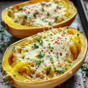 - 1 medium spaghetti squash - 4 cloves garlic, minced - 1/4 cup olive oil - 1 cup grated Parmesan cheese - 1/2 teaspoon red pepper flakes - 1/2 teaspoon salt - 1/4 teaspoon black pepper - 1 tablespoon fresh parsley, chopped - Sharp knife - Spoon for scooping - Baking sheet and parchment paper The main ingredients for Baked Spaghetti Squash Garlic Parmesan are simple yet flavorful. The spaghetti squash serves as a low-carb base. I love using fresh garlic for a punch of taste. Olive oil adds richness, while Parmesan cheese brings a delicious, cheesy finish. When it comes to seasoning, I often add red pepper flakes for a hint of heat. Salt and black pepper enhance the dish. Fresh parsley not only looks nice but also adds freshness to each bite. To prepare this dish, you will need a sharp knife to cut the squash safely. A spoon helps scoop out the seeds easily. Finally, a baking sheet lined with parchment paper ensures easy cleanup after roasting. This dish is easy to make and full of flavor. With these ingredients and tools, you’re ready to create a delightful meal. 1. Preheat your oven to 400°F (200°C). This heat makes the squash tender. 2. Take the spaghetti squash and cut it in half lengthwise. Use a spoon to scoop out the seeds. Make sure to get all the seeds out. 1. Drizzle half of the olive oil inside each squash half. Season with salt and black pepper. 2. Place the squash cut side up on a baking sheet lined with parchment paper. This helps with easy cleanup. 3. Roast in the preheated oven for about 40-45 minutes. Check if the flesh is tender by piercing it with a fork. 1. While the squash roasts, heat the remaining olive oil in a small saucepan over medium heat. 2. Add the minced garlic and, if you like heat, toss in the red pepper flakes. Cook for 1-2 minutes. You want it fragrant, but not browned. Remove it from heat. 1. Once the squash is done, use a fork to scrape the flesh into strands. 2. Place these strands in a large bowl and pour the garlic oil mixture over them. Toss to coat well. 3. Add the grated Parmesan cheese and mix until everything is combined. 4. Transfer this mixture back into the squash halves. Sprinkle more Parmesan cheese on top. 5. Return to the oven and bake for another 10-15 minutes. Look for the cheese to be melted and bubbly before taking it out. How to choose the best spaghetti squash: Pick a squash that feels heavy for its size. Look for a firm skin without blemishes. A yellow or golden color is best. Avoid any squash with soft spots or wrinkles. Tips for cutting and scooping: Use a sharp knife to cut the squash lengthwise. Be careful; it can be tough to cut through. After cutting, scoop out the seeds with a spoon. Make sure to remove all seeds for a clean cook. Add more spices or herbs: You can boost flavor by adding spices. Try Italian seasoning or basil. A pinch of thyme or oregano works well, too. Fresh herbs add a nice touch, especially parsley. How to include vegetables or proteins: Add sautéed vegetables like spinach or mushrooms for extra nutrients. You can mix in cooked chicken or sausage for protein. This makes the dish heartier and more filling. Ideal pairings and side dishes: Baked spaghetti squash pairs nicely with a fresh salad. Garlic bread or roasted vegetables make great sides. You can also serve it alongside grilled fish or chicken for a complete meal. Options for garnishing: For a pop of color, sprinkle extra parsley on top. You can also add red pepper flakes for heat. A drizzle of balsamic glaze adds a sweet touch that contrasts with the savory flavors. {{image_2}} If you love pasta but need gluten-free options, spaghetti squash is a great choice. It is naturally gluten-free and serves as a perfect base for your dish. You can also use gluten-free breadcrumbs on top for a nice crunch. Just make sure to check the label to ensure all ingredients are gluten-free. For a vegan twist, swap the Parmesan cheese for a plant-based option. Nutritional yeast adds a cheesy flavor without dairy. You can also use vegan cheese that melts well. Just sprinkle it on top before the final bake for a tasty finish. Experiment with flavors to keep things exciting. Try different cheeses like mozzarella or feta for a unique taste. You can also add ingredients like sun-dried tomatoes or spinach for added nutrition and flavor. Fresh herbs like basil or oregano can enhance the dish too. Mix and match until you find your favorite combinations! To keep your baked spaghetti squash fresh, follow these steps: - Let the squash cool to room temperature. - Place the leftovers in an airtight container. - Store it in the fridge for up to three days. This way, you maintain its flavor and texture. Reheating is simple. Here’s how to keep it tasty: - Preheat your oven to 350°F (175°C). - Spread the squash on a baking sheet. - Cover it with foil to keep moisture in. - Heat for about 15 minutes or until warm. This helps avoid dryness and keeps the cheese soft. Want to save some for later? Here’s how to freeze it: - Allow the squash to cool down completely. - Scoop out the strands and place them in freezer bags. - Squeeze out as much air as possible before sealing. - Label the bags and freeze for up to three months. When ready to eat, thaw in the fridge overnight and reheat as mentioned. Baking spaghetti squash takes about 40-45 minutes at 400°F (200°C). The squash should be tender when you pierce it with a fork. If your squash is larger, it may need a few extra minutes. Keep an eye on it to avoid overcooking. Yes, you can use a microwave. Cut the squash in half and scoop out the seeds. Place the halves cut side down in a microwave-safe dish with a bit of water. Cover it and cook on high for about 10-12 minutes. Check if it’s tender, and add time if needed. Microwaving is faster but may not have the same roasted flavor as baking. Baked spaghetti squash pairs well with many dishes. You can serve it with: - Grilled chicken or shrimp for protein. - A fresh salad for crunch and color. - Marinara sauce for a classic Italian twist. - Sauteed vegetables for a healthy side. - Garlic bread for a comforting touch. Feel free to mix and match based on what you enjoy! Baking spaghetti squash is simple and fun. We covered the main ingredients like spaghetti squash, garlic, and olive oil. You learned easy steps to roast it and make garlic oil. I also shared tips for perfect results and tasty variations, like gluten-free and vegan options. Remember, you can add your favorite herbs and proteins for more flavor. Enjoy your baked spaghetti squash as a versatile dish that will surprise you and your guests! Use these tips to create your own delicious, healthy meals.