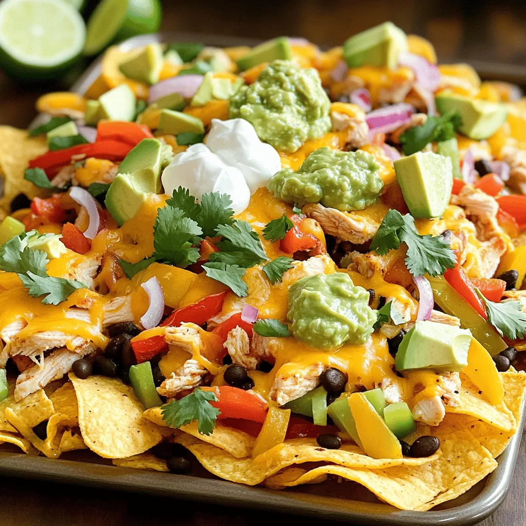 - 2 boneless, skinless chicken breasts - Bell peppers, red and yellow - Red onion - Tortilla chips - Shredded cheddar cheese - Black beans - Diced avocado - Guacamole - Sour cream - Fresh cilantro and lime wedges For this recipe, I use tender chicken breasts. They cook quickly and soak up flavors well. The colorful bell peppers add sweetness and crunch. I always include red onion for its sharp taste that balances the dish. Next, I layer on tortilla chips. They serve as a sturdy base for all the toppings. I use plenty of shredded cheddar cheese. It melts beautifully and adds richness. Black beans boost protein and give a hearty feel. For toppings, I love diced avocado. It adds creaminess. Guacamole brings extra flavor and zest. Sour cream offers coolness, which balances the heat. Fresh cilantro and lime wedges add a burst of freshness. They round out the dish perfectly! This combination makes a fun and tasty meal. Each bite bursts with flavor and color. You can really make it your own with your favorite toppings. 1. Start by preheating your oven to 400°F (200°C). This step helps cook everything evenly. 2. In a bowl, mix the thinly sliced chicken with olive oil and fajita seasoning. Toss well. This ensures every piece gets flavor. 1. Spread the seasoned chicken on a sheet pan. Add the sliced red and yellow bell peppers and red onion around the chicken. 2. Bake everything in the preheated oven for 20-25 minutes. Check if the chicken is cooked through and the veggies are tender. This process brings out their natural sweetness. 1. Layer tortilla chips across the pan. Make sure to cover the bottom well. 2. Distribute the baked chicken and veggies evenly over the chips. 3. Sprinkle black beans and shredded cheddar cheese on top. These add more flavor and texture. 4. Return the pan to the oven for another 5-7 minutes. Bake until the cheese is bubbly and melted. 5. Once out of the oven, top with diced avocado, guacamole, and sour cream. 6. Garnish with fresh cilantro and serve with lime wedges for some zing. Enjoy your easy flavor fiesta! To ensure even cooking for your chicken and veggies, slice them thin. Thin slices cook faster and more evenly. Spread the chicken and vegetables out on the sheet pan. This helps heat circulate around each piece. For layering nachos, start with a base of chips. Spread them evenly across the pan. Then, add your chicken and veggies on top. This way, every chip gets some love. Finish with cheese on top. It melts perfectly and holds everything together. If you want an alternative for chicken, try shredded rotisserie chicken. It saves time and adds flavor. You can also use tofu for a plant-based twist. For cheese options, you don’t have to stick with cheddar. Try Monterey Jack or pepper jack for a kick. Each cheese brings its unique taste and texture to the dish. For presentation, serving directly on the sheet pan is fun. It invites everyone to dig in. You can also transfer nachos to a colorful platter. Add fresh salsa or pico de gallo on the side for brightness. Pair your nachos with sides like corn salad or refried beans. They complement the nachos and add variety to the meal. {{image_2}} To make a meatless option, swap the chicken for veggies. You can use: - 1 can of chickpeas, rinsed and drained - 1 cup of sautéed mushrooms - 1 cup of zucchini, sliced These swaps add protein and keep the dish hearty. You can also use more bell peppers and onions for a colorful mix. For a spicy kick, add jalapeños. You can sprinkle them on top of the nachos before baking. You can also mix spicy salsa into the chicken or layer it over the cheese. This brings heat and flavor. Try new seasonings to change the taste. Here are some ideas: - Use taco seasoning for a classic twist - Add cumin and chili powder for a smoky flavor - Experiment with lime zest for a fresh note These options let you create unique nachos every time. Have fun with your flavors! To keep your sheet pan chicken fajita nachos fresh, place leftovers in an airtight container. Make sure to store them in the fridge within two hours of cooking. These nachos taste best within three days. When you store them, try to keep the toppings separate. This helps keep the chips from getting soggy. To reheat your nachos, preheat your oven to 350°F (175°C). Spread the nachos on a baking sheet, covering them with foil. Heat them for about 10 minutes. This method keeps the chips crispy and the cheese melty. You can also use a microwave. Just heat in short bursts, checking often. But know that chips might get softer using this method. You can freeze the chicken fajita filling but not the nachos as a whole. To freeze, let the chicken and veggies cool completely. Place them in a freezer-safe bag or container. They will last up to three months in the freezer. When ready to use, thaw in the fridge overnight, then reheat before serving. This keeps the flavors fresh and tasty! Sheet pan chicken fajita nachos last about 3 days in the fridge. To keep them fresh, store them in an airtight container. This helps maintain flavor and texture. If you notice any signs of spoilage, it’s best to toss them. Yes, you can prepare some parts ahead of time. Cook the chicken and veggies in advance. Store them in the fridge until you are ready to assemble the nachos. When it's time to eat, layer everything on the chips and bake. This saves time and lets you enjoy fresh nachos with less fuss. To keep nachos crispy, layer the chips first. Then, add toppings that are not too wet. For example, avoid putting guacamole directly on the chips before baking. Instead, add it after baking. This keeps the chips crunchy and the flavors fresh. You can create tasty sheet pan chicken fajita nachos with simple steps. We covered key ingredients like chicken, peppers, and cheese, along with easy instructions for prepping and baking. Remember to layer your nachos right for the best taste. In the end, enjoy experimenting with flavors and toppings. Each bite can surprise and delight you. Now go ahead and make your own delicious nachos!