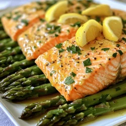 - 4 salmon fillets - 1 bunch of fresh asparagus, trimmed - 3 tablespoons olive oil - 3 cloves garlic, minced - Juice of 2 lemons - Zest of 1 lemon - Salt and pepper to taste - 1 teaspoon dried oregano - Fresh parsley, chopped (for garnish) - Additional herbs (like thyme or rosemary) - Lemon slices for garnish - Baking sheet - Mixing bowl - Measuring spoons When I prepare Lemon Garlic Salmon and Asparagus, I start with fresh ingredients. Always choose bright green asparagus and firm salmon. The olive oil adds richness, while garlic gives a punch. Fresh lemons bring nice acidity, and oregano adds warmth. Salt and pepper enhance all the flavors. Using extra herbs like thyme can elevate the dish. Lemon slices are great for extra zest at the end. For equipment, a baking sheet is a must. I like a large mixing bowl for combining flavors. Measuring spoons ensure I get the amounts just right. This simple setup makes cooking fun and easy! Preheating your oven to 400°F (200°C) is very important. A hot oven helps the salmon cook evenly. It ensures the fish and asparagus roast perfectly. This step makes a big difference in your dish. Take a bunch of fresh asparagus and trim the ends. Next, arrange the asparagus on a large baking sheet in a single layer. Drizzle 2 tablespoons of olive oil over the spears. Sprinkle salt and pepper to taste. Toss the asparagus to coat it well. This helps bring out its natural flavor. In a small bowl, mix together 3 cloves of minced garlic, the juice of 2 lemons, and the zest of 1 lemon. Add 1 tablespoon of olive oil, salt, and pepper to your mix. Then, add 1 teaspoon of dried oregano. This lemon garlic marinade will add a zesty punch to your salmon. Spoon it evenly over the salmon fillets. Place the salmon fillets next to the asparagus on the baking sheet. Make sure there is space between them. This allows for even cooking. Roast everything in your preheated oven for about 12-15 minutes. The salmon is done when it flakes easily with a fork. The asparagus should be tender but still bright green. After removing from the oven, let it rest for a minute. Garnish with fresh parsley for extra flair before serving. To check if the salmon is done, use a fork. If it flakes easily, it's ready. You want to avoid overcooking. Salmon can dry out fast, so keep an eye on it. Aim for a cooking time of 12 to 15 minutes at 400°F. You can also use a meat thermometer. The internal temperature should reach 145°F. Marinating the salmon boosts its taste. Mix the lemon juice, zest, garlic, and olive oil for a great marinade. Let the salmon sit in this mix for 15 to 30 minutes. For more flavor, add spices like smoked paprika or cumin. Fresh herbs like dill or thyme also work well. This dish pairs well with rice or quinoa. A light salad with mixed greens is a good choice, too. For a colorful plate, add cherry tomatoes or roasted bell peppers. When plating, arrange the salmon and asparagus neatly. Garnish with fresh parsley and lemon wedges for a bright touch. {{image_2}} You can cook Lemon Garlic Salmon and Asparagus in different ways. Grilling the salmon adds a smoky flavor. To grill, preheat your grill to medium-high. Place the salmon on the grill and cook for about six to eight minutes per side. Keep an eye on it to avoid overcooking. For the asparagus, you can use a skillet to pan-sear. Heat some olive oil over medium heat. Add the asparagus and cook for about five to seven minutes. Stir often for even cooking. This method gives the asparagus a nice char and keeps it crisp. You can switch up the fish if you wish. Trout or tilapia works well in this dish. They both have a mild flavor, similar to salmon. You can also choose seasonal veggies based on what is fresh. Try broccoli, green beans, or zucchini for a fun twist. Each vegetable adds its unique taste to the meal. For those who need gluten-free options, this recipe fits perfectly. All the ingredients are naturally gluten-free. If you're watching carbs, serve the salmon with a side salad instead of asparagus. You can use leafy greens like spinach or arugula. This keeps the dish light and healthy without losing flavor. To keep your lemon garlic salmon and asparagus fresh, store leftovers in the fridge. Place the food in an airtight container. This helps keep out moisture and air. Use the leftovers within three days for the best taste. - Make sure the salmon and asparagus are cool before sealing them. - Label the container with the date you made the dish. You can freeze salmon and asparagus if you want to save them longer. But note that freezing changes the texture a bit. Wrap each piece tightly in plastic wrap. Then, put them in a freezer bag. Remove as much air as possible. - Use a freezer-safe container to avoid freezer burn. - You can freeze leftovers for up to three months. When you're ready to eat, reheating is key for great flavor. The best way is to use the oven. Preheat it to 350°F (175°C). Place the salmon and asparagus on a baking sheet. Cover them with foil to keep moisture in. Heat for about 10-15 minutes until warmed through. - You can also use the microwave but watch closely to avoid drying out. - For best results, heat in small batches to keep the quality up. Yes, you can prepare this dish ahead of time. To save time, chop the garlic and zest the lemons a day before. You can also marinate the salmon in the lemon garlic mix for up to two hours before cooking. Store everything in the fridge until you are ready to cook. This dish pairs well with several sides. Consider serving it with: - Quinoa or rice for a hearty touch. - A fresh salad with mixed greens and a light vinaigrette. - Garlic bread or crusty rolls for some texture. To check if the salmon is ready, look for these signs: - The fish should flake easily with a fork. - It should change from bright pink to a pale, opaque color. - If you have a food thermometer, aim for an internal temperature of 145°F (63°C). Yes, frozen salmon works well. Thaw it overnight in the fridge before cooking. If you need to cook it from frozen, add a few extra minutes to the cooking time. Just make sure the salmon reaches the right temperature and flakes easily. This blog post has shared a simple and delicious recipe for Lemon Garlic Salmon with Asparagus. You learned about key ingredients, equipment needed, and step-by-step cooking instructions. We also explored tips for perfecting your dish and variations to try. As you cook, remember to enjoy the process. With practice, you will master this dish and impress your diners. Enjoy your healthy meal!