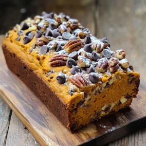 - 1 cup canned pumpkin puree - 1/2 cup vegetable oil - 1/2 cup brown sugar - 1/4 cup granulated sugar - 2 large eggs - 1 teaspoon vanilla extract - 1 1/2 cups all-purpose flour - 1 teaspoon baking soda - 1 teaspoon baking powder - 1 teaspoon ground cinnamon - 1/2 teaspoon ground nutmeg - 1/4 teaspoon salt - 1 cup chocolate chips - 1/2 cup chopped pecans (optional) You need simple ingredients to make this tasty loaf. Canned pumpkin puree gives it a smooth texture and rich flavor. Vegetable oil keeps the loaf moist and fluffy. The brown sugar adds a nice hint of caramel, while granulated sugar sweetens it just right. You'll use two large eggs to bind everything together. Vanilla extract brings warmth and depth. All-purpose flour is your base, giving structure to the loaf. Baking soda and baking powder help it rise beautifully. Ground cinnamon and nutmeg add that perfect fall spice. A pinch of salt balances the sweetness. Chocolate chips bring joy, and optional pecans add a nice crunch. All these ingredients turn into a loaf that is sweet, satisfying, and perfect for breakfast! First, set your oven to 350°F (175°C). This is the ideal temperature for our loaf. Next, grease a 9x5-inch loaf pan. You can also line it with parchment paper for easy removal. In a large bowl, combine 1 cup of canned pumpkin puree, 1/2 cup of vegetable oil, and both sugars. I use 1/2 cup of brown sugar and 1/4 cup of granulated sugar. Mix in 2 large eggs and 1 teaspoon of vanilla extract. Whisk until everything blends well. In another bowl, sift together 1 1/2 cups of all-purpose flour, 1 teaspoon of baking soda, 1 teaspoon of baking powder, 1 teaspoon of ground cinnamon, 1/2 teaspoon of ground nutmeg, and 1/4 teaspoon of salt. This step adds air and keeps the loaf light. Slowly add the dry mix to the wet ingredients. Stir gently until just combined. Do not overmix; this keeps the loaf soft. Now, fold in 1 cup of chocolate chips and 1/2 cup of chopped pecans if you choose. Pour this batter into your prepared pan, spreading it evenly. Bake for 50-60 minutes. Check for doneness with a toothpick; it should come out clean. When the loaf is done, let it cool in the pan for about 10 minutes. Then, transfer it to a wire rack. This helps it cool completely and keeps it from getting soggy. Enjoy the aroma while it cools! Measuring ingredients well is key to great baking. When you weigh your ingredients, you ensure accuracy. For flour, spoon it into a cup gently, then level it off. Avoid packing it down. For liquids, use a clear measuring cup. Check the measurement at eye level for best results. Overmixing can make your loaf tough. Stir the wet and dry ingredients gently. Mix until just combined. The batter should look slightly lumpy. This helps keep your loaf light and fluffy. If you see dry flour, it's okay. Don't worry; it will bake well. Baking time can change based on your oven and pan size. Start checking your loaf at 50 minutes. Insert a toothpick in the center. If it comes out clean, it's done. If not, give it a few more minutes. Keep an eye on it to avoid overbaking. {{image_2}} You can easily make this loaf dairy-free. Instead of eggs, use flax eggs. To make one flax egg, mix 1 tablespoon of ground flaxseed with 2.5 tablespoons of water. Let it sit until it thickens. For milk, swap regular milk with almond milk or oat milk. Both work well and keep the loaf moist. If you need a gluten-free option, try a gluten-free flour blend. Look for blends that include rice flour and tapioca flour. These blends work in place of all-purpose flour. You may also need to add a bit of xanthan gum for better texture. Just follow the package instructions for the best results. To boost the flavor, try adding more spices. Ginger and cloves can add warmth. A pinch of allspice gives a nice kick, too. You can also mix in nuts or dried fruit. Walnuts or cranberries add great texture and taste. If you love variety, try different types of chocolate. Dark chocolate or white chocolate chips can change the whole vibe of your loaf! To keep your pumpkin chocolate chip breakfast loaf fresh, use these tips: - Cool it first: Let the loaf cool completely before storing. - Wrap it well: Use plastic wrap or aluminum foil to cover it tightly. - Use a container: Place it in an airtight container for extra protection. These methods help keep your loaf moist and tasty. Freezing is a great way to save leftovers. Here’s how to do it: 1. Slice the loaf: Cut it into individual pieces. 2. Wrap each slice: Use plastic wrap to cover each slice tightly. 3. Place in a bag: Store the wrapped slices in a freezer bag. For best taste and texture, enjoy the frozen loaf within 2-3 months. When you're ready to enjoy your loaf again, follow these steps: - Use the oven: Preheat it to 350°F (175°C). Place the slice on a baking sheet. Heat for about 10 minutes. - Try the microwave: Heat a slice for 15-20 seconds on a microwave-safe plate. After reheating, serve with a dusting of powdered sugar or a drizzle of chocolate sauce. Enjoy! Yes, you can use fresh pumpkin. Just cook the fresh pumpkin until soft. Then, mash or puree it until smooth. This option adds a fresh flavor. It may also change the loaf's texture slightly. The breakfast loaf stays fresh for about three days at room temperature. Wrap it tightly in plastic wrap. For longer storage, keep it in the fridge for up to a week. If you want to keep it longer, freeze it. You can try using butterscotch chips or white chocolate chips. Chopped nuts or dried fruit can also add nice flavors. If you want a healthier option, use cacao nibs. These give a chocolate flavor with less sugar. Yes, you can reduce the sugar. Try cutting the brown sugar by half. You can also use applesauce or mashed bananas for sweetness. This will change the flavor but still keep it tasty. Absolutely! You can use a mini loaf pan. Fill each mini pan about two-thirds full with batter. Bake for around 25-30 minutes. Check for doneness with a toothpick, just like the large loaf. This article has shared a simple and fun recipe for pumpkin chocolate chip loaf. You now know the key ingredients, step-by-step instructions, and useful tips for best results. Remember, you can customize the loaf with different flavors or adapt it for various diets. Use these insights to bake with confidence. Enjoy your delicious creation and share it with others. Your baking journey starts now, so have fun and make it your own!