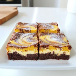 - 1/2 cup unsalted butter, melted - 1 cup granulated sugar - 2 large eggs - 1 teaspoon vanilla extract - 1/3 cup unsweetened cocoa powder - 1/2 cup all-purpose flour - 1/4 teaspoon salt - 1/4 teaspoon baking powder The brownie layer gives a rich, chocolatey base. Start by melting the butter in a bowl. Mix it with granulated sugar until smooth. Add eggs and vanilla next. Stir these in well. Then, sift in the cocoa powder, flour, salt, and baking powder. Stir just until mixed. Do not overmix. This keeps the brownies soft and chewy. - 8 oz cream cheese, softened - 1/2 cup pumpkin puree - 1/2 cup powdered sugar - 1 large egg - 1 teaspoon vanilla extract - 1 teaspoon pumpkin pie spice For the pumpkin cheesecake layer, beat the softened cream cheese in a bowl until smooth. Add pumpkin puree and powdered sugar. Mix these in well. Then, crack in the egg, add vanilla, and sprinkle in pumpkin pie spice. Mix until creamy. This layer adds a delightful pumpkin flavor. It contrasts nicely with the brownie base. Use a spatula to ensure all ingredients blend. - Preheat the oven to 350°F (175°C). - Grease or line an 8x8 inch baking pan with parchment paper. To start, you need to get your oven ready. Preheating the oven helps cook the bars evenly. Greasing or lining the pan makes sure the bars don’t stick. You’ll want them to come out easily. - Mix melted butter and granulated sugar. - Add eggs and vanilla extract, and combine. - Sift and incorporate dry ingredients carefully. Next, let’s make the brownie layer. In a medium bowl, whisk the melted butter and sugar together. Then, add the eggs and vanilla extract. Mix until everything is smooth. Sift in the cocoa powder, flour, salt, and baking powder. Stir carefully to combine. Don’t overmix. This helps keep the brownies soft. - Beat cream cheese until smooth. - Add pumpkin puree, powdered sugar, egg, vanilla, and pumpkin pie spice. - Mix until creamy and well combined. Now, we will prepare the pumpkin cheesecake layer. In a separate bowl, beat the softened cream cheese until it is smooth. Then add the pumpkin puree, powdered sugar, egg, vanilla extract, and pumpkin pie spice. Mix until it is creamy and everything blends well. This layer adds a rich taste that pairs well with the brownies. - Spread the brownie batter evenly. - Pour and swirl the pumpkin cheesecake mixture over the brownie layer. - Bake for 30-35 minutes, checking for doneness. Time to assemble! Pour the brownie batter into the prepared pan. Spread it evenly across the bottom. Next, pour the pumpkin cheesecake mixture over the brownie layer. Use a knife to gently swirl the two layers together for a marbled effect. Now, bake in the preheated oven for 30-35 minutes. Check for doneness with a toothpick. It should come out with a few moist crumbs. - Cool on a wire rack; chill in the refrigerator for at least 2 hours. - Cut into squares or bars before serving. Once baked, let the bars cool in the pan on a wire rack. After they cool, chill them in the fridge for at least two hours. This makes cutting easier. When ready, cut into squares or bars. Enjoy the delicious blend of flavors! To get the best brownie layer, avoid overmixing the batter. Mixing too much can make your brownies tough. Just stir until the dry and wet ingredients blend well. After you pour the batter into the pan, check for doneness with a toothpick. Insert it in the center. If it comes out with a few moist crumbs, it’s perfect! For a smooth cheesecake layer, use cream cheese at room temperature. Cold cream cheese mixes unevenly and can cause lumps. When adding the pumpkin and other ingredients, mix until creamy and smooth. Use a gentle swirling technique to create a nice marbled look. Just run a knife through the cheesecake layer lightly, and you’ll achieve a beautiful design. To make your bars look extra special, dust them with powdered sugar before serving. This gives a nice touch and adds sweetness. You can also sprinkle some cinnamon on top. Whipped cream is another great idea. A dollop on each bar makes them even more appealing and tasty! {{image_2}} You can make your pumpkin cheesecake brownie bars even more exciting. Try adding nuts or chocolate chips to the brownie layer. Chopped walnuts or pecans add a nice crunch. Chocolate chips bring a rich sweetness that pairs well with the pumpkin flavor. For the cheesecake layer, you can play with spices. Instead of just pumpkin pie spice, try cinnamon or nutmeg. You could even add a hint of ginger for a spicy kick. Each option gives your bars a new twist. To change the flavor, consider using maple syrup. It adds a sweet, earthy taste that screams fall. Replace some of the sugar with maple syrup in the brownie mix. A chocolate ganache topping works wonders too. Just melt some chocolate with cream and pour it over the cooled bars. It adds a rich layer that enhances every bite. These twists will impress your guests and make your bars stand out. To keep your pumpkin cheesecake brownie bars fresh, store them in an airtight container in the fridge. This helps maintain their taste and texture. If you want to save some for later, consider freezing them. Wrap the bars well in plastic wrap and foil. This method can extend their shelf life for up to three months. When you're ready to enjoy a bar, you can easily reheat it. For the microwave, place one bar on a microwave-safe plate. Heat it for about 15-20 seconds. Check if it's warm enough; if not, heat for a few more seconds. If you prefer the oven, preheat it to 350°F (175°C). Place the bars on a baking sheet and cover with foil. Heat for about 10 minutes, and enjoy your treat warm! Yes, you can make these bars ahead of time. I suggest baking them a day before you plan to serve. After they cool, store them in an airtight container in the fridge. This helps the flavors meld nicely. You can also freeze them for up to three months. Just wrap them well in plastic wrap and foil. Thaw in the fridge before serving. Yes, you can substitute pumpkin puree. Use butternut squash puree for a similar taste. Sweet potato puree is another option, giving a sweeter flavor. Both substitutes keep the texture creamy. Just remember, the recipe may taste a bit different. You can use leftover cream cheese in many ways. Make a cream cheese spread for bagels or toast. Mix with herbs for a tasty dip. You can also add it to pancakes for a richer flavor. It works well in frosting for cakes, too. You learned how to make delicious brownie and pumpkin cheesecake bars. We covered the key ingredients, detailed steps, and helpful tips. You can easily customize the recipe to fit your taste. Remember, the key is to not overmix and to let the bars cool before cutting. Enjoy sharing these treats with friends and family! Your baking skills just got better. Now, get cooking and treat yourself to these tasty bars!