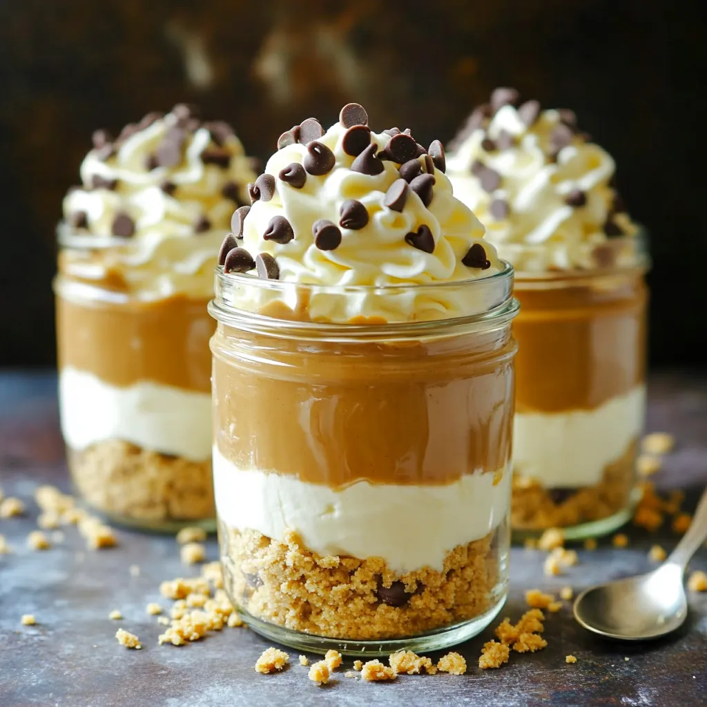 To make No-Bake Peanut Butter Cheesecake Jars, you need some simple and tasty ingredients. Here’s what you should gather: - 1 cup creamy peanut butter - 8 oz cream cheese, softened - 1 cup powdered sugar - 1 teaspoon vanilla extract - 1 cup heavy whipping cream - 1 cup crushed graham crackers - 2 tablespoons unsalted butter, melted - Mini chocolate chips for garnish These ingredients come together to create a rich and creamy dessert. The creamy peanut butter and smooth cream cheese blend perfectly. The powdered sugar adds just the right amount of sweetness. Vanilla extract brings warmth to the mix. Heavy whipping cream makes it light and fluffy. The crushed graham crackers add a crunchy base. Finally, melted butter helps the crumbs stick together. Don't forget the mini chocolate chips on top for a fun touch! To start, grab a mixing bowl. Add 8 ounces of softened cream cheese and 1 cup of creamy peanut butter. Use an electric mixer and beat them together. Mix until the blend is smooth and creamy. This makes the base for your cheesecake. Next, slowly add in 1 cup of powdered sugar and 1 teaspoon of vanilla extract. Continue to mix until everything is well combined and smooth. This will add sweetness and flavor to your mixture. Now, take a clean bowl and pour in 1 cup of heavy whipping cream. Use a hand mixer to whip the cream. Beat it until stiff peaks form. This means the cream should hold its shape well. Once you have stiff peaks, gently fold the whipped cream into your peanut butter mixture. Use a spatula and be careful not to deflate the whipped cream. This keeps your cheesecake light and fluffy. In another bowl, mix 1 cup of crushed graham crackers with 2 tablespoons of melted unsalted butter. Stir until the crumbs are fully coated. This will be your crunchy base. To build the jars, start with a layer of the graham cracker mix in the bottom of each jar. Press it down lightly. Next, spoon a layer of your peanut butter cheesecake filling on top of the graham cracker layer. Make sure to spread it evenly. Repeat these layers until the jars are full, finishing with a layer of cheesecake on top. Finally, refrigerate the jars for at least 2 hours, or overnight if you have time. This helps the cheesecake set and flavors meld. When you’re ready to enjoy, sprinkle mini chocolate chips on top for extra crunch and sweetness! How to avoid lumps in the mixture To keep your cheesecake smooth, make sure the cream cheese is at room temperature. Cold cream cheese can create lumps. Use an electric mixer to blend the peanut butter and cream cheese well. Mix until it looks creamy and well combined. Add the powdered sugar and vanilla slowly, mixing at low speed until smooth. Tips for folding whipped cream without deflating When you whip the cream, stop once you see stiff peaks. Use a spatula to fold the whipped cream into the peanut butter mix. Start by adding a small amount of whipped cream to lighten the mixture. Then, gently fold in the rest. This keeps your cheesecake fluffy and light. Ideas for garnishing with chocolate chips Once your jars are filled, you can sprinkle mini chocolate chips on top. This adds a nice crunch and a sweet touch. You can also use a mix of chocolate and peanut butter chips for extra flavor. Drizzling with peanut butter or chocolate sauce For a finishing touch, drizzle some peanut butter or chocolate sauce on top of the jars. It makes them look fancy and adds more taste. You can warm the sauce slightly for easier drizzling. Enjoy your delicious creation! {{image_2}} You can change up the recipe with different ingredients. One fun twist is using crunchy peanut butter instead of creamy. This adds a nice texture and extra peanut flavor. You can also try different cookie bases. For example, crushed Oreos give a rich chocolate taste. They add a great crunch to the jars. To take your cheesecake jars to the next level, think about flavor enhancements. Adding chocolate or caramel sauce on top makes each bite even sweeter. A drizzle of warm sauce can make the jars look fancy, too. You might also want to add nuts or fruit layers. Chopped peanuts or sliced bananas create exciting flavors. These options make your cheesecake jars unique and delicious. To keep your no-bake peanut butter cheesecake jars fresh, choose airtight containers. Glass jars with tight lids work great. You can also use plastic containers, but glass keeps flavors better. Store them in the fridge for up to five days. Just make sure to seal them well. This way, each bite stays tasty! If you want to save some jars for later, you can freeze them. First, let the jars cool in the fridge for at least two hours. Then, cover each jar with plastic wrap and a lid. This will protect them from freezer burn. You can freeze them for up to three months. To enjoy your frozen jars, take them out and place them in the fridge overnight. This slow thawing keeps the texture smooth. Avoid using the microwave, as it can change the creaminess. Enjoy your delicious cheesecake jars anytime you want! Yes, you can make these jars ahead of time. It's best to prepare them the night before. This way, they have enough time to set in the fridge. The longer they chill, the better the flavors blend. Just cover them well before refrigerating. You can use low-fat cream cheese if you prefer. It will change the texture a bit. The cheesecake may not be as rich and creamy. However, it will still taste good. If you're watching your calories, this is a great option. To make this recipe gluten-free, use gluten-free graham crackers. You can find many brands that offer this option. Just check the label when you shop. The rest of the ingredients are already gluten-free, so it will be an easy swap. If you need a substitute for peanut butter, try almond butter or sunflower seed butter. Both options work well in this recipe. They have similar textures and flavors. This makes them great substitutes for those with allergies or who want variety. This blog post covered how to make a tasty peanut butter cheesecake in jars. We talked about the simple ingredients, each step of preparation, and all the tips for success. You learned about cool variations and how to store your treats. Making this dessert should be fun and easy. It’s perfect for any occasion. Enjoy the delicious layers and share them with friends!