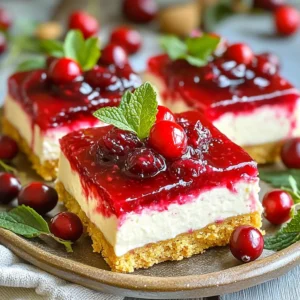 - 1 ½ cups graham cracker crumbs - ½ cup unsalted butter, melted - 1 cup cream cheese, softened - ½ cup powdered sugar - 1 teaspoon vanilla extract - 1 cup heavy whipping cream - 1 ½ cups fresh or frozen cranberries - ½ cup granulated sugar (for cranberries) - 1 tablespoon lemon juice Each ingredient plays a key role in making your no-bake cranberry cheesecake bars both easy and delicious. The graham cracker crumbs form a crispy, sweet crust. You need unsalted butter to help hold the crust together. Cream cheese gives the filling its rich, creamy texture. Powdered sugar sweetens the filling, making it smooth. Vanilla extract adds a lovely flavor to the cheesecake. Heavy whipping cream is crucial for that light, airy texture. Fresh or frozen cranberries create a tart topping. The granulated sugar balances the tartness of the cranberries. Finally, lemon juice brightens the flavor and helps the cranberries cook down into a nice sauce. This mix of ingredients combines to make a treat that is sure to impress. Each step in the recipe uses these ingredients to build layers of taste and texture. You will enjoy the process and the end result, which is a perfect dessert for any occasion. To start, mix 1 ½ cups of graham cracker crumbs with ½ cup of melted butter. Stir until the crumbs look like wet sand. This helps bind the crust together. Next, press the mixture firmly into the bottom of a 9x9 inch baking dish. Make sure it is even and compact. This step is key for a solid base. Now, place the dish in the fridge while you make the filling. In a clean bowl, beat together 1 cup of softened cream cheese, ½ cup of powdered sugar, and 1 teaspoon of vanilla extract. Mix until it's smooth and creamy. This will be the rich layer of your cheesecake. In another bowl, whip 1 cup of heavy cream until it forms stiff peaks. This adds lightness to the filling. Gently fold the whipped cream into the cream cheese mixture. Be careful here; you want to keep it fluffy! Once your filling is ready, pour it over the chilled crust. Use a spatula to spread it out evenly. Tap the dish on the counter a few times to help settle the filling. This helps reduce air bubbles. After this, return the dish to the fridge. Let it set for at least 4 hours, or overnight if you can. For the topping, combine 1 ½ cups of cranberries, ½ cup of granulated sugar, and 1 tablespoon of lemon juice in a saucepan. Cook this mixture over medium heat. Stir until the cranberries start to burst, about 10 to 15 minutes. Once it’s done, remove it from heat and let it cool completely. This tart topping will balance the sweet cheesecake. After the cheesecake layer has set, spread the cooled cranberry sauce evenly on top. This adds a pop of color and flavor. To serve, lift the cheesecake out of the dish using the edges of parchment paper if you used it. Slice into bars and serve chilled. These bars look great on a platter, especially with a fresh cranberry and mint leaf on top. Enjoy your delicious creation! - Achieving the right consistency with whipped cream: Whip the heavy cream until stiff peaks form. This step is key. It makes the cheesecake light and airy. Gently fold it into the cream cheese mix. Be careful not to deflate the whipped cream. This keeps your cheesecake fluffy and smooth. - Importance of chilling time for setting: After pouring the cheesecake filling over the crust, chill it for at least 4 hours. For the best results, leave it overnight. This time helps it to set properly. It also allows the flavors to meld well. - Suggested garnishes: For a lovely touch, garnish each bar with a fresh cranberry and a mint leaf. This adds a pop of color and freshness. You can also sprinkle some crushed graham crackers on top for added texture. - Serving suggestions for presentations: Serve the bars on a beautiful platter. This enhances the visual appeal. Place them in a single layer for easy access. You can also add a drizzle of chocolate sauce for extra flair. - Selecting fresh cranberries: When choosing cranberries, look for firm ones with a bright color. Avoid any that are soft or shriveled. Fresh cranberries create a better topping and add a burst of flavor. - Choosing cream cheese and whipping cream: Always use full-fat cream cheese for a rich taste. Check the expiration date on the cream. Fresh cream ensures the best texture and flavor in your cheesecake. {{image_2}} You can change the cranberry topping to fit your taste. Other berries work great, like strawberries or blueberries. You can even mix them for a colorful look. If you want an easy option, try using fruit preserves or jams. Simply spread them over the cheesecake layer for a quick and tasty topping. To make your bars even more special, add some citrus zest. Lemon or orange zest brightens the flavor. You can also spice things up by adding a pinch of cinnamon. This gives your cheesecake bars a warm, cozy taste. If you need a gluten-free version, swap the graham cracker crumbs. Use crushed gluten-free cookies or almond flour instead. Check all other ingredients too. Make sure they are gluten-free, so everyone can enjoy these tasty bars. To keep your no-bake cranberry cheesecake bars fresh, store them in the refrigerator. Place the bars in an airtight container. This helps prevent them from absorbing any unwanted odors from the fridge. If you used parchment paper, leave a bit sticking out. This makes it easier to lift the bars out later. You can freeze these cheesecake bars for later enjoyment. First, slice the bars into portions. Wrap each portion tightly in plastic wrap, then place them in a freezer-safe container. This keeps them safe from freezer burn. When you want to enjoy them, take a portion out and thaw it in the fridge overnight. Serve them chilled for the best taste. In the fridge, the cheesecake bars will last about 5 days. If you freeze them, they can stay good for up to 2 months. Just be sure to store them properly. This way, you can always have a sweet treat ready when you need it! The cheesecake bars need about 4 hours to set in the fridge. For the best results, I recommend letting them chill overnight. This helps the bars firm up and makes them easier to slice. If you do not wait long enough, they may not hold their shape well. Yes, you can use frozen cranberries! They work well in this recipe. Frozen cranberries save time and are often just as tasty. However, they may release more water when cooked. This can make your cranberry topping a bit runnier. Just keep this in mind when preparing your sauce. If you need a substitute for cream cheese, you have options. Use Greek yogurt or mascarpone cheese for a creamy texture. For a dairy-free choice, try cashew cream or tofu blended until smooth. These alternatives may change the flavor slightly, but they still create a delicious cheesecake layer. Using heavy cream is important for the texture and flavor of the cheesecake. Heavy cream makes the filling rich and creamy. It also helps the bars maintain a nice structure when chilled. If you skip it, the bars may end up too dense or crumbly. This article covered how to make delicious cheesecake bars. We discussed the key ingredients, step-by-step instructions, tips for success, and various storage methods. You learned how to create a smooth filling, a tasty cranberry topping, and the best ways to serve your bars. Remember, using quality ingredients makes a big impact. Whether you try new flavors or stick to the classic, these bars will please everyone. Enjoy making and sharing your cheesecake bars!