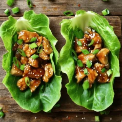 - 1 pound boneless, skinless chicken thighs - 1 tablespoon olive oil - 1 small onion, finely chopped - 2 cloves garlic, minced - 1-inch piece ginger, grated The main part of this dish is the chicken. I prefer boneless, skinless chicken thighs for their juicy texture. They soak up flavor well and cook nicely. You will also need some olive oil to sauté the onion. The onion adds sweetness and depth. Garlic and ginger give this dish a nice kick. - ¼ cup low-sodium soy sauce - 2 tablespoons honey - 2 tablespoons rice vinegar - 1 teaspoon sesame oil For the sauce, low-sodium soy sauce is key. It brings saltiness without being overpowering. Honey adds sweetness and balances the flavors. Rice vinegar gives a hint of tang. Finally, sesame oil adds a nutty aroma that enhances the dish. - ½ teaspoon red pepper flakes (optional, for heat) - 1 large head of butter or iceberg lettuce, leaves separated - ¼ cup green onions, chopped (for garnish) - 1 tablespoon sesame seeds (for garnish) Red pepper flakes add a touch of heat, but you can skip them if you prefer. For wrapping, butter or iceberg lettuce works great. They are sturdy and crisp. Green onions and sesame seeds make perfect garnishes. They add color and extra flavor. First, you need to make the marinade. In a medium bowl, combine the diced chicken thighs with ¼ cup of low-sodium soy sauce, 2 tablespoons of honey, 2 tablespoons of rice vinegar, and 1 teaspoon of sesame oil. If you like heat, add ½ teaspoon of red pepper flakes. Mix all the ingredients well to coat the chicken. Let it marinate for about 15 to 20 minutes. This helps the chicken soak up all the tasty flavors. While the chicken marinates, heat 1 tablespoon of olive oil in a large skillet over medium heat. Add 1 small finely chopped onion to the skillet and sauté it for about 3 to 4 minutes until it becomes translucent. Then, add 2 cloves of minced garlic and a 1-inch piece of grated ginger. Stir these for 1 minute until they release their fragrant smell. This step creates a delicious base for your dish. Now it's time to cook the chicken. Increase the heat to medium-high and add the marinated chicken to the skillet. Cook for 6 to 8 minutes, stirring occasionally. You want the chicken to be cooked through and slightly caramelized. Make sure there’s no pink left in the center. This adds a nice flavor and texture to the wraps. Once the chicken is ready, remove the skillet from heat and allow the mixture to cool slightly. To serve, take a lettuce leaf from a large head of butter or iceberg lettuce. Spoon a generous amount of the teriyaki chicken mixture onto the leaf. Garnish with ¼ cup of chopped green onions and sprinkle 1 tablespoon of sesame seeds on top. Now, wrap the lettuce around the filling. Hold it like a taco and enjoy this tasty hand-held delight! For the best flavor, marinate the chicken for 15-20 minutes. This time allows the chicken to soak in the teriyaki sauce. You can adjust the soy sauce and honey based on your taste. If you prefer it sweeter, add more honey. For saltiness, increase the soy sauce slightly. To get that nice caramelized finish, heat your skillet well before adding the chicken. The high heat helps the sugars in the sauce brown. Stir the chicken often to prevent burning. Cook it until it is just done, about 6-8 minutes. If the chicken cooks too long, it can become dry. Serve these wraps with a side of rice or steamed veggies. They balance well with the fresh flavors of the wraps. For a fun touch, lay the wraps out on a platter. Garnish with green onions and sesame seeds for a colorful look. Enjoy the crunch of the lettuce against the savory chicken! {{image_2}} You can switch up the chicken for other proteins. Chicken breasts work great too. They have less fat and cook quickly. You can also try beef or pork if you want something different. For a vegetarian option, tofu and tempeh are excellent choices. They soak up flavors well and add protein. Cut them into small cubes and marinate like the chicken. Then, sauté until golden. Adding fresh vegetables to the filling makes it more colorful. Try bell peppers, carrots, or mushrooms. Chop them up small and mix them in while cooking. This adds crunch and nutrients. You can also experiment with different sauces or spices. Try adding hoisin sauce for a sweet twist. A dash of sriracha can kick up the heat. Mix and match flavors to find your favorite. While butter or iceberg lettuce works well, you can use other greens. Romaine is sturdy and has a nice crunch. You can even use cabbage leaves for a fun twist. For a low-carb option, consider using leafy greens like kale or collard greens. They are nutrient-dense and hold up well. Just remove the thick stems to make wrapping easier. To keep your teriyaki chicken fresh, place it in the fridge. Use an airtight container to avoid any odors. You can store it for up to three days. If you want to keep it longer, consider freezing it. Use freezer-safe bags or containers for best results. The best methods to reheat your chicken are the stovetop or microwave. When using the stovetop, add a splash of water to keep it moist. Heat over low until it's warm throughout. If using the microwave, cover the dish with a damp paper towel. This keeps the chicken from drying out. Aim for one to two minutes of heating, checking often. To save time, you can prepare components in advance. Chop your veggies and marinate the chicken the night before. However, assemble wraps fresh for the best texture. Pre-made wraps can become soggy. If you need to make them ahead, store the chicken and lettuce separately until you are ready to eat. You can easily make these wraps gluten-free by using tamari instead of soy sauce. Tamari is a gluten-free soy sauce alternative. It has a similar taste and works well in marinades. Look for a brand that is labeled gluten-free to be safe. Yes, you can prep the chicken in advance. Marinate the chicken thighs for up to 24 hours. This helps the flavors soak in. Cook the chicken just before serving. This keeps it fresh and tasty. For quick and healthy sides, try steamed broccoli or a simple cucumber salad. You can also serve brown rice or quinoa for a filling meal. These sides complement the wraps well and add color to your plate. In this post, we explored how to make delicious teriyaki chicken lettuce wraps. We covered the key ingredients and step-by-step instructions, from marinating the chicken to assembling the wraps. I included tips for cooking, variations for protein options, and storage advice for leftovers. These wraps are easy to prepare and great for any meal. Try them out for your next dinner! Enjoy making these tasty treats and sharing them with friends and family.