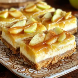 - 1 ½ cups graham cracker crumbs - ½ cup unsalted butter, melted - 1 cup cream cheese, softened - 1 cup granulated sugar - 1 teaspoon vanilla extract - 2 large eggs - 2 cups finely chopped apples (like Granny Smith) - 1 teaspoon ground cinnamon - ½ teaspoon nutmeg - 1 cup caramel sauce (store-bought or homemade) - A pinch of salt To create these delicious caramel apple cheesecake bars, you need some simple yet key components. The apples give a fresh taste, while cream cheese adds creaminess. Don't forget the graham cracker crumbs for that perfect crust! - Additional caramel sauce - Thin apple slices - Sprinkle of cinnamon For a lovely finish, drizzle more caramel sauce on top. You can also add thin apple slices for color. A sprinkle of cinnamon can enhance the visual appeal and flavor. Arrange the bars on a nice plate to impress your guests! 1. Preheat your oven to 325°F (160°C). 2. Line a 9x9-inch baking dish with parchment paper. Leave some paper over the sides. 3. In a medium bowl, combine 1 ½ cups graham cracker crumbs and ½ cup melted unsalted butter. 4. Mix until well blended. Press this mixture into the bottom of your baking dish. 5. Bake for 10 minutes. Remove and let it cool slightly. 1. In a large bowl, beat 1 cup of softened cream cheese for 1-2 minutes. 2. Gradually add 1 cup of granulated sugar. Mix until smooth. 3. Add 1 teaspoon of vanilla extract. Beat in 2 large eggs, one at a time. 4. In another bowl, mix 2 cups of finely chopped apples with 1 teaspoon of ground cinnamon, ½ teaspoon of nutmeg, and a pinch of salt. 5. Gently fold the spiced apple mixture into the cream cheese batter. 1. Pour the apple cheesecake filling over the crust in the baking dish. 2. Drizzle 1 cup of caramel sauce over the filling. Use a knife to swirl it gently. 3. Bake in the preheated oven for 30-35 minutes. The edges should be set, and the center will jiggle slightly. 4. Remove from the oven and let it cool at room temperature. 5. Refrigerate for at least 3 hours until fully chilled and firm. 6. Lift the bars out of the dish using the parchment paper. Cut into squares. 7. Drizzle extra caramel sauce on top before serving. To make the crust firm, press the graham cracker mix down hard. This gives the bars a strong base. Aim for an even layer. For the cheesecake, keep the cream cheese soft. Room temperature cream cheese mixes well. A smooth batter helps create a nice texture. To get that lovely marbled look with caramel, drizzle the sauce on top. Use a knife or toothpick to swirl it gently. Don't overdo it; a little swirl makes a big impact. Always check your oven temperature. Ovens can be off by quite a bit. Use an oven thermometer for best results. Bake these bars at 325°F. This low temp helps them cook evenly. To prevent cracks in your cheesecake, do not overbeat the eggs. Mix until just combined. Also, let the bars cool slowly. After baking, leave them at room temperature before refrigerating. This helps set the texture without cracks. {{image_2}} You can change the flavor of your caramel apple cheesecake bars easily. Adding spices like nutmeg or pumpkin spice gives a warm touch. Just mix these spices into the apple mixture for a cozy taste. You can also try different apples. Fuji or Honeycrisp apples work well too. They add a sweet twist. Even other fruits like pears or berries can be great in this recipe. If you want gluten-free bars, use almond flour or gluten-free graham crackers for the crust. This keeps it tasty and safe for everyone. For a vegan option, swap out cream cheese with a plant-based cream cheese. You can use flax eggs instead of regular eggs. Just mix 1 tablespoon of flaxseed meal with 2.5 tablespoons of water for each egg. These changes make the bars great for all diets. To keep your caramel apple cheesecake bars fresh, place them in an airtight container. Use a container that fits the bars snugly to prevent movement. If you don’t have one, cover them well with plastic wrap. Store the bars in the fridge. They will stay good for about five days. This way, you can enjoy them throughout the week. If you want to freeze the bars, start by letting them cool completely. Once cool, cut the bars into squares. Wrap each square in plastic wrap and then in foil. This extra layer will help keep them fresh. Place the wrapped bars in a freezer-safe bag or container. They can last up to three months in the freezer. When you’re ready to eat, take out the bars and let them thaw in the fridge overnight. You can serve them cold or warm them slightly in the oven. Drizzle some caramel sauce on top for extra flavor. Enjoy your delicious treat! Can I use homemade caramel sauce? Yes, you can use homemade caramel sauce. It adds a rich flavor. Just ensure it cools before drizzling. Store-bought works too, but the homemade version feels special. How do I know when the cheesecake is done baking? Look for set edges and a slight jiggle in the center. The cheesecake continues to cook as it cools. If it looks too soft, bake a few more minutes. Avoid overbaking, as it can crack. Can I make these bars ahead of time? Absolutely! You can make these bars a day before serving. Just let them cool, chill in the fridge, and cut them just before serving. They taste even better after sitting! This blog post guided you in making delicious cheesecake bars with apples and caramel. We covered main ingredients, optional toppings, and detailed steps for preparation and baking. You learned tips for perfecting texture and flavor, plus storage and freezing methods for leftovers. As you create your own version, remember that it's all about enjoying the process. Explore flavors, experiment with ingredients, and have fun sharing your treats!