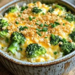 - 2 cups cooked brown rice - 4 cups fresh broccoli florets - 1 cup shredded sharp cheddar cheese - 1 cup cream of mushroom soup (or homemade) - ½ cup sour cream - ½ cup milk - ½ teaspoon garlic powder - ½ teaspoon onion powder - ¼ teaspoon black pepper - ¼ teaspoon salt - ½ cup breadcrumbs (optional) - 2 tablespoons olive oil Gather these simple ingredients to create a warm and cheesy dish. Brown rice adds a hearty base, while broccoli brings color and nutrition. Sharp cheddar cheese melts beautifully, making every bite creamy and rich. Cream of mushroom soup enhances the flavor, adding a savory depth. Sour cream and milk keep the mixture moist and smooth. For seasoning, garlic and onion powder add a hint of zest, while salt and black pepper balance the flavors. The optional breadcrumbs can create a crunchy topping. When combined, these ingredients make a comforting meal that the whole family will love. - Preheat the oven to 350°F (175°C). - In a large mixing bowl, combine: - 2 cups cooked brown rice - 4 cups fresh broccoli florets - 1 cup shredded sharp cheddar cheese - 1 cup cream of mushroom soup - ½ cup sour cream - ½ cup milk - ½ teaspoon garlic powder - ½ teaspoon onion powder - ¼ teaspoon black pepper - ¼ teaspoon salt Mix these well until everything blends nicely. This mix creates a creamy base with great flavor. - Lightly grease a 9x13-inch baking dish with olive oil. - Pour the mixture into the dish. Spread it out evenly. - If you want a crunchy topping, mix ½ cup breadcrumbs with a tablespoon of olive oil. Sprinkle this over the casserole. - Cover the dish with aluminum foil. This keeps it moist while baking. - Bake for 25 minutes. - After 25 minutes, remove the foil. Bake for another 15 minutes. Look for a golden brown top. You want it bubbly and inviting. Once done, let it cool for 5 minutes before serving. Enjoy every bite! To cook rice perfectly, use the right water ratio. For brown rice, use 2.5 cups of water for every cup of rice. Bring it to a boil, then cover and simmer. For about 45 minutes, let it cook. Steaming broccoli is easy. Cut it into small florets. Boil water and place the florets in a steamer. Steam for three to five minutes. The broccoli should be bright green and tender but still crisp. Spice up your casserole! Add a pinch of thyme or oregano. A dash of paprika can also enhance the taste. You can even try a little red pepper for heat. If you want different cheese flavors, try mozzarella or gouda. Cream cheese can add a rich touch. Mix cheeses for depth and fun flavors. Pair this casserole with a fresh side salad. A light vinaigrette will balance the rich cheese. Serve it with grilled chicken or fish for protein. For presentation, garnish with chives or parsley. A sprinkle of paprika can add color. Serve hot in individual bowls for a cozy meal. {{image_2}} If you want to make a gluten-free version of the casserole, it's easy. First, use gluten-free cream of mushroom soup. Many brands offer this option. It keeps the same creamy taste without gluten. Next, you can substitute the breadcrumbs. Use gluten-free alternatives like crushed rice cereal or almond flour. This gives your casserole a nice crunch without any gluten. For a vegetarian twist, you can add other vegetables. Carrots and bell peppers fit well in this dish. Just chop them small and mix them in. They add color and extra nutrients. You can also swap regular cheese for plant-based cheese. This makes it dairy-free while still giving you that cheesy flavor. Many brands now make great-tasting vegan cheese. Prep time is key if you want to enjoy this dish on busy days. You can make it ahead of time. Just mix all the ingredients as directed. Then, cover it and place it in the fridge. It will stay fresh for a few days. If you want to store it longer, freeze it! After mixing, put it in a freezer-safe dish. When you're ready to eat, let it thaw overnight in the fridge. Then, bake it as usual. This way, you'll always have a comforting meal ready to go. To store leftovers, let the casserole cool first. Then, cover it tightly with plastic wrap or foil. You can also use an airtight container. This keeps the casserole fresh. In the fridge, it lasts for about 3 to 5 days. Always check for any signs of spoilage before eating. For freezing, cool the casserole completely. Cut it into portions for easy use later. Wrap each portion tightly in plastic wrap, then foil. This helps prevent freezer burn. You can also use freezer-safe containers. The casserole stays good for about 2 to 3 months. When you're ready to eat, thaw the casserole in the fridge overnight. You can reheat it in the oven at 350°F (175°C) until hot. Stir it halfway through to heat evenly. If using the microwave, cover it to keep moisture in. Enjoy your tasty meal! The best cheese for this dish is sharp cheddar. It adds a great flavor. You can also use mild cheddar for a creamier taste. If you want a mix, combine both types. Mixing cheeses gives depth to your casserole. Try adding mozzarella for extra stretch or gouda for a smoky twist. Yes, you can use different types of rice. While I love brown rice for its nutty flavor, white rice works well too. White rice cooks faster and has a softer texture. Wild rice is another option. It has a unique taste and chewy texture. Just remember to adjust cooking times based on the type of rice you choose. You’ll know the casserole is done when it is golden brown on top. The edges should be bubbly and the center hot. You can use a fork to check the texture. It should be creamy and not runny. Let it cool for a few minutes before serving. This helps the flavors meld together and makes it easier to serve. This blog post covered how to make a delicious broccoli rice casserole. You learned about the key ingredients, step-by-step instructions, and helpful tips. We discussed variations for dietary needs and storage methods. Remember, cooking can be fun and rewarding. Feel free to experiment with flavors and ingredients. Enjoy making the casserole and sharing it with friends and family. It's a great dish for any occasion!