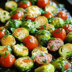 - 1 lb Italian sausage links - 1 lb Brussels sprouts - 2 tablespoons olive oil - 1/2 cup cherry tomatoes - Garlic powder - Smoked paprika - Parmesan cheese - Salt and pepper - Fresh parsley When I make the Sausage and Brussels Sprouts Sheet Pan, I focus on quality. First, I choose 1 pound of Italian sausage links. You can go with mild or spicy, depending on your taste. Next, I grab 1 pound of fresh Brussels sprouts. Trim and halve them for even cooking. I also love to add 1/2 cup of cherry tomatoes. Their sweetness pairs well with the savory sausage. To bring it all together, I use 2 tablespoons of olive oil. This helps the veggies roast well. For seasonings, I sprinkle in garlic powder and smoked paprika. These add depth and warmth to the dish. Don’t forget salt and pepper to taste. Finally, I top it off with 1/4 cup of grated Parmesan cheese. This adds a rich, creamy flavor that everyone loves. For a fresh touch, I often garnish with chopped fresh parsley. It brightens the dish and makes it look great on the table. - Preheat oven to 400°F (200°C). - Trim and halve Brussels sprouts. This helps them cook evenly. - Combine Brussels sprouts and cherry tomatoes in a bowl. - Drizzle with 2 tablespoons of olive oil. - Sprinkle on 1 teaspoon of garlic powder, 1 teaspoon of smoked paprika, salt, and pepper. - Toss well until all pieces are coated. - Arrange the vegetables in a single even layer on a sheet pan. - Cut the Italian sausage links into 1-inch pieces. - Distribute the sausage pieces evenly over the vegetables. - Place the sheet pan in the preheated oven. - Roast for 25-30 minutes. The sprouts should be tender and the sausage cooked through. - In the last 5 minutes, sprinkle 1/4 cup of grated Parmesan cheese on top. - Let it melt slightly before serving. Choosing between mild and spicy sausage is key. Mild sausage gives a nice, subtle flavor. Spicy sausage adds a kick that some may love. You can mix both for a balance. To ensure the sausage is cooked right, check the internal temperature. It should reach 160°F (71°C). Use a meat thermometer for accurate results. This keeps the sausage juicy and safe to eat. To boost flavor, consider adding extra spices. Herbs like thyme or rosemary work well. You can also try a pinch of red pepper flakes for heat. Coating the veggies evenly with olive oil is crucial. This helps them roast nicely and not stick. It also aids in flavor absorption from the spices. Pair this dish with simple sides. A fresh salad or crusty bread complements the meal well. You can also drizzle a tangy sauce over it for added zest. The ideal serving temperature is warm. Let it rest for a few minutes after cooking. This allows flavors to settle and makes it easier to serve. Enjoy every bite! {{image_2}} You can change the sausage to fit your taste. Try chicken or turkey sausage. These options are leaner and still pack flavor. They cook well with the Brussels sprouts and tomatoes. If you prefer a meatless dish, tempeh or tofu works great. Both are good at soaking up flavors. Cut them into cubes and season them just like the sausage. They will roast nicely, adding a different texture. Adding seasonal vegetables can make your dish unique. Think about carrots, sweet potatoes, or bell peppers. You can mix and match based on what you have. These vegetables will roast well and add color. If you can't find fresh Brussels sprouts, frozen ones are a good swap. Just make sure to thaw and drain them first. This helps keep your dish from getting too watery. Spices elevate this dish. Feel free to try new ones like Italian seasoning or red pepper flakes. Each spice can give a different taste and kick to the meal. Balsamic vinegar or lemon juice can also add a tangy touch. Drizzle some over the veggies and sausage before roasting. This extra layer of flavor can make your dish even more delightful. To keep your leftovers fresh, store them in the fridge. Use airtight containers to prevent moisture loss. Let the dish cool before sealing it. This helps keep flavors intact. Label your containers with the date, so you remember when you made it. For longer storage, you can freeze this dish. First, let the leftovers cool completely. Then, place them in freezer-safe bags or containers. Squeeze out as much air as possible. When you’re ready to eat, thaw in the fridge overnight. Reheat in the oven or on the stove until hot. In the fridge, this dish lasts about 3 to 4 days. If you freeze it, it can last up to 3 months. Always check for spoilage. Signs include an off smell, discoloration, or a slimy texture. When in doubt, throw it out to stay safe. To check if the sausage is ready, use a meat thermometer. The internal temperature should reach 160°F (71°C). This ensures it is safe to eat. If you don't have a thermometer, cut a piece open. The meat should be brown and the juices clear. This dish is tasty and safe when cooked right! Yes, you can prepare the veggies and sausage ahead of time. Cut the Brussels sprouts and sausage, then store them in the fridge. You can do this a day in advance. Just remember to toss them with oil and spices before cooking. This saves time and makes meal prep easier. If you can't find Brussels sprouts, use green beans or broccoli. Both cook well and taste great. You can also try cauliflower or zucchini for a different twist. Each option adds its own flavor to the dish. Feel free to mix and match your favorite veggies! To make this dish lighter, use turkey sausage instead of Italian sausage. You can also reduce the olive oil to one tablespoon. Add more veggies to bulk it up without many calories. Consider skipping the cheese or using a lighter version. These simple swaps keep the dish tasty while cutting calories. This blog post covered a simple sheet pan meal featuring Italian sausage, Brussels sprouts, and cherry tomatoes. You learned how to prepare, season, and roast the dish. I also shared tips on choosing the right sausage and enhancing flavors with spices. You can try different proteins and veggies too. In conclusion, this recipe is easy and flexible. Feel free to make it your own. Enjoy cooking and sharing this delicious meal!