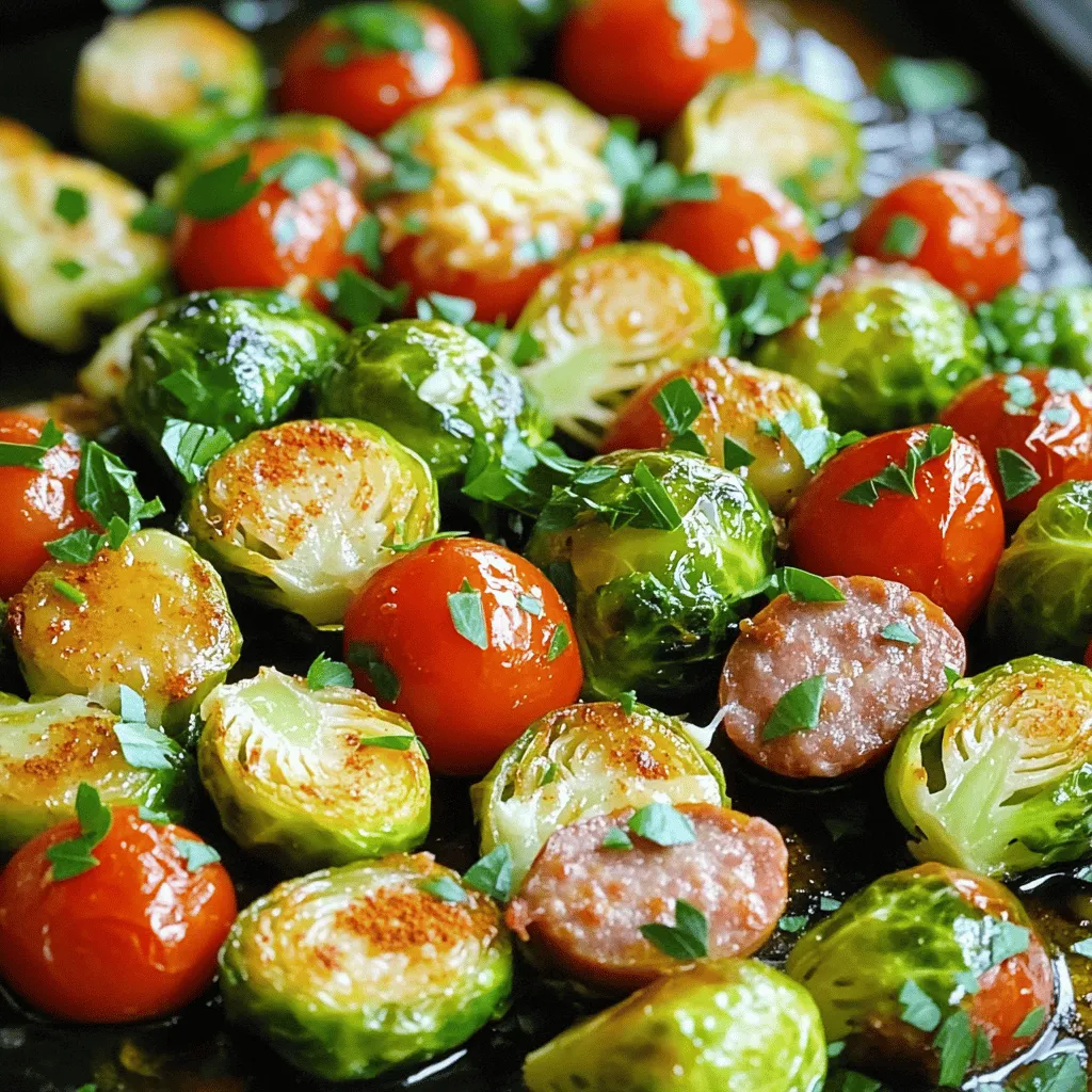 - 1 lb Italian sausage links - 1 lb Brussels sprouts - 2 tablespoons olive oil - ½ cup cherry tomatoes - Garlic powder - Smoked paprika - Parmesan cheese - Salt and pepper - Fresh parsley When I make the Sausage and Brussels Sprouts Sheet Pan, I focus on quality. First, I choose 1 pound of Italian sausage links. You can go with mild or spicy, depending on your taste. Next, I grab 1 pound of fresh Brussels sprouts. Trim and halve them for even cooking. I also love to add ½ cup of cherry tomatoes. Their sweetness pairs well with the savory sausage. To bring it all together, I use 2 tablespoons of olive oil. This helps the veggies roast well. For seasonings, I sprinkle in garlic powder and smoked paprika. These add depth and warmth to the dish. Don’t forget salt and pepper to taste. Finally, I top it off with ¼ cup of grated Parmesan cheese. This adds a rich, creamy flavor that everyone loves. For a fresh touch, I often garnish with chopped fresh parsley. It brightens the dish and makes it look great on the table. - Preheat oven to 400°F (200°C). - Trim and halve Brussels sprouts. This helps them cook evenly. - Combine Brussels sprouts and cherry tomatoes in a bowl. - Drizzle with 2 tablespoons of olive oil. - Sprinkle on 1 teaspoon of garlic powder, 1 teaspoon of smoked paprika, salt, and pepper. - Toss well until all pieces are coated. - Arrange the vegetables in a single even layer on a sheet pan. - Cut the Italian sausage links into 1-inch pieces. - Distribute the sausage pieces evenly over the vegetables. - Place the sheet pan in the preheated oven. - Roast for 25-30 minutes. The sprouts should be tender and the sausage cooked through. - In the last 5 minutes, sprinkle ¼ cup of grated Parmesan cheese on top. - Let it melt slightly before serving. Choosing between mild and spicy sausage is key. Mild sausage gives a nice, subtle flavor. Spicy sausage adds a kick that some may love. You can mix both for a balance. To ensure the sausage is cooked right, check the internal temperature. It should reach 160°F (71°C). Use a meat thermometer for accurate results. This keeps the sausage juicy and safe to eat. To boost flavor, consider adding extra spices. Herbs like thyme or rosemary work well. You can also try a pinch of red pepper flakes for heat. Coating the veggies evenly with olive oil is crucial. This helps them roast nicely and not stick. It also aids in flavor absorption from the spices. Pair this dish with simple sides. A fresh salad or crusty bread complements the meal well. You can also drizzle a tangy sauce over it for added zest. The ideal serving temperature is warm. Let it rest for a few minutes after cooking. This allows flavors to settle and makes it easier to serve. Enjoy every bite! {{image_2}} You can change the sausage to fit your taste. Try chicken or turkey sausage. These options are leaner and still pack flavor. They cook well with the Brussels sprouts and tomatoes. If you prefer a meatless dish, tempeh or tofu works great. Both are good at soaking up flavors. Cut them into cubes and season them just like the sausage. They will roast nicely, adding a different texture. Adding seasonal vegetables can make your dish unique. Think about carrots, sweet potatoes, or bell peppers. You can mix and match based on what you have. These vegetables will roast well and add color. If you can't find fresh Brussels sprouts, frozen ones are a good swap. Just make sure to thaw and drain them first. This helps keep your dish from getting too watery. Spices elevate this dish. Feel free to try new ones like Italian seasoning or red pepper flakes. Each spice can give a different taste and kick to the meal. Balsamic vinegar or lemon juice can also add a tangy touch. Drizzle some over the veggies and sausage before roasting. This extra layer of flavor can make your dish even more delightful. To keep your leftovers fresh, store them in the fridge. Use airtight containers to prevent moisture loss. Let the dish cool before sealing it. This helps keep flavors intact. Label your containers with the date, so you remember when you made it. For longer storage, you can freeze this dish. First, let the leftovers cool completely. Then, place them in freezer-safe bags or containers. Squeeze out as much air as possible. When you’re ready to eat, thaw in the fridge overnight. Reheat in the oven or on the stove until hot. In the fridge, this dish lasts about 3 to 4 days. If you freeze it, it can last up to 3 months. Always check for spoilage. Signs include an off smell, discoloration, or a slimy texture. When in doubt, throw it out to stay safe. To check if the sausage is ready, use a meat thermometer. The internal temperature should reach 160°F (71°C). This ensures it is safe to eat. If you don't have a thermometer, cut a piece open. The meat should be brown and the juices clear. This dish is tasty and safe when cooked right! Yes, you can prepare the veggies and sausage ahead of time. Cut the Brussels sprouts and sausage, then store them in the fridge. You can do this a day in advance. Just remember to toss them with oil and spices before cooking. This saves time and makes meal prep easier. If you can't find Brussels sprouts, use green beans or broccoli. Both cook well and taste great. You can also try cauliflower or zucchini for a different twist. Each option adds its own flavor to the dish. Feel free to mix and match your favorite veggies! To make this dish lighter, use turkey sausage instead of Italian sausage. You can also reduce the olive oil to one tablespoon. Add more veggies to bulk it up without many calories. Consider skipping the cheese or using a lighter version. These simple swaps keep the dish tasty while cutting calories. This blog post covered a simple sheet pan meal featuring Italian sausage, Brussels sprouts, and cherry tomatoes. You learned how to prepare, season, and roast the dish. I also shared tips on choosing the right sausage and enhancing flavors with spices. You can try different proteins and veggies too. In conclusion, this recipe is easy and flexible. Feel free to make it your own. Enjoy cooking and sharing this delicious meal!