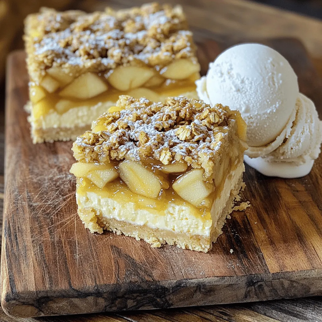 For the crust, you need: - 1 ½ cups graham cracker crumbs - ½ cup unsalted butter, melted - ⅓ cup granulated sugar This crust gives the bars a crunchy base. Mixing melted butter with crumbs and sugar makes it stick together well. For the cheesecake filling, gather: - 16 oz cream cheese, softened - ¾ cup granulated sugar - 1 teaspoon vanilla extract - 2 large eggs Softened cream cheese is key. It blends smoothly with sugar and eggs. The vanilla adds a nice flavor that pairs well with apples. For the apple pie layer, you will need: - 2 large apples, peeled, cored, and diced - ¼ cup brown sugar - 1 teaspoon cinnamon - 1 tablespoon lemon juice - 1 tablespoon cornstarch Choose sweet apples for the best flavor. Mixing them with cinnamon and lemon juice enhances their taste. Cornstarch helps the apples set. For the topping, collect: - ½ cup rolled oats - ¼ cup flour - ¼ cup brown sugar - 2 tablespoons butter, softened - A pinch of salt This topping adds a wonderful crunch. Oats and brown sugar create a sweet, crumbly texture that balances the creamy cheesecake. To make the crust, you need three simple ingredients. Gather 1 ½ cups of graham cracker crumbs, ½ cup of melted unsalted butter, and ⅓ cup of granulated sugar. Preheat your oven to 350°F (175°C). In a mixing bowl, combine the crumbs, butter, and sugar. Mix until it looks like wet sand. Next, press this mixture into the bottom of a parchment-lined 9x9 inch baking dish. Bake it for 10 minutes, then take it out and set it aside to cool. For the filling, you will need 16 oz of softened cream cheese, ¾ cup of granulated sugar, 1 teaspoon of vanilla extract, and 2 large eggs. In a large bowl, beat the cream cheese and sugar together until smooth. This should take about 2-3 minutes. Add the vanilla and eggs next, mixing until just combined. Avoid overmixing to keep the texture creamy. Pour this mixture over the cooled crust, spreading it out evenly. Now, let’s prepare the apple filling. You will need 2 large apples, ¼ cup of brown sugar, 1 teaspoon of cinnamon, 1 tablespoon of lemon juice, and 1 tablespoon of cornstarch. First, peel, core, and dice the apples. In a separate bowl, toss the diced apples with brown sugar, cinnamon, lemon juice, and cornstarch. Make sure the apples are well coated. Then, evenly spread the apple mixture over the cheesecake layer. For the topping, gather ½ cup of rolled oats, ¼ cup of flour, ¼ cup of brown sugar, 2 tablespoons of softened butter, and a pinch of salt. In another bowl, mix these ingredients together until you have a crumbly texture. Sprinkle this mixture over the apples, covering them well. Now it’s time to bake! Place the baking dish in the oven and bake for 30-35 minutes. The edges should look set and slightly golden. The center may jiggle a bit, and that's okay. Once baked, take it out and let it cool at room temperature. After that, refrigerate the dish for at least two hours. When you're ready to serve, lift the bars out by the parchment paper. Slice them into squares. For a fun touch, serve these bars on a wooden cutting board. Dust them with powdered sugar and add a scoop of vanilla ice cream on the side. This makes for a lovely presentation and a delicious treat! To make the crust just right, use fresh graham cracker crumbs. This gives a crisp and tasty base. Mix the crumbs with melted butter and sugar until it feels like wet sand. Press this mix firmly into your baking dish. I suggest using parchment paper to make it easy to lift the bars out later. Bake it for 10 minutes. This sets the crust and makes it golden. For a smooth cheesecake, your cream cheese must be soft. Let it sit out for 30 minutes before mixing. Beat it with sugar until creamy. Add eggs one at a time and mix gently. This keeps your mixture light. Overmixing can cause cracks later. Pour it over your crust and spread it evenly for the best results. For the apple pie layer, choose firm apples like Granny Smith. They add a nice tartness. Toss the diced apples with brown sugar, cinnamon, and lemon juice. The lemon juice brightens the flavors. Cornstarch helps thicken the filling. This mix should coat each piece well. Spread it evenly over the cheesecake layer to get that perfect bite. When serving these bars, slice them into small squares. This makes sharing easy! Dust the tops with powdered sugar for a lovely look. I like to serve them on a wooden cutting board. Add a scoop of vanilla ice cream on the side for a creamy contrast. It’s an easy way to impress guests! {{image_2}} You can switch the apples for other fruits. Pears work great in this recipe. You can also try peaches or berries. Just cut them into small pieces. Adjust the sugar to match the sweetness of your fruit. For example, berries may need less sugar than apples. This change adds fun and new tastes to your bars. You can make these bars gluten-free. Use gluten-free graham crackers for the crust. There are many brands available in stores. Also, check your oats to ensure they are gluten-free. For the topping, use almond flour instead of regular flour. These small changes keep the taste and texture delicious! To make this recipe vegan, swap the cream cheese for a plant-based cream cheese. You can find this in most stores. Use flax eggs instead of regular eggs. Mix 1 tablespoon of ground flaxseed with 2.5 tablespoons of water for each egg. The crust can stay the same if you use vegan butter. These swaps keep your bars creamy and tasty without animal products. Store your Apple Pie Cheesecake Bars in the fridge. Use an airtight container to keep them fresh. Place a piece of parchment paper between layers to avoid sticking. This helps maintain their texture and flavor. You can freeze these bars if you want to keep them longer. First, let the bars cool completely. Then, wrap them tightly in plastic wrap. Place them in a freezer-safe bag or container. This way, they stay fresh for up to three months. In the fridge, the bars last about five days. If you freeze them, they can last up to three months. Just remember to thaw them in the fridge overnight before serving. Enjoy the taste of fresh cheesecake bars anytime! Yes, you can use a store-bought crust. It saves time and effort. Look for graham cracker crusts for the best match. Just fit it into your baking dish and pour the filling in. To avoid cracks, don’t overmix the cheesecake. Mix until just blended. Also, bake at a lower temperature. If the edges set but the center jiggles, it's perfect. Let it cool slowly to room temperature, then chill. Use a sharp knife to slice the bars. For cleaner cuts, warm the knife in hot water. Wipe it with a towel after each cut. This helps keep the layers neat and pretty. Yes, you can make these bars a day ahead. After baking, let them cool and chill. They taste great when chilled. This can also help the flavors meld together. To adjust sweetness, add or reduce sugar in the filling. You can also use less brown sugar in the apple layer. Taste the filling before pouring it over the crust. This blog post showed you how to make delicious cheesecake apple pie bars. We covered the key ingredients, from the crust to the topping. You learned step-by-step instructions, tips for the best texture, and ideas for variations. Also, we discussed storage tips to keep your bars fresh. Now, you have everything you need to create these tasty treats. Enjoy making them for your family and friends!