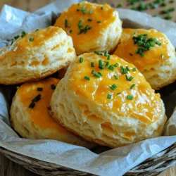 - 2 cups all-purpose flour - 1 tablespoon baking powder - ½ teaspoon salt - ¼ teaspoon black pepper - ½ cup cold unsalted butter, cubed - 1 cup shredded sharp cheddar cheese - ¼ cup fresh chives, chopped - ¾ cup buttermilk To make these cheddar chive biscuits, gather all your ingredients first. This helps you stay organized and makes cooking easier. Start with all-purpose flour. It gives the biscuits a nice texture. You will also need baking powder. This is the key to fluffy biscuits. Salt and black pepper add taste. Cold unsalted butter is very important. It makes the biscuits flaky and soft. Cut it into small cubes. This helps it mix better with the flour. Next, we have sharp cheddar cheese. It adds a bold flavor. Use fresh shredded cheese for the best results. Then, chop fresh chives. They give a nice green color and a fresh taste. Finally, you will need buttermilk. It adds moisture and makes the biscuits tender. If you don’t have buttermilk, you can make a quick substitute. Mix regular milk with a little vinegar or lemon juice. Having these ingredients ready will set you up for success. You will be one step closer to making delicious cheddar chive biscuits! 1. Preheat your oven to 425°F (220°C). Line a baking sheet with parchment paper. This helps the biscuits bake evenly and not stick. 2. In a large bowl, whisk together 2 cups of all-purpose flour, 1 tablespoon of baking powder, ½ teaspoon of salt, and ¼ teaspoon of black pepper. Mixing these dry ingredients is key for a good rise. 3. Next, add ½ cup of cold, cubed unsalted butter to the flour mix. Use a pastry cutter or your fingers. Blend until the mixture looks like coarse crumbs. Cold butter makes the biscuits fluffy. 4. Stir in 1 cup of shredded sharp cheddar cheese and ¼ cup of chopped fresh chives. Make sure they mix evenly. The cheese and chives add great flavor. 5. Gradually pour in ¾ cup of buttermilk. Stir gently until the dough starts to come together. Avoid overmixing to keep your biscuits light and airy. 6. Turn the dough onto a floured surface. Knead it gently a few times until it's smooth. Pat it into a rectangle about 1-inch thick. 7. Use a biscuit cutter or a glass to cut out round biscuits. Place them on the prepared baking sheet. Gather any scraps and cut out more biscuits. 8. Bake in the preheated oven for 12-15 minutes. They should be golden brown on top. 9. Once done, take them out and let them cool slightly. Enjoy them warm for the best taste! - Importance of cold butter: Cold butter is key for fluffy biscuits. It helps create steam during baking, which makes the biscuits rise. When you mix cold butter into the flour, it stays in small chunks. This gives your biscuits a light and airy texture. Always keep your butter cold until you are ready to use it. - Don't overmix the dough: Mixing should be gentle. Overmixing the dough can make your biscuits tough. When adding buttermilk, stir just until the mixture comes together. A few lumps are okay. This keeps your biscuits soft and fluffy. - Suggestions for cheese alternatives: While sharp cheddar adds a great taste, you can try other cheeses too. Gruyère or fontina will give a creamy texture. If you want a bite, use pepper jack for a spicy kick. - Adding spices or herbs: Experiment with flavors! Garlic powder or smoked paprika can add depth. You can also try adding fresh herbs like parsley or dill for a unique twist. Each choice can change the whole taste of your biscuits. - Serving suggestions for best presentation: Serve your biscuits warm for the best taste. Place them in a basket lined with a cloth or parchment paper. This keeps them warm and looks inviting. Add a sprinkle of chopped chives on top for color. It makes your biscuits not only taste great but look beautiful too! {{image_2}} You can easily mix up this recipe to suit your taste. Try using different herbs. For example, parsley or dill can add fresh flavors. You can also add cooked bacon or ham for a meaty twist. Just chop the bacon or ham into small pieces and mix them into the dough. This adds a savory depth to each bite. If you want a gluten-free version, you can swap out the all-purpose flour. Use a gluten-free flour blend instead. Look for one that has xanthan gum. This helps mimic the texture of regular flour. You might also need to adjust the liquid slightly, as gluten-free flour can absorb more moisture. For a vegan twist, replace the butter and buttermilk. Use vegan butter instead of regular butter. For the buttermilk, mix plant-based milk with a little vinegar or lemon juice. Let it sit for a few minutes to curdle. This gives you a nice dairy-free alternative that works well in this recipe. To keep your leftover biscuits fresh, store them in an airtight container. You can use a plastic container or a resealable bag. This helps prevent them from drying out. You can store the biscuits in the fridge for up to four days. If you want to keep them longer, freezing is the best option. Wrap each biscuit in plastic wrap and place them in a freezer bag. They can last up to three months in the freezer. When you're ready to enjoy your biscuits again, reheating is easy. The best method is to use an oven. Preheat your oven to 350°F (175°C). Place the biscuits on a baking sheet and warm them for about 10 minutes. This keeps them fluffy and tasty. You can also use a microwave if you're in a hurry. Just heat them for about 15-20 seconds. But, be careful. Microwaving too long can make them tough. Enjoy your biscuits warm for the best flavor! Can I make the dough ahead of time? Yes, you can make the dough ahead of time. After mixing it, wrap the dough in plastic wrap. Store it in the fridge for up to 24 hours. This way, you can bake fresh biscuits when you want. How do I know when the biscuits are done? Look for a golden-brown top. The biscuits should also feel firm to the touch. You can poke one with a toothpick. If it comes out clean, they are ready. Can I use milk instead of buttermilk? Yes, you can use milk instead of buttermilk. To make it similar, add a teaspoon of vinegar or lemon juice to the milk. Let it sit for five minutes before using. This will give you a similar tangy taste. You now have all you need to make perfect cheddar chive biscuits. We covered the ingredients, step-by-step instructions, and useful tips to ensure your biscuits turn out fluffy and delicious. You can also explore variations to suit your tastes and choose how to store them. Remember, using cold butter and not overmixing is key. With these guidelines, you can enjoy warm biscuits anytime. Try out these recipes, and make them your own!