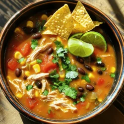 - 2 boneless, skinless chicken breasts - 1 can (15 oz) black beans, rinsed and drained - 1 can (15 oz) diced tomatoes (with green chilies) - 1 medium onion, diced - 2 cloves garlic, minced - 1 cup corn (fresh, frozen, or canned) - 4 cups chicken broth These main ingredients build the heart of the soup. The chicken adds protein and richness. Black beans offer fiber and texture. Diced tomatoes bring acidity and flavor. Onion and garlic add depth. Corn gives a sweet crunch. Chicken broth ties everything together, making a warm base. - 1 teaspoon ground cumin - 1 teaspoon chili powder - ½ teaspoon smoked paprika - Salt and pepper to taste Spices bring life to the soup. Ground cumin adds warmth and earthiness. Chili powder offers a mild heat. Smoked paprika gives a hint of smokiness. Salt and pepper enhance all the flavors. Balancing these spices is key for a tasty dish. - Fresh cilantro, chopped (for garnish) - Lime wedges (for serving) - Tortilla chips or strips (for serving) Garnishes make this soup shine. Fresh cilantro adds brightness and freshness. Lime wedges offer a zesty kick when squeezed in. Tortilla chips or strips provide a crunchy contrast. Together, these toppings turn the soup into a delicious meal. To start, I heat olive oil in a skillet over medium heat. I add diced onion and sauté until it turns clear, about five minutes. Next, I stir in minced garlic and let it cook for one more minute. This step makes the kitchen smell amazing! Once the onion and garlic are ready, I move them to the slow cooker. I then add the chicken breasts, black beans, diced tomatoes, corn, and chicken broth. I sprinkle in the ground cumin, chili powder, smoked paprika, salt, and pepper. After all the ingredients are in, I give it a good stir to mix everything well. Now it's time to set the slow cooker. I cover it and choose the low setting for 6–8 hours or the high setting for 3–4 hours. This slow cooking lets all the flavors blend perfectly. When the cooking time is up, I take out the chicken breasts. I use two forks to shred the chicken into bite-sized pieces. Then, I return the chicken back into the soup and stir it all together. Before serving, I taste the soup and adjust the seasoning with more salt and pepper if needed. To serve, I ladle the hot soup into bowls. I like to garnish it with chopped cilantro, a squeeze of lime, and some tortilla chips or strips on top. This makes it look and taste even better! - Adjusting seasonings: Taste your soup before serving. If it needs more flavor, add salt, pepper, or spices. A pinch of chili powder can boost the heat. Always start small and taste as you go. - Adding extras for more depth: You can mix in extra ingredients. Consider adding diced bell peppers or fresh corn for sweetness. A splash of lime juice brightens the flavors. Fresh herbs like cilantro add a nice touch. - Ensuring proper chicken tenderness: Use boneless, skinless chicken breasts for the best results. Cook the soup on low for 6-8 hours. This slow cooking method makes the chicken tender and tasty. - Troubleshooting common cooking issues: If your soup seems too thin, mix in a cornstarch slurry. Combine 1 tablespoon of cornstarch with 2 tablespoons of water and stir it in. If the soup is too thick, add a bit of chicken broth to thin it out. - Garnishing beautifully: For a lovely look, sprinkle chopped cilantro on top just before serving. Add lime wedges on the side for a pop of color and flavor. - Serving suggestions for a complete meal: Serve with tortilla chips or strips for crunch. A side of avocado or a fresh salad pairs well too. This makes your meal colorful and exciting! {{image_2}} You can make this soup vegetarian by swapping the chicken for beans or tofu. Black beans work great, and they add protein. If you use tofu, choose firm tofu for the best texture. You might want to sauté the tofu first to give it more flavor. Adjust the broth for a flavorful base. Use vegetable broth instead of chicken broth. You can also add more spices to boost the taste. Consider adding more chili powder or cumin for extra warmth. If you like heat, add jalapeños or hot sauce to your soup. Fresh jalapeños can give it a nice kick. You can slice them and toss them in with the other ingredients. You can also use spicier seasonings. Try adding cayenne pepper or a spicy taco seasoning. Just be careful not to add too much at once; you can always add more later. For those needing gluten-free options, this soup is easy to adapt. All the main ingredients are naturally gluten-free. Just ensure your broth and any added seasonings are also gluten-free. If you want a low-sodium version, look for low-sodium broth. You can also cut back on added salt. This way, you can still enjoy great flavor without the extra sodium. To store leftovers, let the soup cool down first. Pour it into an airtight container. This method keeps the soup fresh. It lasts up to four days in the fridge. When reheating, use the stove or microwave. Heat until it is hot all the way through. Stir it well to mix flavors again. You can freeze this soup for later. Pour it into freezer-safe bags or containers. Make sure to leave space at the top for expansion. This soup stays good for about three months in the freezer. When you want to eat it, move it to the fridge overnight to thaw. You can also place it in warm water for quicker thawing. Prepping ingredients ahead of time is smart. Chop the onion and garlic, then store them in a container. You can also rinse and drain the beans in advance. This makes cooking easier during the week. Store all prepped items in the fridge. This way, you can make delicious meals quickly when you are busy. To amp up the heat, try adding jalapeños. You can chop them finely or leave them in larger pieces for a stronger flavor. Another option is to use hot sauce to taste. If you want more spice, increase the chili powder. You can also add a pinch of cayenne pepper for an extra kick. Yes, you can use frozen chicken. Just place the frozen chicken breasts directly in the slow cooker. The cooking time will be a bit longer. Set your slow cooker to high for 4-5 hours or low for 8-10 hours. Make sure the chicken reaches 165°F for safe eating. There are many great sides for this soup. You can serve it with tortilla chips for crunch. A simple green salad also works well. You might enjoy some avocado slices or quesadillas on the side. For a heartier meal, pair the soup with rice or cornbread. To store leftovers, let the soup cool first. Place it in an airtight container. It can stay in the fridge for up to 3 days. If you want to keep it longer, freeze the soup. Use freezer bags or containers, and it’ll last about 3 months. Always label your containers with the date. You can create a delicious slow cooker chicken tortilla soup with simple ingredients. Start by preparing the chicken, beans, and spices. Follow the steps for easy cooking and garnishing. Add your own flair with tips for flavor and presentation. You can also modify it to fit your diet or spice preferences. Remember, it’s all about making a warm and tasty meal. Enjoy cooking and sharing your soup with others!