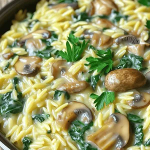 - 1 cup orzo pasta - 2 cups fresh spinach, roughly chopped - 1 cup mushrooms, sliced (cremini or button work well) The star of this dish is the orzo pasta. This rice-shaped pasta cooks quickly and absorbs flavors well. Fresh spinach adds color and nutrition. The mushrooms provide a rich, savory taste that enhances the meal. - 1 small onion, diced - 2 cloves garlic, minced Onion and garlic bring depth to this dish. The diced onion cooks until soft and sweet. The minced garlic adds a lovely aroma and a burst of flavor. - 1 cup vegetable broth - 1/2 cup heavy cream (or coconut cream for a vegan option) - 1/2 cup grated Parmesan cheese (optional for a non-vegan option) The vegetable broth forms the base of the creamy sauce. Heavy cream gives the dish its rich texture. Parmesan cheese adds a salty, nutty flavor, but you can skip it for a vegan version. This combination makes a perfect creamy sauce that clings to the orzo and vegetables. To start, bring a pot of salted water to a boil. Add the orzo pasta and cook it according to the package instructions. This usually takes about 8-10 minutes. Drain the orzo when it is just right, or al dente. This means it should still have a bit of a bite. Cooking it this way keeps the orzo from getting mushy later. In a large skillet, heat olive oil over medium heat. Add the diced onion and cook for about 3-4 minutes. You want it to be soft and translucent. Next, add the minced garlic, stirring it in for about 30 seconds. This will make your kitchen smell great! Now, it’s time to add the sliced mushrooms. Cook these for about 5-7 minutes until they are tender and golden brown. Season with salt and pepper to taste. Pour in the vegetable broth and bring the mixture to a simmer. Let it cook for 2-3 minutes. This helps reduce the broth a bit. Now, lower the heat and stir in the heavy cream and grated Parmesan cheese. Mix well until everything is creamy and combined. Check the sauce's consistency; it should be smooth and thick enough to coat the orzo nicely. Add the cooked orzo to the skillet. Toss it gently to coat the orzo in the creamy sauce. Next, fold in the chopped spinach. Cook for another 2-3 minutes until the spinach wilts down and mixes well with the orzo. Taste your dish and adjust the seasoning with more salt and pepper if needed. Finally, plate your creamy mushroom spinach orzo. Garnish with fresh chopped parsley for a pop of color and extra flavor. To ensure your creamy mushroom spinach orzo stays rich and smooth, follow these steps: - Use heavy cream: It adds a rich texture. If you want a lighter option, coconut cream works too. - Stir often: This helps the sauce stay creamy without sticking to the pan. To avoid mushy orzo, here’s what you do: - Cook al dente: Follow package instructions closely. This keeps the pasta firm. - Rinse briefly: After draining, rinse the orzo with cold water to stop cooking. You can elevate the dish with extra spices and herbs. Here are some ideas: - Add fresh thyme or basil: They bring a nice aroma and flavor. - Sprinkle some red pepper flakes: This adds a bit of heat. Using different cheeses can change the flavor profile: - Try goat cheese: It adds a tangy twist. - Use feta cheese: This gives a briny taste that complements the dish. Plating ideas make a big difference. Consider these options: - Use large bowls: They allow for a generous serving and look inviting. - Layer the ingredients: Start with orzo, then spinach and mushrooms on top. For garnishing suggestions, think about: - Fresh parsley or chives: They add a pop of color. - A squeeze of lemon juice: This brightens the dish and adds freshness. {{image_2}} To make this dish vegan, you can swap out the dairy. Use coconut cream instead of heavy cream. For the cheese, try nutritional yeast. It adds a cheesy flavor without the dairy. You can also add plant-based proteins. Chickpeas or lentils work well. They boost both flavor and nutrition. If you want to add meat, chicken or shrimp are great choices. Cook them first and set them aside. Then, mix them in when you add the orzo. For a vegetarian option, consider tofu or tempeh. These proteins absorb flavors well and give you a good texture. Feel free to switch up the veggies. Try adding bell peppers or zucchini for more color. Broccoli also works great in this dish. You can change the pasta, too. Instead of orzo, use farro or quinoa. Both add different textures and flavors to your meal. To store leftovers, let the creamy mushroom spinach orzo cool down first. Then, place it in an airtight container. This keeps it fresh and tasty. In the fridge, it lasts for about 3 to 4 days. Make sure you label the container with the date, so you know how long it has been there. For reheating, I suggest using the stovetop. Place the orzo in a skillet over low heat. Add a splash of vegetable broth or water to help rehydrate it. Stir often to prevent sticking. Avoid overcooking by checking it frequently. You want it warm, not mushy. If you want to freeze the orzo, let it cool completely. Then, portion it into freezer-safe bags. Squeeze out as much air as you can before sealing. This helps prevent freezer burn. To thaw, place the bag in the fridge overnight. You can also use a microwave for quicker thawing. Just be sure to stir well during the process. If you don't have orzo, try these options: - Arborio rice - Couscous - Quinoa - Small pasta shapes like ditalini or acini di pepe These options work well in this dish. They all absorb flavors and create a nice texture. To make creamy mushroom spinach orzo gluten-free, use gluten-free pasta. Many brands offer rice or corn-based options. You can also try quinoa, which is naturally gluten-free. Ensure your vegetable broth is gluten-free as well. This way, you can enjoy the dish without worry. Yes, you can prepare this dish ahead of time. To do this: - Cook the orzo and set it aside. - Sauté the veggies as usual. - Combine everything and let it cool. - Store it in an airtight container in the fridge for 2-3 days. When ready to eat, reheat slowly on the stove. Add a splash of broth to keep it creamy. This dish pairs well with several side options: - A simple green salad - Roasted vegetables - Garlic bread For a complete meal, serve it with grilled chicken or shrimp. These add protein and make it more filling. Enjoy your meal! This blog post covers a tasty creamy mushroom spinach orzo dish. You learned about the key ingredients, like orzo, spinach, and mushrooms, and how to cook them. I shared step-by-step instructions for boiling, sautéing, and making a creamy sauce. I included tips to enhance flavor and give your dish a great look. You can even try variations, like vegan options or adding protein. Remember to store your leftovers well for the best taste later. Enjoy making and sharing this dish with others!