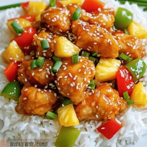 - 1 lb boneless, skinless chicken breasts - 1/2 cup cornstarch - 2 eggs, beaten - 1/4 cup vegetable oil - 1 red bell pepper, diced - 1 green bell pepper, diced - 1 cup pineapple chunks - 1/2 cup onion, diced - 2 cloves garlic, minced - 1 teaspoon ginger, minced - 1/4 cup ketchup - 1/4 cup apple cider vinegar - 1/4 cup brown sugar - 2 tablespoons soy sauce - Cooked rice for serving Gather these ingredients to make your sweet and sour chicken better than takeout. Each item plays a key role in the dish's flavor and texture. The chicken gives you protein, while the cornstarch helps create a crispy coating. The eggs bind the cornstarch to the chicken, making it stick well. The colorful bell peppers add crunch and sweetness. Pineapple chunks bring a juicy burst of flavor that balances the sauce. Onions, garlic, and ginger add depth and warmth. In the sauce, ketchup gives sweetness, while apple cider vinegar adds a nice tang. Brown sugar enhances the overall sweetness, and soy sauce adds savory depth. Don't forget the rice, as it’s perfect to soak up the tasty sauce. With this list, you’re all set to start cooking! Start by seasoning the chicken. Use salt and pepper to add flavor. Make sure you coat all sides. This simple step makes a big difference. Next, you will coat the chicken. Use two bowls. In one bowl, place the cornstarch. In the other, beat the eggs. Dip each piece of chicken into the cornstarch. Shake off any extra cornstarch. Then dip it into the beaten eggs. This helps create a crunchy layer when cooking. Now it's time to fry the chicken pieces. Heat the vegetable oil in a large skillet over medium-high heat. Once the oil is hot, add the chicken in batches. Fry until golden brown, about 5 to 7 minutes. Make sure you cook it all the way through. After frying, set the chicken aside on a paper towel-lined plate. This helps drain excess oil. Next, let’s make the sweet and sour sauce. In the same skillet, add the diced onions. Sauté them for 2 to 3 minutes until they become translucent. Then, add the minced garlic. Cook for about 30 seconds until it smells great. Now toss in the diced bell peppers. Cook for another 3 to 4 minutes until they start to soften. After that, mix in the pineapple chunks. They add a nice sweetness to the dish. In a small bowl, combine the sauce ingredients. Mix together the ketchup, apple cider vinegar, brown sugar, soy sauce, and minced ginger. Pour this mixture into the skillet. Stir it all together. Finally, it's time to mix the chicken with the sauce. Add the fried chicken back to the skillet. Stir well to coat everything evenly with the sauce. Let it simmer for 2 to 3 minutes. Check the seasoning. If needed, adjust with more salt and pepper. This dish should taste sweet, sour, and just right! Seasoning is key to great sweet and sour chicken. Start with salt and pepper. This basic step builds flavor. Don’t skip it! You can add more spices if you like, such as garlic powder or paprika, for an extra kick. When frying chicken, use a large skillet. Make sure your oil is hot enough. This helps create a crispy crust. If the oil is too cool, the chicken will soak up grease. Fry the chicken in batches. This keeps the oil hot and helps with even cooking. Each piece should be golden brown and cooked through in about 5-7 minutes. Serve your sweet and sour chicken over a bed of fluffy rice. The rice absorbs the sauce and adds a nice base. You can use white rice, brown rice, or even jasmine rice for a fragrant twist. For garnishing, green onions and sesame seeds work great. Chop some green onions and sprinkle them on top. They add color and a fresh taste. Toasted sesame seeds also add a nice crunch. They make the dish look fancy, just like at a restaurant! {{image_2}} You can easily make this dish lighter. First, try using baked or grilled chicken instead of fried. Baking reduces fat and keeps the chicken juicy. For a tasty sauce, consider substituting low-sugar or homemade sauce. This way, you control the sweetness and can use fresh ingredients. Feel free to get creative with veggies. You can add carrots, snap peas, or broccoli. These add great color and crunch. If you want different proteins, tofu or shrimp work well too. Tofu absorbs flavors and is a great plant option. Shrimp cooks fast and brings a different taste. To keep your sweet and sour chicken fresh, follow these steps: - Refrigeration: Place leftovers in an airtight container. Store in the fridge for up to 3 days. - Freezing: For longer storage, freeze the chicken. Use a freezer-safe bag or container. It can last up to 3 months in the freezer. Make sure to label the bag with the date. When reheating sweet and sour chicken, aim to keep it tasty and fresh. Here are the best methods: - Microwave: Place your chicken on a microwave-safe plate. Cover it with a damp paper towel. Heat in short bursts, checking often. - Stovetop: Heat a non-stick skillet over medium heat. Add a splash of water or broth to keep it moist. Stir often until heated through. - Best Practices: Avoid overheating to keep the chicken tender. For crispy texture, use the stovetop method. Yes, you can! Sweet and sour chicken works great with other proteins. Try using shrimp, tofu, or pork. Each protein will absorb the sauce's flavor well. Just adjust cooking times. Shrimp cooks fast, while pork may take a bit longer. Sweet and sour chicken stays fresh in the fridge for about 3 to 4 days. Store it in an airtight container. Make sure it cools down before you seal it. This helps keep the texture nice and tasty. Absolutely! You can make the sweet and sour sauce ahead. Just mix all the sauce ingredients in a bowl and store it in the fridge. It can last for up to a week. When you’re ready, just heat it up and mix it with your cooked chicken. I love serving sweet and sour chicken over fluffy rice. It soaks up the sauce well. You can also add steamed veggies or a fresh salad on the side. For extra fun, try some spring rolls or egg rolls too! This sweet and sour chicken recipe combines tasty ingredients and simple steps. You start with seasoned chicken, then fry it to golden perfection. The vibrant sauce brings together strong flavors from fresh veggies and sweet pineapple. Remember, you can make variations with healthier options or different proteins. Try this dish over rice to delight your taste buds. Store leftovers correctly for later enjoyment. I hope you enjoy making and sharing this meal as much as I do. Happy cooking!