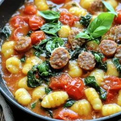 To make this Spicy Sausage Tomato Gnocchi Skillet, gather these fresh and flavorful ingredients: - 1 pound spicy Italian sausage, casings removed - 1 tablespoon olive oil - 1 medium onion, diced - 3 cloves garlic, minced - 1 can (14 oz) diced tomatoes with juices - 1 cup vegetable broth - 1 pound potato gnocchi (store-bought) - 1 teaspoon smoked paprika - 1 teaspoon red pepper flakes (adjust to taste) - 2 cups fresh spinach - Salt and pepper, to taste - Fresh basil leaves, for garnish - Grated Parmesan cheese, for serving Using quality ingredients makes a big difference in flavor. The spicy Italian sausage brings heat, while the diced tomatoes add sweetness. I love the smooth texture of potato gnocchi—they soak up the sauce perfectly. Don't forget the fresh spinach! It adds color and nutrients. When picking spices, smoked paprika adds depth, and red pepper flakes let you control the heat. Fresh basil and Parmesan cheese elevate the dish, making it feel gourmet. Make sure to have everything ready before you start cooking. This dish comes together quickly, and having your ingredients prepped will keep the process smooth and fun. Enjoy cooking! - First, heat 1 tablespoon of olive oil in a large skillet over medium-high heat. - Add 1 pound of spicy Italian sausage, breaking it apart with a spatula. Cook until it is browned, which takes about 5 to 7 minutes. - Once the sausage is browned, add 1 medium diced onion. Cook until it softens, about 3 to 4 minutes. - Next, stir in 3 cloves of minced garlic. Cook for just 1 more minute until you smell the garlic. - Now, pour in 1 can of diced tomatoes with their juices and 1 cup of vegetable broth. - Mix in 1 teaspoon of smoked paprika and 1 teaspoon of red pepper flakes. Bring this mixture to a simmer. - When the sauce is simmering, add 1 pound of potato gnocchi. Stir well to make sure the gnocchi are in the sauce. - Cover the skillet and let it cook for 5 to 7 minutes. This will make the gnocchi tender. - After the gnocchi are tender, stir in 2 cups of fresh spinach. Cook for another 1 to 2 minutes until wilted. - Season with salt and pepper to taste. - Finally, remove the skillet from the heat and let it sit for a couple of minutes to thicken. Serve it hot! - Adjusting spiciness with red pepper flakes: Start with one teaspoon. Taste the dish. If you want more heat, add more. You can easily control the spice level this way. - Using fresh herbs for garnish: Fresh basil adds a nice touch. It brightens the dish. Just tear the leaves and sprinkle them on top before serving. - Best practices for browning sausage: Use medium-high heat. Break the sausage into small pieces. Cook until brown, about 5-7 minutes. This gives a nice flavor and texture. - Ensuring gnocchi is tender without overcooking: Add the gnocchi to the sauce and cover the skillet. Cook for 5-7 minutes. Stir gently to avoid breaking the gnocchi. They should be soft yet firm. - Pairing with side dishes or salads: This dish goes well with a fresh green salad. A simple arugula salad adds a nice peppery bite. Garlic bread also complements the flavors well. - Recommended wine pairings: A medium-bodied red wine works best. Try a Chianti or a Grenache. These wines match the spiciness and richness of the dish. {{image_2}} If you need gluten-free options, choose gnocchi made from rice or corn flour. These work great and keep the dish tasty. For a vegetarian or vegan version, swap the sausage with plant-based sausage or mushrooms. You can also use vegetable broth to keep it vegan-friendly. Feel free to change the sausage type! Chicken or turkey sausage adds lean protein. If you want to experiment, try adding spicy chorizo for a kick. You can also toss in more veggies like bell peppers, zucchini, or mushrooms. These add color and nutrition to your dish! To keep your Spicy Sausage Tomato Gnocchi Skillet fresh, start by letting it cool. Once it’s cool, transfer it to an airtight container. Store it in the refrigerator for up to three days. If you want to save it for longer, you can freeze it. For freezing, use a freezer-safe container. This dish can last in the freezer for up to three months. When you're ready to enjoy leftovers, you have two great options. The stove method is best for keeping the texture. Just heat a skillet over medium heat, add a splash of broth or water, then add the skillet mixture. Stir until warmed through. The microwave is quick, but it can change the texture. If using the microwave, place your portion in a bowl. Heat in 30-second bursts, stirring in between, until hot. Yes, you can use frozen gnocchi. To cook frozen gnocchi, add it straight into the simmering sauce. There is no need to thaw. The cooking time may increase by a few minutes. Make sure the gnocchi floats to the top to know it's done. This method keeps your dish quick and easy. The spice level depends on your taste. This dish uses spicy Italian sausage and red pepper flakes. If you prefer less heat, reduce the red pepper flakes. You can also opt for mild sausage. The beauty of this recipe is that you can adjust it just how you like. If you want a different flavor, consider these options: - Ground turkey or chicken. - Vegan sausage for a plant-based choice. - Crumbled tempeh or mushrooms for texture. These substitutes keep the dish hearty and flavorful. This blog post covered how to make a tasty dish featuring sausage and gnocchi. We explored key ingredients, step-by-step instructions, and tips for enhancing flavor. I shared ways to modify the recipe for dietary needs and offered storage tips for leftovers. Cooking should be fun and easy. Don't hesitate to experiment and make this dish your own. Enjoy the cooking journey and share it with others!