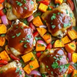 - 4 bone-in chicken thighs, skin-on - 2 large sweet potatoes, peeled and cubed - 1 red bell pepper, sliced - 1 small red onion, cut into wedges - ⅓ cup BBQ sauce - 2 tablespoons olive oil - 1 teaspoon smoked paprika - 1 teaspoon garlic powder - Salt and pepper to taste - Fresh parsley, chopped (for garnish) Gathering the right ingredients is key. The chicken thighs give a rich taste. Sweet potatoes add a touch of sweetness and texture. The red bell pepper and onion brighten the dish with color and flavor. For the sauce, I suggest your favorite BBQ sauce. It should be thick and flavorful. Olive oil helps the veggies roast nicely. Smoked paprika and garlic powder bring depth to the dish. Always season with salt and pepper to enhance the taste. Lastly, fresh parsley makes a great garnish that adds a pop of color. These simple ingredients combine to create a dish that’s both easy and tasty. - Preheat oven to 425°F (220°C). - Line a large sheet pan with foil or parchment paper. - Combine sweet potatoes, bell pepper, and onion in a bowl. - Drizzle with olive oil and season with smoked paprika, garlic powder, salt, and pepper. Toss well until the veggies are coated. - Take the chicken thighs and season them with salt and pepper. - Brush BBQ sauce generously on each thigh, covering all sides. - Place the chicken on the sheet pan, next to the veggies. - Bake for 35-40 minutes. - Check if the chicken is cooked through. The internal temperature should reach 165°F (75°C). - For crispy skin, broil on high for 2-3 minutes. Keep an eye on it so it doesn’t burn. To choose the best BBQ sauce, look for one with balanced sweetness and tang. A good sauce enhances the flavor without overpowering it. I love using a sauce with a hint of smokiness. This adds depth to the dish. For seasonings, smoked paprika and garlic powder work wonders. They bring a warm and savory taste to the chicken and veggies. Check chicken doneness by using a meat thermometer. The internal temperature should reach 165°F (75°C). If you don’t have a thermometer, cut into the thickest part. The meat should be white and juices should run clear. To get crispy skin, broil the chicken for a few minutes after baking. Keep a close watch to avoid burning. Prep ingredients in advance to save time. You can peel and cube sweet potatoes the night before. Store them in water to keep them fresh. Using pre-cut vegetables also saves time. Many stores offer pre-sliced bell peppers and onions, so grab those for quick meals. {{image_2}} You can change the protein in this dish easily. Try using chicken breast or drumsticks if you prefer. They cook well and still taste great with BBQ sauce. For a vegetarian option, choose tofu or tempeh. Both soak up flavors well and add a nice texture. Just remember to press tofu to remove extra water before cooking. Feel free to get creative with your veggies! You can use seasonal choices like zucchini, asparagus, or carrots. These options add color and flavor to your meal. If you have bell peppers or onions at home, they work perfectly too. Mixing different vegetables gives your dish a unique twist. You can change the veggies based on what you find fresh at the market. To spice things up, think about adding herbs or spices. Try fresh rosemary, thyme, or even a pinch of cayenne for heat. You can also swap out the BBQ sauce. Use a teriyaki glaze or a honey mustard sauce for a different taste. These simple changes can make your meal feel new and exciting with every bite. To keep your sheet-pan BBQ chicken and sweet potatoes fresh, let them cool first. Place leftovers in an airtight container. This helps prevent moisture loss and keeps flavors intact. Store them in the fridge for up to four days. Use glass containers for easy reheating and to avoid odors from other foods. You can reheat leftovers easily. The oven is best for maintaining texture. Preheat your oven to 350°F (175°C). Place the chicken and sweet potatoes on a baking sheet. Heat for about 15-20 minutes, or until warmed through. If you prefer the microwave, use a microwave-safe dish. Heat in short bursts of one minute, checking frequently. This helps keep the chicken juicy and the sweet potatoes tender. Freezing is a great way to enjoy this dish later. To freeze, let the meal cool completely. Then, divide it into portions and place them in freezer-safe bags or containers. Squeeze out excess air to prevent freezer burn. You can store it in the freezer for up to three months. When ready to eat, thaw it overnight in the fridge before reheating. Cooking sheet pan BBQ chicken takes about 35 to 40 minutes. The time can change due to factors like oven type, chicken size, and how you cut the sweet potatoes. Always check the chicken's internal temperature, which should reach 165°F (75°C). This ensures it is safe and fully cooked. Yes, you can use boneless chicken. Boneless thighs or breasts will work well. They may cook faster, so check them a bit earlier. You can still use the same BBQ sauce and seasonings for great flavor. You can serve this dish with many sides. Here are some great ideas: - Steamed broccoli - A fresh garden salad - Corn on the cob - Garlic bread - Quinoa or rice These sides will complement the sweet and smoky flavors of the chicken and sweet potatoes. Enjoy your meal! This sheet pan BBQ chicken recipe makes dinner easy and tasty. We covered key ingredients like chicken thighs, sweet potatoes, and bell peppers. Seasoning is simple with BBQ sauce and spices. Cooking tips help you achieve crispy skin and perfect doneness. Remember, you can switch up ingredients to match your taste. Making this meal lets you enjoy quick prep and easy cleanup. Try it tonight and impress your family!