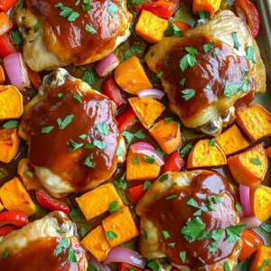 - 4 bone-in chicken thighs, skin-on - 2 large sweet potatoes, peeled and cubed - 1 red bell pepper, sliced - 1 small red onion, cut into wedges - 1/3 cup BBQ sauce - 2 tablespoons olive oil - 1 teaspoon smoked paprika - 1 teaspoon garlic powder - Salt and pepper to taste - Fresh parsley, chopped (for garnish) Gathering the right ingredients is key. The chicken thighs give a rich taste. Sweet potatoes add a touch of sweetness and texture. The red bell pepper and onion brighten the dish with color and flavor. For the sauce, I suggest your favorite BBQ sauce. It should be thick and flavorful. Olive oil helps the veggies roast nicely. Smoked paprika and garlic powder bring depth to the dish. Always season with salt and pepper to enhance the taste. Lastly, fresh parsley makes a great garnish that adds a pop of color. These simple ingredients combine to create a dish that’s both easy and tasty. - Preheat oven to 425°F (220°C). - Line a large sheet pan with foil or parchment paper. - Combine sweet potatoes, bell pepper, and onion in a bowl. - Drizzle with olive oil and season with smoked paprika, garlic powder, salt, and pepper. Toss well until the veggies are coated. - Take the chicken thighs and season them with salt and pepper. - Brush BBQ sauce generously on each thigh, covering all sides. - Place the chicken on the sheet pan, next to the veggies. - Bake for 35-40 minutes. - Check if the chicken is cooked through. The internal temperature should reach 165°F (75°C). - For crispy skin, broil on high for 2-3 minutes. Keep an eye on it so it doesn’t burn. To choose the best BBQ sauce, look for one with balanced sweetness and tang. A good sauce enhances the flavor without overpowering it. I love using a sauce with a hint of smokiness. This adds depth to the dish. For seasonings, smoked paprika and garlic powder work wonders. They bring a warm and savory taste to the chicken and veggies. Check chicken doneness by using a meat thermometer. The internal temperature should reach 165°F (75°C). If you don’t have a thermometer, cut into the thickest part. The meat should be white and juices should run clear. To get crispy skin, broil the chicken for a few minutes after baking. Keep a close watch to avoid burning. Prep ingredients in advance to save time. You can peel and cube sweet potatoes the night before. Store them in water to keep them fresh. Using pre-cut vegetables also saves time. Many stores offer pre-sliced bell peppers and onions, so grab those for quick meals. {{image_2}} You can change the protein in this dish easily. Try using chicken breast or drumsticks if you prefer. They cook well and still taste great with BBQ sauce. For a vegetarian option, choose tofu or tempeh. Both soak up flavors well and add a nice texture. Just remember to press tofu to remove extra water before cooking. Feel free to get creative with your veggies! You can use seasonal choices like zucchini, asparagus, or carrots. These options add color and flavor to your meal. If you have bell peppers or onions at home, they work perfectly too. Mixing different vegetables gives your dish a unique twist. You can change the veggies based on what you find fresh at the market. To spice things up, think about adding herbs or spices. Try fresh rosemary, thyme, or even a pinch of cayenne for heat. You can also swap out the BBQ sauce. Use a teriyaki glaze or a honey mustard sauce for a different taste. These simple changes can make your meal feel new and exciting with every bite. To keep your sheet-pan BBQ chicken and sweet potatoes fresh, let them cool first. Place leftovers in an airtight container. This helps prevent moisture loss and keeps flavors intact. Store them in the fridge for up to four days. Use glass containers for easy reheating and to avoid odors from other foods. You can reheat leftovers easily. The oven is best for maintaining texture. Preheat your oven to 350°F (175°C). Place the chicken and sweet potatoes on a baking sheet. Heat for about 15-20 minutes, or until warmed through. If you prefer the microwave, use a microwave-safe dish. Heat in short bursts of one minute, checking frequently. This helps keep the chicken juicy and the sweet potatoes tender. Freezing is a great way to enjoy this dish later. To freeze, let the meal cool completely. Then, divide it into portions and place them in freezer-safe bags or containers. Squeeze out excess air to prevent freezer burn. You can store it in the freezer for up to three months. When ready to eat, thaw it overnight in the fridge before reheating. Cooking sheet pan BBQ chicken takes about 35 to 40 minutes. The time can change due to factors like oven type, chicken size, and how you cut the sweet potatoes. Always check the chicken's internal temperature, which should reach 165°F (75°C). This ensures it is safe and fully cooked. Yes, you can use boneless chicken. Boneless thighs or breasts will work well. They may cook faster, so check them a bit earlier. You can still use the same BBQ sauce and seasonings for great flavor. You can serve this dish with many sides. Here are some great ideas: - Steamed broccoli - A fresh garden salad - Corn on the cob - Garlic bread - Quinoa or rice These sides will complement the sweet and smoky flavors of the chicken and sweet potatoes. Enjoy your meal! This sheet pan BBQ chicken recipe makes dinner easy and tasty. We covered key ingredients like chicken thighs, sweet potatoes, and bell peppers. Seasoning is simple with BBQ sauce and spices. Cooking tips help you achieve crispy skin and perfect doneness. Remember, you can switch up ingredients to match your taste. Making this meal lets you enjoy quick prep and easy cleanup. Try it tonight and impress your family!