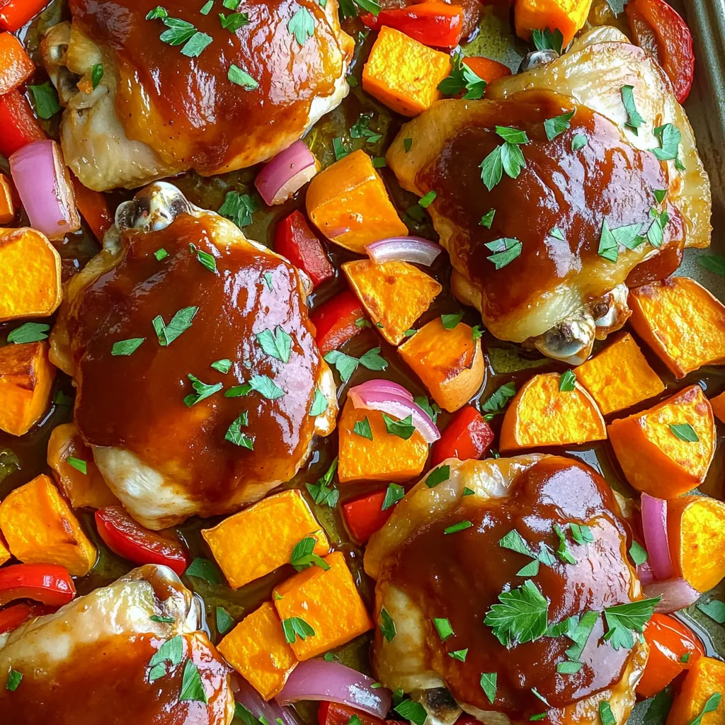 - 4 bone-in chicken thighs, skin-on - 2 large sweet potatoes, peeled and cubed - 1 red bell pepper, sliced - 1 small red onion, cut into wedges - ⅓ cup BBQ sauce - 2 tablespoons olive oil - 1 teaspoon smoked paprika - 1 teaspoon garlic powder - Salt and pepper to taste - Fresh parsley, chopped (for garnish) Gathering the right ingredients is key. The chicken thighs give a rich taste. Sweet potatoes add a touch of sweetness and texture. The red bell pepper and onion brighten the dish with color and flavor. For the sauce, I suggest your favorite BBQ sauce. It should be thick and flavorful. Olive oil helps the veggies roast nicely. Smoked paprika and garlic powder bring depth to the dish. Always season with salt and pepper to enhance the taste. Lastly, fresh parsley makes a great garnish that adds a pop of color. These simple ingredients combine to create a dish that’s both easy and tasty. - Preheat oven to 425°F (220°C). - Line a large sheet pan with foil or parchment paper. - Combine sweet potatoes, bell pepper, and onion in a bowl. - Drizzle with olive oil and season with smoked paprika, garlic powder, salt, and pepper. Toss well until the veggies are coated. - Take the chicken thighs and season them with salt and pepper. - Brush BBQ sauce generously on each thigh, covering all sides. - Place the chicken on the sheet pan, next to the veggies. - Bake for 35-40 minutes. - Check if the chicken is cooked through. The internal temperature should reach 165°F (75°C). - For crispy skin, broil on high for 2-3 minutes. Keep an eye on it so it doesn’t burn. To choose the best BBQ sauce, look for one with balanced sweetness and tang. A good sauce enhances the flavor without overpowering it. I love using a sauce with a hint of smokiness. This adds depth to the dish. For seasonings, smoked paprika and garlic powder work wonders. They bring a warm and savory taste to the chicken and veggies. Check chicken doneness by using a meat thermometer. The internal temperature should reach 165°F (75°C). If you don’t have a thermometer, cut into the thickest part. The meat should be white and juices should run clear. To get crispy skin, broil the chicken for a few minutes after baking. Keep a close watch to avoid burning. Prep ingredients in advance to save time. You can peel and cube sweet potatoes the night before. Store them in water to keep them fresh. Using pre-cut vegetables also saves time. Many stores offer pre-sliced bell peppers and onions, so grab those for quick meals. {{image_2}} You can change the protein in this dish easily. Try using chicken breast or drumsticks if you prefer. They cook well and still taste great with BBQ sauce. For a vegetarian option, choose tofu or tempeh. Both soak up flavors well and add a nice texture. Just remember to press tofu to remove extra water before cooking. Feel free to get creative with your veggies! You can use seasonal choices like zucchini, asparagus, or carrots. These options add color and flavor to your meal. If you have bell peppers or onions at home, they work perfectly too. Mixing different vegetables gives your dish a unique twist. You can change the veggies based on what you find fresh at the market. To spice things up, think about adding herbs or spices. Try fresh rosemary, thyme, or even a pinch of cayenne for heat. You can also swap out the BBQ sauce. Use a teriyaki glaze or a honey mustard sauce for a different taste. These simple changes can make your meal feel new and exciting with every bite. To keep your sheet-pan BBQ chicken and sweet potatoes fresh, let them cool first. Place leftovers in an airtight container. This helps prevent moisture loss and keeps flavors intact. Store them in the fridge for up to four days. Use glass containers for easy reheating and to avoid odors from other foods. You can reheat leftovers easily. The oven is best for maintaining texture. Preheat your oven to 350°F (175°C). Place the chicken and sweet potatoes on a baking sheet. Heat for about 15-20 minutes, or until warmed through. If you prefer the microwave, use a microwave-safe dish. Heat in short bursts of one minute, checking frequently. This helps keep the chicken juicy and the sweet potatoes tender. Freezing is a great way to enjoy this dish later. To freeze, let the meal cool completely. Then, divide it into portions and place them in freezer-safe bags or containers. Squeeze out excess air to prevent freezer burn. You can store it in the freezer for up to three months. When ready to eat, thaw it overnight in the fridge before reheating. Cooking sheet pan BBQ chicken takes about 35 to 40 minutes. The time can change due to factors like oven type, chicken size, and how you cut the sweet potatoes. Always check the chicken's internal temperature, which should reach 165°F (75°C). This ensures it is safe and fully cooked. Yes, you can use boneless chicken. Boneless thighs or breasts will work well. They may cook faster, so check them a bit earlier. You can still use the same BBQ sauce and seasonings for great flavor. You can serve this dish with many sides. Here are some great ideas: - Steamed broccoli - A fresh garden salad - Corn on the cob - Garlic bread - Quinoa or rice These sides will complement the sweet and smoky flavors of the chicken and sweet potatoes. Enjoy your meal! This sheet pan BBQ chicken recipe makes dinner easy and tasty. We covered key ingredients like chicken thighs, sweet potatoes, and bell peppers. Seasoning is simple with BBQ sauce and spices. Cooking tips help you achieve crispy skin and perfect doneness. Remember, you can switch up ingredients to match your taste. Making this meal lets you enjoy quick prep and easy cleanup. Try it tonight and impress your family!