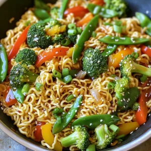 - 2 packs of instant ramen noodles - 1 cup broccoli florets - 1 cup bell peppers (mixed colors), sliced - 1 cup snap peas - 1 carrot, julienned - 2 tablespoons sesame oil - 3 cloves garlic, minced - 1 inch ginger, grated - 3 tablespoons soy sauce - 1 tablespoon rice vinegar - 1 tablespoon honey or maple syrup - 1 tablespoon sesame seeds - Green onions for garnish, sliced - Salt and pepper to taste The key to a great crispy sesame garlic ramen stir fry lies in the ingredients. Start with instant ramen noodles. They cook fast and soak up flavors well. This dish shines with fresh vegetables. Broccoli brings crunch. Bell peppers add sweetness and color. Snap peas provide a nice snap. Carrots add texture and a hint of earthiness. Next, sesame oil is crucial. It gives that nutty flavor we all love. Garlic and ginger are must-haves. They fill your kitchen with a warm, inviting aroma. The sauce blends soy sauce, rice vinegar, and honey or maple syrup. This combo creates a perfect balance of salty and sweet. Finish with sesame seeds for a delightful crunch. Green onions as a garnish add freshness. This mix of ingredients ensures a flavor explosion in every bite. You’ll want to savor each mouthful! First, cook the ramen noodles. Follow the package instructions, but skip the seasoning packet. Once cooked, drain the noodles and set them aside in a bowl. This helps keep them from sticking together. Next, whisk together the sauce. In a small bowl, mix the soy sauce, rice vinegar, honey or maple syrup, and a pinch of salt and pepper. Set this sauce aside for later. Now, heat sesame oil in a large skillet. Add minced garlic and grated ginger. Sauté them for about 30 seconds until they smell great. Then, toss in the broccoli, bell peppers, snap peas, and julienned carrot. Stir-fry these veggies for 3 to 4 minutes until they turn bright and soft. Push the veggies to the sides of the skillet. Add the drained ramen noodles in the center. Let them sit without stirring for about 2 minutes. This helps them crisp up nicely. Pour the sauce over the noodles and veggies. Use tongs or a spatula to gently toss everything together. Make sure everything is well coated and heated through for 2 to 3 minutes. Sprinkle sesame seeds on top of the stir fry and give it a final toss. Remove the skillet from heat. Serve hot, garnished with sliced green onions. Enjoy your Crispy Sesame Garlic Ramen Stir Fry! To enhance the flavors in your Crispy Sesame Garlic Ramen Stir Fry, you can tweak the sauce. Try adding more honey for sweetness or a splash of soy sauce for saltiness. If you love heat, a bit of chili oil can add a nice kick. When sautéing, use medium heat to avoid burning the garlic. Stir constantly to keep it from sticking. This will help you capture that rich, garlicky flavor while keeping the garlic light and bright. For crispy noodles, it’s all about cooking technique. After you add the noodles to the skillet, let them sit undisturbed for two minutes. This allows them to brown and crisp up nicely. To avoid mushy noodles, make sure to drain them well after cooking. If they sit in water, they will become soggy. Use a bit of sesame oil in the pan to help with crispiness, too. The oil will add flavor and help the noodles fry perfectly. {{image_2}} You can change the vegetables in this stir fry. Broccoli, bell peppers, and snap peas are great, but try different ones too. Zucchini, mushrooms, or spinach can add more flavor. Use what you like or what you have at home. You can also add proteins to your dish. Chicken, shrimp, or tofu work well. Cook the protein first, then add it with the veggies. This adds taste and makes your meal more filling. For a vegan option, swap honey with maple syrup. This keeps the dish sweet without using animal products. You can also use tofu or tempeh for protein instead of meat. If you need gluten-free options, choose gluten-free soy sauce. Many brands offer this. Use rice noodles instead of ramen to make it gluten-free. Enjoy your stir fry without worry! To keep your crispy sesame garlic ramen stir fry fresh, store leftovers properly. First, let the dish cool down to room temperature. This prevents steam from building up in the container. - Use an airtight container to keep moisture out. - Glass or BPA-free plastic containers work well. - Avoid metal containers, as they can react with the sauce. When you want to enjoy your leftovers, reheating is key to keeping them tasty. To maintain crispiness, follow these steps: - Use a skillet over medium heat. This helps to crisp up the noodles. - Add a small splash of sesame oil to the pan. This adds flavor and helps with browning. - Stir gently, allowing the noodles to warm and regain some crunch. By using these methods, your ramen stir fry will be just as delicious as the first time! To make your ramen stir fry less salty, reduce the soy sauce. Start with two tablespoons instead of three. You can also add more veggies to balance the salt. Fresh vegetables bring out natural flavors. Try adding more broccoli or bell peppers. If you want more sweetness, add a bit more honey or maple syrup. This will help tone down the saltiness. Yes, you can definitely use fresh ramen! Fresh ramen has a nice chewy texture. Look for fresh noodles at Asian markets or in the refrigerated section. You may need to adjust cooking time, as fresh noodles cook faster. Just boil them for a few minutes, then drain. Toss them in the stir fry just like you would with instant noodles. You can add many types of veggies to this stir fry. Carrots, bell peppers, and snap peas are great choices. Try adding baby corn, bok choy, or mushrooms for more flavor. You can also use leafy greens like spinach or kale. Mix and match based on your taste. Use what you have on hand for a colorful dish! You learned how to make a tasty ramen stir fry, from preparing the noodles to crisping them. The right ingredients and steps can turn a simple dish into something special. Focus on fresh vegetables and proper storage for the best results. Remember, you can customize this recipe to fit your tastes and needs. Enjoy your cooking adventure and share your own twists with friends! Your ramen stir fry can be a fun meal any day of the week.