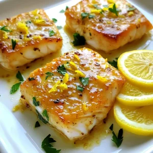 - 4 cod fillets (about 6 oz each) - 4 tablespoons unsalted butter - 3 cloves garlic, minced - Zest and juice of 1 large lemon - 1 teaspoon dried thyme (or 2 teaspoons fresh thyme) - Salt and pepper to taste - 2 tablespoons fresh parsley, chopped (for garnish) - Lemon slices (for serving) - White wine for deglazing - Capers for a briny twist - Red pepper flakes for heat The main ingredients for this dish are simple yet flavorful. You need cod fillets, which are mild and flaky. Butter adds richness, while garlic gives a nice kick. The lemon zest and juice brighten the dish. Thyme brings an earthy note, and salt and pepper add balance. Adding white wine can enhance the sauce’s depth. Capers provide a tangy burst, while red pepper flakes bring some heat if you like spice. Feel free to mix and match these flavors. That’s the fun of cooking! To start, you need to prepare the cod fillets. First, pat the fillets dry with paper towels. This step is key. Drying the fish helps it cook better and get a nice sear. If the fillets are wet, they will steam instead of sear. After drying, season each side with salt and pepper. This will enhance the fish's natural flavor. Now, let’s get cooking! In a large skillet, melt 2 tablespoons of butter over medium heat. Once the butter melts, add the minced garlic. Sauté the garlic for about 1 minute until it smells great. Make sure not to let it burn because burnt garlic tastes bitter. Next, stir in the lemon zest, juice, and thyme. Let this mixture bubble for about 30 seconds. Then, it's time to cook the cod. Place the fillets in the skillet. Cook them for about 3-4 minutes on each side. You’ll know the cod is ready when it flakes easily with a fork. Pour the remaining melted butter over the fillets while they cook. This adds extra flavor and keeps the fish moist. Once your cod is cooked, remove it from the heat. Garnish with fresh parsley for color. This adds a nice touch to the dish. Serve the cod with lemon slices on the side. It’s not just about taste; the way food looks matters too. A well-presented meal makes you feel good and adds to the dining experience. To check if your cod is done, look for flakiness. When you gently press it with a fork, it should break apart easily. This means your fish is ready to serve. It usually takes about 3-4 minutes per side over medium heat. To avoid overcooking, keep an eye on the fish. If it looks white and firm, it’s time to remove it from the heat. Remember, it continues to cook a bit after you take it off the stove. You can switch out ingredients for more flavor. For a zestier taste, try adding white wine to the butter sauce. Capers can add a nice briny touch. If you like heat, sprinkle in red pepper flakes. When choosing herbs, fresh thyme gives a brighter taste than dried thyme. If you use dried thyme, remember it is stronger. Use one teaspoon of dried thyme for every two teaspoons of fresh thyme. Use a non-stick skillet for cooking cod. This type of pan helps prevent sticking and burning. A well-seasoned cast iron skillet is also a great choice. Having a digital thermometer is key for perfect cooking. This tool helps you measure the fish's temperature. The cod should reach 145°F for safe consumption. It ensures that your meal is both delicious and safe to eat. {{image_2}} Baked Lemon Garlic Butter Cod To bake cod, preheat your oven to 375°F. Place the seasoned cod fillets in a baking dish. Melt 4 tablespoons of butter and mix with garlic, lemon juice, and thyme. Pour this mixture over the fish. Bake for 15-20 minutes until the fish flakes easily. This method gives the cod a tender texture and lets the flavors blend nicely. Grilled Lemon Garlic Butter Cod For grilled cod, brush the fillets with the lemon garlic butter mix. Preheat your grill to medium heat. Place the cod on the grill for about 4-5 minutes on each side. Grilling adds a smoky flavor and a nice char. This method is great for outdoor meals. Using Different Herbs and Spices You can switch things up by using different herbs. Try basil, dill, or oregano instead of thyme. Each herb brings a unique taste. Experimenting with spices like paprika or cumin can also add a fun twist to your cod dish. Incorporating Seasonal Vegetables Add seasonal veggies like asparagus, zucchini, or bell peppers. Toss them in with the cod while cooking. This adds color and nutrition. You can also roast the vegetables separately for a crunchy texture. Gluten-Free Options This recipe is naturally gluten-free. Just make sure your butter and any added sauces are gluten-free too. You can enjoy this dish without any worries. Low-Fat Alternatives for Butter If you want a lighter version, replace butter with olive oil. Use 4 tablespoons of olive oil instead. It still gives a nice flavor while cutting down on fat. You can also try unsweetened applesauce for a unique twist. To store leftovers of your lemon garlic butter cod, place the fillets in an airtight container. Make sure to seal it tightly. This helps keep the flavors fresh. You can store it in the fridge for up to 3 days. If you want to enjoy it later, try not to wait too long. If you want to freeze cooked cod, it’s easy! First, let the cod cool completely. Then, wrap each fillet in plastic wrap. Place the wrapped fillets in a freezer-safe bag. Squeeze out the air to avoid freezer burn. You can freeze it for up to 3 months. When you're ready to eat, thaw the cod in the fridge overnight. To reheat, place it in a skillet over low heat until warm. For meal prep, portion the cod into single servings. This makes it easy to grab when you’re busy. You can add sides like rice or veggies in the same container. For best results, eat your pre-cooked lemon garlic butter cod within 3 days. This keeps it fresh and tasty. To cook cod well, timing is key. For fillets that are about 1 inch thick, cook them for 3 to 4 minutes per side. If your fillets are thicker, like 1.5 inches, you might need 4 to 5 minutes per side. The fish is done when it flakes easily with a fork. You can check this by gently pulling at the flesh. If it separates, it's ready! Yes, you can swap cod for other fish. Some great alternatives are haddock, tilapia, or halibut. Each of these options has a mild flavor that works well with lemon and garlic. You may need to adjust cooking times slightly. Thicker fish fillets will require longer cooking. Pairing sides with Lemon Garlic Butter Cod can enhance your meal. Here are some ideas: - Steamed broccoli - Roasted asparagus - Garlic mashed potatoes - Quinoa salad - Rice pilaf These sides add nutrients and balance to your dish. They complement the flavors of the cod without overpowering it. Enjoy your meal! This blog post shared how to make delicious Lemon Garlic Butter Cod. We covered ingredients, cooking steps, tips, and variations. You can enhance your dish with items like wine or capers. Remember to check doneness for the best texture. Don’t hesitate to explore different methods and flavors to suit your taste. With proper storage, your leftovers can stay fresh, allowing tasty meals throughout the week. Enjoy cooking and impressing your family with this easy cod recipe!
