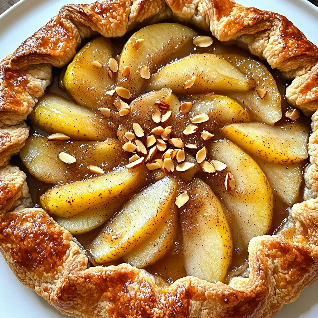 To make the Rustic Pear Almond Galette, you will need these ingredients: - 1 ½ cups all-purpose flour - ½ cup almond flour - ¼ cup sugar - ¼ teaspoon salt - ½ cup unsalted butter, chilled and cubed - 5-6 tablespoons ice water - 3 ripe pears, sliced - 1 tablespoon lemon juice - ¼ cup brown sugar - 1 teaspoon cinnamon - ¼ teaspoon nutmeg - ¼ cup sliced almonds - 1 egg (for egg wash) These ingredients come together to create a tasty, rustic dessert. If you don’t have almond flour, you can use more all-purpose flour. For a dairy-free option, try coconut oil instead of butter. If you want a different sweetener, use honey or maple syrup in place of sugar. You can also swap pears for apples or peaches, giving a new twist to the galette. Using fresh, high-quality ingredients makes a big difference. Ripe pears add sweetness and flavor. Good butter gives the crust a rich taste. If you use fresh spices, the flavors will pop more. Always pick the best ingredients you can find. This helps you create a dish that impresses your family and friends. To start, grab a large mixing bowl. Combine 1 ½ cups of all-purpose flour, ½ cup of almond flour, ¼ cup of sugar, and ¼ teaspoon of salt. Next, add ½ cup of chilled, cubed unsalted butter. Use a pastry cutter or your hands to mix it. You want the mix to look like coarse crumbs. Now it's time to add the ice water. Slowly pour in 5-6 tablespoons, one tablespoon at a time. Mix until the dough starts to come together. Don’t overwork it! Wrap the dough in plastic wrap and chill it in the fridge for at least 30 minutes. While the dough chills, prepare the pear filling. Take 3 ripe pears and slice them thinly. In a bowl, toss the pear slices with 1 tablespoon of lemon juice, ¼ cup of brown sugar, 1 teaspoon of cinnamon, and ¼ teaspoon of nutmeg. Let this sit for 15 minutes. This step helps the flavors mix and brings out the sweetness of the pears. Preheat your oven to 400°F (200°C). Once the dough is ready, take it out of the fridge. On a lightly floured surface, roll it out into a circle that is about 12 inches wide. Place the rolled dough on a baking sheet with parchment paper. Now, add the pear mixture to the center of the dough. Leave about a 2-inch border around the edges. Fold the edges of the dough over the pears, making pleats as you go. For a golden finish, beat 1 egg and brush it over the dough edges. Sprinkle ¼ cup of sliced almonds over the pears. Bake in the preheated oven for 30-35 minutes. The crust should be golden brown, and the pears should be tender. Enjoy the delightful aroma filling your kitchen! To get a perfect crust, use cold butter. This keeps the dough flaky. Cut the butter into small cubes before mixing. Use a pastry cutter or your fingers to mix until it looks like sand. Don’t overwork the dough; this makes it tough. After mixing, wrap it in plastic. Chill it for at least 30 minutes. This helps the dough relax. When rolling out, use just enough flour to keep it from sticking. Aim for a circle about 12 inches wide. A soggy bottom can ruin your galette. To prevent this, use parchment paper on your baking sheet. It helps with heat distribution. Also, sprinkle a thin layer of almond flour on the dough before adding the pears. This absorbs excess juices. After preparing the filling, let the pears sit for a while. This helps release some moisture. Drain any extra liquid before placing them in the galette. Spices can elevate your galette. Use cinnamon and nutmeg for warmth and depth. A little goes a long way. Mix these spices with brown sugar before adding them to the pears. You can also try ginger or cardamom for a twist. Adding a splash of vanilla extract to the pear mixture can boost flavor too. Don’t forget a squeeze of lemon juice; it brightens everything up! {{image_2}} You can swap pears for other fruits. Apples are a classic choice. They hold their shape well. Use ripe peaches for a juicy twist. Berries like blueberries or raspberries add a fun pop of color. Stone fruits, like plums or cherries, work great too. Just remember, adjust the sugar based on the fruit's sweetness. While almonds are tasty, you can change the nuts. Try walnuts for a rich flavor. Pecans give a nice crunch and sweetness. If you want a milder nut taste, use hazelnuts. You can even skip the nuts for a nut-free galette. Just be sure to keep the texture in mind when making changes. If you need a gluten-free galette, use gluten-free flour blends. Combine almond flour with a gluten-free mix for a nutty flavor. Be aware that gluten-free dough can be more fragile. Add a little extra ice water to help it hold together. Always check labels to ensure your ingredients are gluten-free. To keep your Rustic Pear Almond Galette fresh, let it cool first. Place it in a container with a tight lid. If you cover it with plastic wrap, the crust may get soggy. Store it in the fridge for up to three days. To reheat your galette, preheat your oven to 350°F (175°C). Place the galette on a baking sheet. Heat for about 10-15 minutes. This makes the crust crisp and warm. Avoid the microwave, as it can make the crust soft. If you want to freeze the galette, let it cool completely. Wrap it tightly in plastic wrap and then in foil. This helps prevent freezer burn. You can freeze it for up to two months. To enjoy, thaw in the fridge overnight. Then, reheat in the oven for the best results. You can tell the galette is done when the crust turns golden brown. The pears should be soft, but not mushy. If the edges are brown and the aroma fills your kitchen, it's ready. A good rule is to bake for 30-35 minutes at 400°F (200°C). Yes, you can use a pre-made pie crust. It saves time and effort. Just roll it out and fill it like you would with homemade dough. Keep in mind that the flavor may differ slightly, but it will still taste great! Rustic Pear Almond Galette pairs well with vanilla ice cream or whipped cream. You can also serve it with a drizzle of caramel sauce. Fresh mint leaves can add a nice touch. Each adds a different layer of flavor. You can keep leftovers in the fridge for about 3-4 days. Just cover it in plastic wrap or store it in an airtight container. This will help keep it fresh and tasty for your next treat. Absolutely! You can make the dough ahead of time. Just wrap it in plastic wrap and store it in the fridge for up to 2 days. If you want to keep it longer, freeze it for up to a month. Just remember to thaw it before using. Understanding the ingredients, steps, and tips makes galette baking easier and more fun. Quality ingredients lead to better flavor. Each step, from dough to baking, matters for a perfect galette. Remember to experiment with fruits and nuts for unique tastes. Store leftovers right to keep them fresh. These simple details turn your galette into a delicious treat. Enjoy baking and sharing this delightful dessert!