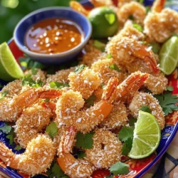 - 1 lb large shrimp, peeled and deveined - 1 cup shredded coconut (sweetened or unsweetened) - 1 cup panko breadcrumbs - ½ cup all-purpose flour - 2 large eggs - 1 teaspoon garlic powder - 1 teaspoon onion powder - ½ teaspoon salt - ¼ teaspoon black pepper - Cooking spray Gather these ingredients before you start. Using fresh shrimp makes a big difference. Sweetened coconut adds a nice taste, but unsweetened works well too. Panko breadcrumbs give a great crunch. All-purpose flour helps the coating stick. The eggs bind everything together with flavor from garlic and onion powders. Salt and pepper bring out the best in the shrimp. Cooking spray helps achieve that perfect crispiness in the air fryer. This simple list makes it easy to prepare crispy coconut shrimp. Don’t forget to check your pantry for these items before cooking! Start by setting up your breading station. You need three shallow bowls. - In the first bowl, add ½ cup of all-purpose flour. - In the second bowl, crack two large eggs and whisk them until smooth. - In the third bowl, mix 1 cup of shredded coconut, 1 cup of panko breadcrumbs, 1 teaspoon of garlic powder, 1 teaspoon of onion powder, ½ teaspoon of salt, and ¼ teaspoon of black pepper. This setup makes it easy to coat the shrimp nicely. Now, it’s time to coat the shrimp. Grab a large shrimp, peeled and deveined. - First, dip the shrimp in the flour. Make sure to coat it well and shake off any extra flour. - Next, dip the floured shrimp into the egg mixture. Let any extra drip off. - Finally, roll the shrimp in the coconut and panko mix. Press gently so it sticks well. Repeat this with all the shrimp. Before cooking, preheat your air fryer to 400°F (200°C) for about 5 minutes. - Lightly spray the air fryer basket with cooking spray to prevent sticking. - Place the breaded shrimp in a single layer in the basket. Don’t overcrowd them; this helps them cook evenly. - Lightly spray the tops of the shrimp with cooking spray. This step helps them become crispy. Cook the shrimp for about 8-10 minutes. Flip them halfway through for even cooking. They should turn golden brown and crispy. Once done, take the shrimp out and let them cool for a bit. Enjoy the crunchy delight! Using cooking spray is key for crispy coconut shrimp. It helps the coating brown nicely. Lightly spray the basket before adding shrimp. Then, spray the tops of the shrimp too. This small step makes a big difference. Do not overcrowd the air fryer. If you fit too many shrimp in at once, they will steam instead of crisp. Work in batches to give each shrimp space. This will ensure they cook evenly and turn out golden. Flipping shrimp is important for even cooking. Halfway through, gently turn each shrimp. Use tongs or a spatula to avoid breaking the coating. This helps both sides get that nice, crisp texture. {{image_2}} To boost the taste of your crispy coconut shrimp, try adding spices to the coating. Here are some great options: - Cayenne pepper: A pinch adds heat and depth. - Paprika: Adds a smoky flavor and bright color. - Cumin: Brings a warm, earthy tone. - Lemon zest: Freshens the mix and adds brightness. Mix these spices into the coconut-panko blend. Adjust the amounts based on your taste. If you want a twist on the classic coating, consider these alternatives: - Almond flour: A gluten-free option with a nutty flavor. - Crushed cornflakes: Adds crunch and a fun texture. - Pretzel crumbs: For a salty, savory kick. - Oats: Provides a wholesome, chewy texture. Each option gives a unique flair to your shrimp. Experiment to find your favorite! Pair your crispy coconut shrimp with tasty dips and sides for a full meal. Here are some ideas: - Sweet chili sauce: A perfect balance of sweet and spicy. - Coconut curry sauce: Adds a rich, creamy element. - Mango salsa: Fresh and fruity, it brightens the dish. - Coleslaw: A crunchy side that complements the shrimp's crispiness. Serve these alongside your shrimp for a delightful dining experience. Enjoy the flavors together! To store your cooked crispy coconut shrimp, let them cool first. Place them in an airtight container. This keeps them fresh for up to three days in the fridge. Make sure to separate layers with parchment paper to avoid sticking. The best way to reheat your shrimp is in the air fryer. Set it to 350°F (175°C). Place the shrimp in a single layer for about 5 minutes. This method keeps them crispy and delicious, so you enjoy them just like before. For freezing, you can freeze both uncooked and cooked shrimp. If uncooked, freeze them on a tray first, then transfer to a bag. This prevents them from sticking together. For cooked shrimp, let them cool, then put them in a freezer-safe bag. They last for about two months in the freezer. When ready to eat, thaw overnight in the fridge before reheating. Yes, you can use frozen shrimp. Just make sure to thaw them first. Place frozen shrimp in cold water for about 10-15 minutes. This helps them defrost quickly. After thawing, pat them dry with paper towels. Dry shrimp will hold the coating better. Cook shrimp in the air fryer for 8 to 10 minutes. Preheat the air fryer to 400°F (200°C) before adding the shrimp. Flip them halfway through cooking for even crispiness. Check for a golden brown color to know they are done. Coconut shrimp pairs well with many sides. Try serving it with sweet chili sauce for dipping. A fresh salad can bring a nice crunch. You can also add rice or coleslaw for a full meal. Lime wedges brighten the dish and enhance the flavor. In this blog post, we explored how to make delicious coconut shrimp. You learned about the key ingredients, including shrimp, coconut, and panko breadcrumbs. I shared easy step-by-step instructions for breading and air frying your shrimp until crispy. Remember, using cooking spray is essential for that perfect crunch. Explore the variations I suggested to customize your dish. Lastly, I provided tips on storage and reheating to keep your leftovers tasty. Enjoy making this dish and share it with friends and family!