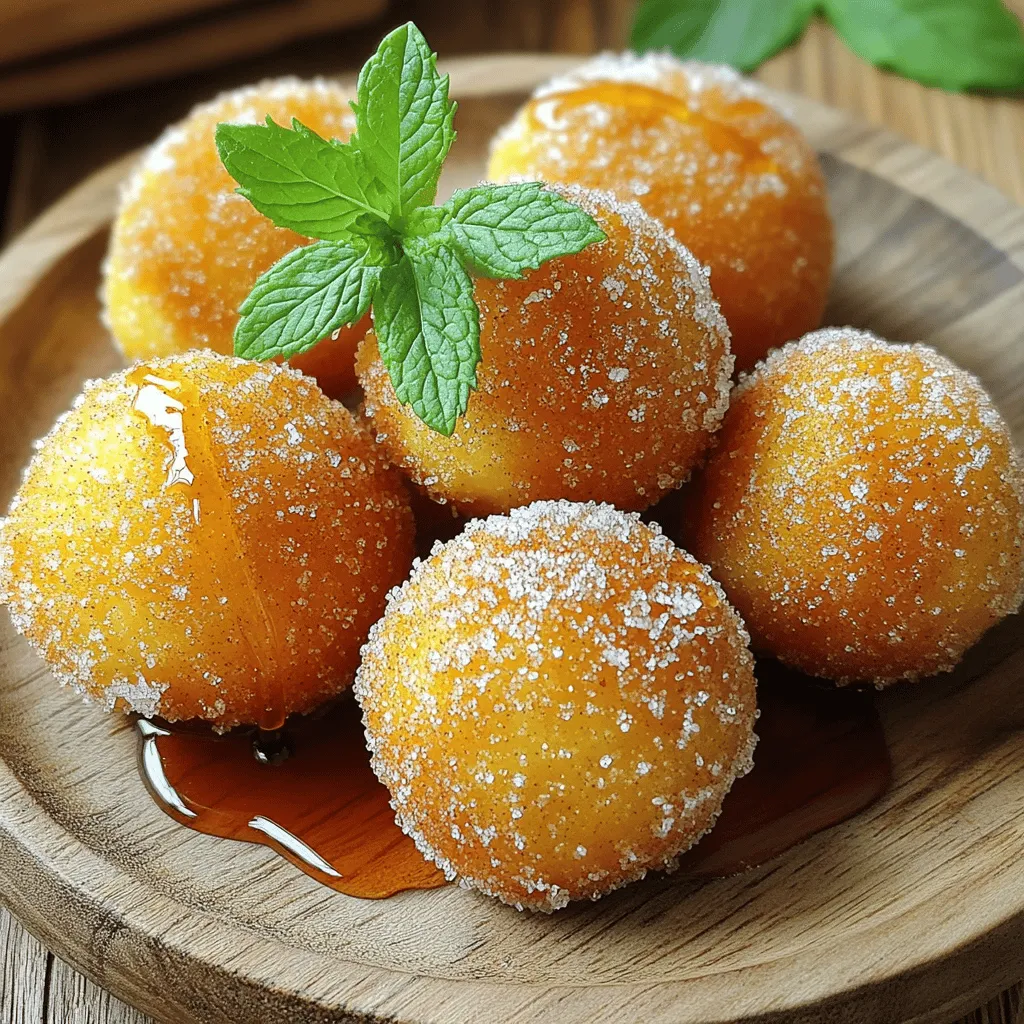 - 1 cup all-purpose flour - ¼ cup granulated sugar - 1 tablespoon baking powder - ¼ teaspoon salt - ½ teaspoon ground cinnamon - ¼ cup milk - ¼ cup maple syrup - 1 large egg - 1 tablespoon melted butter - ½ teaspoon vanilla extract - Optional: extra granulated sugar and cinnamon for coating When you bake, using the right amounts is key. If you don't have all-purpose flour, you can use whole wheat flour. Just note it may change the texture. For sugar, try brown sugar for a deeper flavor. If you need a dairy-free option, almond milk works well in place of regular milk. To make your donut holes even sweeter, mix extra granulated sugar and cinnamon. This topping adds a lovely crunch and flavor. If you want a different twist, consider coating them in powdered sugar or a chocolate glaze. These options can change the taste and look of your treat! Start by gathering your dry ingredients. In a large bowl, mix the following: - 1 cup all-purpose flour - ¼ cup granulated sugar - 1 tablespoon baking powder - ¼ teaspoon salt - ½ teaspoon ground cinnamon Whisk these ingredients together until they blend well. This step helps ensure even flavor in your donut holes. Next, gather your wet ingredients in a separate bowl. Combine: - ¼ cup milk - ¼ cup maple syrup - 1 large egg - 1 tablespoon melted butter - ½ teaspoon vanilla extract Mix these until smooth. This mix adds moisture and flavor to your donut holes. Now, pour the wet mix into the dry mix. Stir gently until just combined. It’s okay if some lumps remain. Over-mixing can make the donut holes tough. Lightly grease your hands. Scoop small balls of batter, about the size of a tablespoon. Shape them into little balls. Preheat your air fryer to 350°F (175°C) for about 5 minutes. Place the donut holes in the basket. Make sure they’re not touching. This helps them cook evenly. Air fry for 6-8 minutes. They should be golden brown when done. If you want a sweet coating, mix some granulated sugar and cinnamon in a bowl. Once they’re cooked, toss the donut holes in this mix. Let them cool a bit before serving. Enjoy your tasty, warm treats! To get the best texture, don’t over-mix your batter. Mix until just combined. This keeps your donut holes light and fluffy. Air frying at 350°F (175°C) also helps. The hot air cooks evenly, giving a nice, golden crust. If you want a softer center, try reducing the cooking time by a minute. Maple syrup gives these donut holes a sweet taste. You can boost the flavor by adding a pinch of nutmeg or a splash of almond extract. For a fun twist, try folding in chocolate chips or chopped nuts. This adds texture and depth to your treat. Drizzling extra maple syrup on top before serving adds sweetness and makes them look great. One big mistake is not preheating your air fryer. This step is crucial for even cooking. Also, avoid crowding the donut holes in the basket. Leave space between each one to ensure they cook well. Lastly, don't skip the optional sugar and cinnamon coating. It gives an extra layer of sweetness and crunch that makes these donut holes irresistible. {{image_2}} You can switch up flavors in your donut holes. For chocolate, add ⅓ cup of cocoa powder. This gives a rich taste. For pumpkin, use ½ cup of pumpkin puree instead of milk. This creates a warm, spiced treat. You can also add spices like nutmeg or ginger for that fall flavor. If you need gluten-free donut holes, use gluten-free all-purpose flour. This flour works well as a direct swap. Make sure it has a binding agent, like xanthan gum. The taste and texture will still be great. You can enjoy these tasty treats without worry. Coatings can add a fun twist to your donut holes. Instead of sugar and cinnamon, try using powdered sugar for a sweet touch. You could also drizzle melted chocolate on top for a decadent option. Another idea is to toss them in crushed nuts for added crunch. Each coating gives a new flavor experience. To keep your air fryer maple donut holes fresh, store them in an airtight container. This helps prevent them from drying out. Place parchment paper between layers to avoid sticking. Ideally, you should eat them within two days for the best taste. If you want to keep them longer, consider freezing. To reheat your donut holes, use the air fryer again. Set it to 300°F (150°C). Heat them for about 3-5 minutes. This warms them up while keeping them crispy. You can also use a microwave, but they may get soft. If you use the microwave, heat in short bursts of 10 seconds. You can freeze your donut holes for later. Allow them to cool completely first. Then, place them in a single layer on a baking sheet. After they freeze solid, transfer them to a freezer bag. They will last up to three months in the freezer. When you are ready to eat, thaw them in the fridge overnight and reheat as mentioned earlier. Yes, you can use whole wheat flour. The donut holes will taste nuttier. They may also be denser, so adjust the liquid slightly. Start with a little more milk if needed. Whole wheat adds fiber, making your treat a bit healthier. You know they are done when they turn golden brown. The edges will also feel firm to the touch. If you insert a toothpick, it should come out clean. Keep an eye on them as they cook. They usually take about 6 to 8 minutes. You can serve them warm with extra maple syrup. A drizzle adds sweetness and flavor. They also pair well with coffee or tea. For a fun twist, add a sprig of mint on the side. This adds a fresh look and taste. In this post, we covered all you need for delicious donut holes. We explored ingredients, measurement tips, and ways to coat your treats. You learned how to prepare, combine, and air fry them for the best results. I also shared tips for texture, flavor, and common mistakes to watch out for. Don't forget the fun variations and proper storage techniques. Donut holes can bring joy to any occasion. Enjoy making your own and experimenting with flavors!