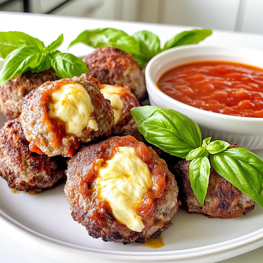 - 1 pound ground beef - 1 cup breadcrumbs - ½ cup grated Parmesan cheese - 8 cubes fresh mozzarella cheese (about ½ inch each) - 2 cloves garlic, minced - 1 teaspoon dried oregano - 1 teaspoon dried basil - ½ teaspoon salt - ¼ teaspoon black pepper - 1 cup marinara sauce for dipping - Fresh basil leaves for garnish Gathering the right ingredients is key for making tasty meatballs. I use ground beef for a juicy base. Breadcrumbs help bind everything together. Grated Parmesan adds a salty kick, while fresh mozzarella brings the gooey goodness. For seasonings, I love using minced garlic, dried oregano, and basil. They give the meatballs a burst of flavor. Don't forget the salt and black pepper to enhance the taste. When serving, a warm marinara sauce acts as the perfect dip. Fresh basil leaves make a lovely garnish. This combination makes each bite a treat! In a large bowl, you will mix the meat and spices. Combine these ingredients: - 1 pound ground beef - 1 cup breadcrumbs - ½ cup grated Parmesan cheese - 1 large egg - 2 cloves garlic, minced - 1 teaspoon dried oregano - 1 teaspoon dried basil - ½ teaspoon salt - ¼ teaspoon black pepper Make sure you mix them well. Use your hands to get everything blended evenly. This is key for good meatballs. Now, it’s time to form the meatballs. Take about 2 tablespoons of the meat mixture. Flatten it in your palm. Next, place a cube of mozzarella cheese in the center. Wrap the meat around the cheese. Shape it into a ball. Repeat this step until you use all the mixture. Before cooking, preheat your air fryer to 375°F (190°C). This should take about 5 minutes. Place the meatballs in the air fryer basket in one layer. Make sure they don’t touch each other. Cook them for 12-15 minutes. Flip them halfway through for even cooking. Look for a golden brown color to know they are done. To make great meatballs, you need the right balance of moisture and breadcrumbs. The breadcrumbs help absorb some of the juices. This keeps the meatballs tender. If you add too many breadcrumbs, your meatballs become dry. Use about 1 cup of breadcrumbs for 1 pound of meat. Next, avoid overmixing. When you mix the meat and other ingredients, do it gently. Overmixing can make the meatballs tough. Mix just until everything is combined. Check for doneness by using a food thermometer. The meatballs should reach an internal temperature of 160°F (71°C). This ensures they are safe to eat. If they are not done, cook them a few more minutes. Adjust cooking time based on the size of your meatballs. Smaller meatballs may cook faster. Larger ones will need more time. Keep an eye on them as they cook. Pair these meatballs with warm marinara sauce. The sauce adds a rich flavor that complements the meatballs. You can also use it for dipping. For a nice touch, garnish with fresh basil leaves. This adds color and flavor. You can also sprinkle some extra Parmesan cheese on top for extra taste. {{image_2}} You can switch up the cheese in your meatballs. Instead of mozzarella, try using cheddar for a sharper flavor. Cream cheese adds a rich, creamy texture. Just remember, whatever cheese you choose, keep it in small cubes. This helps the cheese melt nicely in the air fryer. Herbs and spices can really change the taste. Add some chopped parsley for freshness. A pinch of red pepper flakes gives a nice kick. Don't be afraid to try different flavors. For a Mediterranean twist, add some thyme or rosemary. The options are endless! If you need to make it gluten-free, use gluten-free breadcrumbs. For a low-carb version, swap breadcrumbs for almond flour. This keeps the meatballs tasty without the carbs. You can still enjoy the cheesy goodness while sticking to your diet. To keep your meatballs fresh, place them in an airtight container. Make sure they cool down first. Store them in the fridge for up to three days. Label the container with the date. This helps you track how long they have been stored. To reheat your meatballs, the air fryer works best. Set the air fryer to 350°F (175°C). Place the meatballs in the basket and heat for about 5-7 minutes. This keeps them crispy and warm. If you don’t have an air fryer, you can use the oven. Preheat it to 350°F (175°C). Place the meatballs on a baking sheet and heat for about 10-12 minutes. You can also use the microwave, but this may make them softer. Heat for 30-60 seconds, checking frequently. To freeze the meatballs, first, let them cool completely. Then, place them in a single layer on a baking sheet. Freeze them for about an hour. Once frozen, transfer the meatballs to a freezer-safe bag. Make sure to remove excess air. They can last up to three months in the freezer. When you want to eat them, thaw them in the fridge overnight. You can reheat them in the air fryer or oven as mentioned before. Enjoy your tasty treat even later! To know if your meatballs are ready, check their internal temperature. Use a meat thermometer to ensure it reaches 160°F (71°C). This temperature shows the meat is safe to eat. If you don’t have a thermometer, cut one open. The meat should be brown inside, and the cheese should be melted. Yes, you can prepare these meatballs ahead of time. Mix the ingredients and shape the meatballs. Then, cover them tightly and place them in the fridge. They can stay fresh in the fridge for up to 24 hours. If you want to store them longer, freeze them. Just make sure to thaw them before cooking. Dipping sauces can really enhance your meal. Marinara sauce is a classic choice that pairs perfectly. You might also enjoy garlic aioli or a spicy arrabbiata sauce. For a twist, try ranch dressing or a creamy blue cheese dip. These sauces add flavor and make each bite even better. This blog post covered how to make delicious stuffed meatballs. We looked at main ingredients like ground beef, cheese, and seasonings. You learned about mixing, shaping, and cooking in an air fryer. We shared tips for perfect texture and tasty serving ideas. You can even explore variations for cheese and spices. Remember, practice makes perfect! Try these tips, and enjoy your meatballs. They’re fun to make and share.
