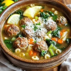 - 1 cup small pasta (such as acini di pepe or orzo) - 1 pound lean ground beef or turkey - ½ cup grated Parmesan cheese - ¼ cup Italian breadcrumbs - 1 large egg - 1 teaspoon garlic powder - 1 teaspoon onion powder - ½ teaspoon dried oregano - ½ teaspoon dried basil - 6 cups low-sodium chicken or vegetable broth - 2 cups baby spinach, roughly chopped - 1 carrot, diced - 1 celery stalk, diced - 1 small onion, diced - Salt and pepper to taste - Fresh parsley for garnish Using fresh ingredients makes a big difference in flavor. The taste of fresh spinach, carrots, and herbs gives your soup a vibrant feel. Fresh ingredients also add nutrition. They keep the soup healthy and enjoyable. Plus, fresh herbs like parsley can brighten the dish. Always try to pick the best quality ingredients you can find. This ensures your soup tastes great and feels wholesome. If you can’t find certain items, don’t worry! You can swap some ingredients. For example, if you want a meat-free option, use lentils or mushrooms instead of meat. If you don’t have small pasta, you can use rice or larger pasta shapes. Instead of chicken broth, vegetable broth works well too. These swaps keep the spirit of the soup while adding your own touch. Adjust the flavors according to your taste! To make the meatballs, start with a large bowl. Add 1 pound of lean ground beef or turkey. Then, mix in ½ cup of grated Parmesan cheese. Next, add ¼ cup of Italian breadcrumbs. Crack in 1 large egg, and sprinkle in 1 teaspoon of garlic powder and 1 teaspoon of onion powder. Add ½ teaspoon of dried oregano and ½ teaspoon of dried basil. Season with salt and pepper. Use your hands to mix everything well. Form small meatballs, about 1 inch wide. Grab your slow cooker and pour in 6 cups of low-sodium chicken or vegetable broth. Next, add 1 diced carrot, 1 diced celery stalk, and 1 diced small onion. Stir these ingredients together. Carefully place the meatballs into the slow cooker. Make sure they are fully submerged in the broth. This helps them cook evenly and stay moist. Cover the slow cooker with its lid. Set it to cook on low for 6-8 hours or on high for 3-4 hours. About 30 minutes before you serve, add 1 cup of small pasta and 2 cups of roughly chopped baby spinach. This will give your soup a nice texture and boost the flavor. Check the seasoning and adjust with salt and pepper if needed. Once the pasta is tender, the soup is ready to enjoy! To make great meatballs, mix lean ground beef or turkey with care. I use one pound for a hearty base. Add half a cup of grated Parmesan cheese for taste. Next, include a quarter cup of Italian breadcrumbs to bind the mix. One large egg helps hold it all together. Season with garlic powder, onion powder, oregano, and basil for flavor. It's key to roll the meatballs into small, even balls, about one inch wide. This size cooks well and stays juicy. Herbs make a big difference in your soup. I use dried oregano and basil, each at half a teaspoon. These add a nice depth of flavor. For a fresh twist, try adding fresh parsley when serving. You can also toss in some thyme or rosemary if you like. Experiment with the herbs to find your favorite mix. Just remember, fresh herbs bring a brighter taste than dried ones. If you want a thicker soup, add more small pasta. I usually use one cup of acini di pepe or orzo. Cook the pasta right in the slow cooker for about 30 minutes before you serve. If the soup feels too thick, add more broth or water to loosen it up. The key is to stir well and taste as you go. This way, you can adjust the flavors and texture to your liking. {{image_2}} You can easily make a vegetarian version of Italian wedding soup. Replace the meat with plant-based protein. Use lentils or chickpeas for a hearty touch. For the broth, choose vegetable broth for a rich taste. This change keeps the soup hearty and healthy, while still delicious. You can add more vegetables to boost the flavor and nutrition. Try adding diced zucchini or bell peppers. You can also include green beans or peas for a pop of color. These extra veggies make the soup even more vibrant and tasty. Plus, they add great texture to each spoonful. The pasta choice can change the soup's vibe. While small pasta like acini di pepe or orzo works well, you can try others too. Mini shells or ditalini pasta also fit nicely. Each type gives a different feel to the soup, so choose what you like best. Store your leftover soup in an airtight container. This keeps it fresh for up to three days in the fridge. Make sure it cools down first. If you leave it warm, it may produce moisture and spoil faster. Label your container with the date. This helps you remember when you made it. Reheat the soup on the stove over medium heat. Stir it often to heat evenly. You can add a little broth or water if the soup is too thick. This helps bring back its original texture. If you prefer using a microwave, heat it in a microwave-safe bowl. Cover it loosely to avoid spills. Heat in short bursts, stirring between each burst. To freeze the soup, let it cool completely. Transfer it to a freezer-safe container. Leave some space at the top, as soup expands when frozen. You can also freeze individual portions in zip-top bags. When you're ready to eat, thaw it in the fridge overnight. Reheat it on the stove or in the microwave. This way, you can enjoy your Italian wedding soup anytime! Yes, you can make this soup ahead of time. Slow cooker Italian wedding soup tastes even better the next day. To do this, follow the recipe as usual. Let the soup cool. Then, store it in an airtight container in the fridge. When you are ready to eat, just reheat it on the stove or in the microwave. The flavors will meld nicely overnight, making each bowl even more delicious. To stop the pasta from overcooking, add it late in the cooking time. I suggest stirring in the small pasta about 30 minutes before you serve. This way, it will cook just right. If you cook it too long, the pasta can get mushy. Keep an eye on it as it cooks. Taste it a few minutes before serving to check if it’s done. Italian wedding soup pairs well with many sides. Here are some great options: - Crusty bread or garlic bread for dipping - A fresh green salad with a light vinaigrette - A simple antipasto platter with olives and cheese These sides add variety and balance to your meal. Enjoy your soup with these tasty additions! This blog post covers everything you need to know about making Italian Wedding Soup. We discussed key ingredients, why fresh ones matter, and good substitutes. I shared clear steps for preparing meatballs and setting up the slow cooker. You learned tips for perfecting meatballs, enhancing flavors, and adjusting textures. We also explored vegetarian options and storage tips. In the end, this soup is versatile and rewarding. Enjoy making it your own!