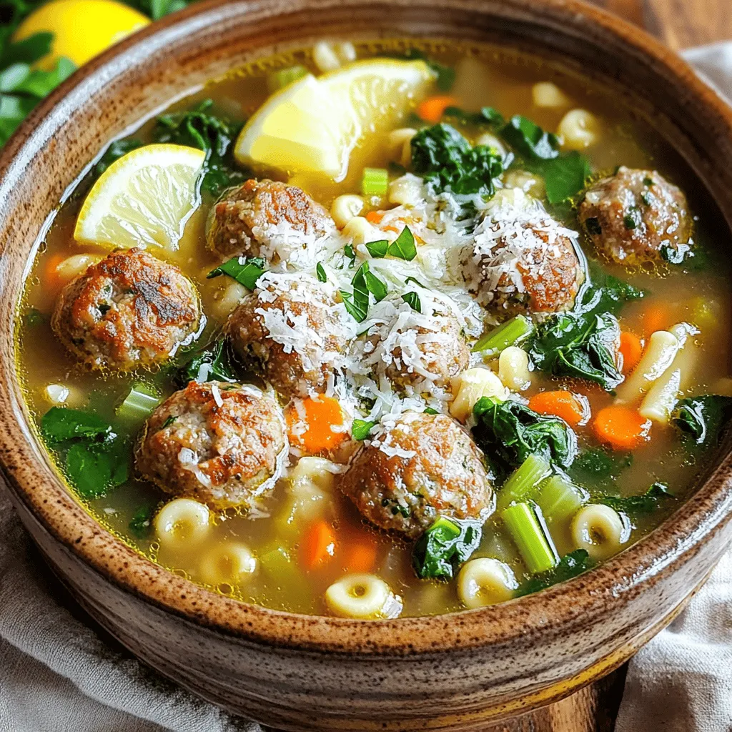 - 1 cup small pasta (such as acini di pepe or orzo) - 1 pound lean ground beef or turkey - ½ cup grated Parmesan cheese - ¼ cup Italian breadcrumbs - 1 large egg - 1 teaspoon garlic powder - 1 teaspoon onion powder - ½ teaspoon dried oregano - ½ teaspoon dried basil - 6 cups low-sodium chicken or vegetable broth - 2 cups baby spinach, roughly chopped - 1 carrot, diced - 1 celery stalk, diced - 1 small onion, diced - Salt and pepper to taste - Fresh parsley for garnish Using fresh ingredients makes a big difference in flavor. The taste of fresh spinach, carrots, and herbs gives your soup a vibrant feel. Fresh ingredients also add nutrition. They keep the soup healthy and enjoyable. Plus, fresh herbs like parsley can brighten the dish. Always try to pick the best quality ingredients you can find. This ensures your soup tastes great and feels wholesome. If you can’t find certain items, don’t worry! You can swap some ingredients. For example, if you want a meat-free option, use lentils or mushrooms instead of meat. If you don’t have small pasta, you can use rice or larger pasta shapes. Instead of chicken broth, vegetable broth works well too. These swaps keep the spirit of the soup while adding your own touch. Adjust the flavors according to your taste! To make the meatballs, start with a large bowl. Add 1 pound of lean ground beef or turkey. Then, mix in ½ cup of grated Parmesan cheese. Next, add ¼ cup of Italian breadcrumbs. Crack in 1 large egg, and sprinkle in 1 teaspoon of garlic powder and 1 teaspoon of onion powder. Add ½ teaspoon of dried oregano and ½ teaspoon of dried basil. Season with salt and pepper. Use your hands to mix everything well. Form small meatballs, about 1 inch wide. Grab your slow cooker and pour in 6 cups of low-sodium chicken or vegetable broth. Next, add 1 diced carrot, 1 diced celery stalk, and 1 diced small onion. Stir these ingredients together. Carefully place the meatballs into the slow cooker. Make sure they are fully submerged in the broth. This helps them cook evenly and stay moist. Cover the slow cooker with its lid. Set it to cook on low for 6-8 hours or on high for 3-4 hours. About 30 minutes before you serve, add 1 cup of small pasta and 2 cups of roughly chopped baby spinach. This will give your soup a nice texture and boost the flavor. Check the seasoning and adjust with salt and pepper if needed. Once the pasta is tender, the soup is ready to enjoy! To make great meatballs, mix lean ground beef or turkey with care. I use one pound for a hearty base. Add half a cup of grated Parmesan cheese for taste. Next, include a quarter cup of Italian breadcrumbs to bind the mix. One large egg helps hold it all together. Season with garlic powder, onion powder, oregano, and basil for flavor. It's key to roll the meatballs into small, even balls, about one inch wide. This size cooks well and stays juicy. Herbs make a big difference in your soup. I use dried oregano and basil, each at half a teaspoon. These add a nice depth of flavor. For a fresh twist, try adding fresh parsley when serving. You can also toss in some thyme or rosemary if you like. Experiment with the herbs to find your favorite mix. Just remember, fresh herbs bring a brighter taste than dried ones. If you want a thicker soup, add more small pasta. I usually use one cup of acini di pepe or orzo. Cook the pasta right in the slow cooker for about 30 minutes before you serve. If the soup feels too thick, add more broth or water to loosen it up. The key is to stir well and taste as you go. This way, you can adjust the flavors and texture to your liking. {{image_2}} You can easily make a vegetarian version of Italian wedding soup. Replace the meat with plant-based protein. Use lentils or chickpeas for a hearty touch. For the broth, choose vegetable broth for a rich taste. This change keeps the soup hearty and healthy, while still delicious. You can add more vegetables to boost the flavor and nutrition. Try adding diced zucchini or bell peppers. You can also include green beans or peas for a pop of color. These extra veggies make the soup even more vibrant and tasty. Plus, they add great texture to each spoonful. The pasta choice can change the soup's vibe. While small pasta like acini di pepe or orzo works well, you can try others too. Mini shells or ditalini pasta also fit nicely. Each type gives a different feel to the soup, so choose what you like best. Store your leftover soup in an airtight container. This keeps it fresh for up to three days in the fridge. Make sure it cools down first. If you leave it warm, it may produce moisture and spoil faster. Label your container with the date. This helps you remember when you made it. Reheat the soup on the stove over medium heat. Stir it often to heat evenly. You can add a little broth or water if the soup is too thick. This helps bring back its original texture. If you prefer using a microwave, heat it in a microwave-safe bowl. Cover it loosely to avoid spills. Heat in short bursts, stirring between each burst. To freeze the soup, let it cool completely. Transfer it to a freezer-safe container. Leave some space at the top, as soup expands when frozen. You can also freeze individual portions in zip-top bags. When you're ready to eat, thaw it in the fridge overnight. Reheat it on the stove or in the microwave. This way, you can enjoy your Italian wedding soup anytime! Yes, you can make this soup ahead of time. Slow cooker Italian wedding soup tastes even better the next day. To do this, follow the recipe as usual. Let the soup cool. Then, store it in an airtight container in the fridge. When you are ready to eat, just reheat it on the stove or in the microwave. The flavors will meld nicely overnight, making each bowl even more delicious. To stop the pasta from overcooking, add it late in the cooking time. I suggest stirring in the small pasta about 30 minutes before you serve. This way, it will cook just right. If you cook it too long, the pasta can get mushy. Keep an eye on it as it cooks. Taste it a few minutes before serving to check if it’s done. Italian wedding soup pairs well with many sides. Here are some great options: - Crusty bread or garlic bread for dipping - A fresh green salad with a light vinaigrette - A simple antipasto platter with olives and cheese These sides add variety and balance to your meal. Enjoy your soup with these tasty additions! This blog post covers everything you need to know about making Italian Wedding Soup. We discussed key ingredients, why fresh ones matter, and good substitutes. I shared clear steps for preparing meatballs and setting up the slow cooker. You learned tips for perfecting meatballs, enhancing flavors, and adjusting textures. We also explored vegetarian options and storage tips. In the end, this soup is versatile and rewarding. Enjoy making it your own!