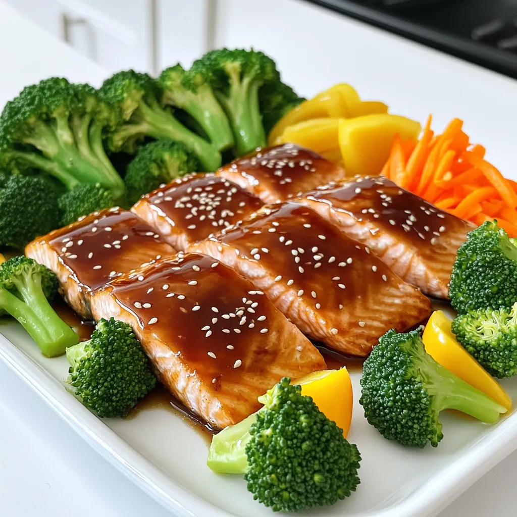 To make Teriyaki Salmon Sheet Pan with Broccoli, gather these fresh items: - 4 salmon fillets - 2 cups broccoli florets - 1 bell pepper, sliced (red or yellow) - 1 medium carrot, julienned - ¼ cup soy sauce (low sodium) - 2 tablespoons honey - 2 tablespoons sesame oil - 1 tablespoon rice vinegar - 2 garlic cloves, minced - 1 teaspoon ginger, grated - 1 tablespoon sesame seeds (for garnish) - Salt and pepper to taste - Cooked rice or quinoa (for serving, optional) These ingredients combine to create a dish full of flavor and nutrition. When you choose fresh salmon, look for bright color and a firm texture. The vegetables add crunch and color. Each component works together to make your meal both tasty and healthy. The teriyaki marinade gives a sweet and savory touch. You can adjust the flavors to suit your taste, making this recipe fun and flexible. Enjoy cooking! First, set your oven to 400°F (200°C). This temperature helps cook the salmon and veggies just right. It also makes sure everything bakes evenly. Preheating is key for great results. Next, grab a small mixing bowl. Add ¼ cup of low-sodium soy sauce. Then, mix in 2 tablespoons of honey for sweetness. Pour in 2 tablespoons of sesame oil to give it a rich flavor. Now, add 1 tablespoon of rice vinegar for a little tang. Don't forget 2 minced garlic cloves and 1 teaspoon of grated ginger for a burst of taste. Whisk everything together until smooth. This marinade adds a tasty glaze to the salmon. Now, take a large sheet pan and line it with parchment paper. Place 4 salmon fillets on one side of the pan. Season each fillet with salt and pepper. Then, brush them with the teriyaki marinade. On the other side, arrange 2 cups of broccoli florets, 1 sliced bell pepper, and 1 medium julienned carrot. Drizzle a bit of sesame oil over the veggies and season with salt and pepper. Pour any leftover marinade over the vegetables. This step helps everything soak up the flavors. Slide the sheet pan into your preheated oven. Bake for about 15-20 minutes. You’ll know it’s done when the salmon flakes easily and the veggies are tender but crisp. The salmon should look glossy and caramelized. Once it's ready, take the pan out of the oven. Let it cool for a few minutes. Sprinkle 1 tablespoon of sesame seeds over the salmon and veggies for a nice touch. Serve your teriyaki salmon and vegetables warm over cooked rice or quinoa if you like. When picking salmon, look for bright, shiny skin. The flesh should be firm and moist. Fresh salmon smells like the sea, not fishy. Wild-caught salmon often tastes better than farmed. Varieties like sockeye or king have rich flavors. If you can, buy salmon from a trusted source. Always check the sell-by date to ensure freshness. The teriyaki marinade is key to this dish. Use low-sodium soy sauce for a balanced taste. Honey adds sweetness, while sesame oil gives a nutty flavor. Rice vinegar adds a tangy kick. For depth, don't skip the garlic and ginger. Mix all ingredients well. Let the salmon marinate for at least 15 minutes for the best flavor. To keep your vegetables crisp, don't overcook them. Arrange them on the sheet pan in a single layer. This helps them cook evenly. Drizzle a little sesame oil on top for extra flavor. Season with salt and pepper, but don’t drown them. Bake until they are bright in color and tender but still crunchy. Serve the teriyaki salmon over warm rice or quinoa. This adds a nice base and absorbs the sauce. Top with fresh herbs like cilantro or green onions for color. A sprinkle of sesame seeds adds a lovely crunch. You can also add lime wedges for a zesty twist. Enjoy your meal with a side salad for balance. {{image_2}} You can change up the veggies in this dish. Use snap peas for a crisp bite. Carrots add color and sweetness. Zucchini slices cook fast and soak up flavor. Cauliflower florets are a great option too. Each veggie brings its own taste and texture. Feel free to mix and match based on what you love. Not a fan of teriyaki? Try a honey mustard glaze. Mix honey, mustard, and a splash of vinegar for a tangy kick. You can also use a simple lemon and herb mix. This brings a fresh taste that pairs well with salmon. Barbecue sauce can add a smoky flavor. Choose a sauce that excites your taste buds. Baking is easy, but you can grill the salmon too. This adds a nice char and smoky flavor. Cooking it in a skillet works well for a quick meal. Just sear the salmon on medium heat. If you have a steamer, use it for tender salmon. Each method gives a unique taste to your dish. Experiment to find your favorite way! After enjoying your teriyaki salmon, let any leftovers cool down. Place the salmon and veggies in an airtight container. This keeps them fresh longer. You can store them in the fridge for up to three days. Make sure to cover them well to keep out air. To reheat your salmon, you can use the oven or a microwave. If using the oven, set it to 350°F (175°C). Place the salmon and veggies on a baking sheet. Heat for about 10 minutes or until warmed through. If you prefer the microwave, heat in short bursts, about 30 seconds at a time. Check often to avoid overcooking. You can freeze leftover teriyaki salmon for later. Wrap each fillet tightly in plastic wrap. Then, place them in a freezer-safe bag or container. This keeps the salmon fresh for up to three months. When you are ready to eat, thaw it in the fridge overnight and reheat as mentioned above. You can serve teriyaki salmon with cooked rice or quinoa. Both options soak up the sauce well. You can also add a side of fresh salad for a crunchy feel. Sliced cucumbers with a bit of vinegar make a nice touch. Adding a fruit salad can bring sweetness to your meal. Yes, you can prep the salmon and vegetables ahead of time. Marinate the salmon and chop the veggies. Store them in the fridge for up to a day. When you are ready, just bake them. This saves time and makes dinner easy. The salmon is done when it flakes easily with a fork. It should look glossy and have a nice caramelized color on top. For safety, the internal temperature should reach 145°F (63°C). Use a food thermometer for the best results. To make this recipe gluten-free, use tamari instead of soy sauce. Tamari is a great substitute that tastes similar. Check the labels on honey and other sauces to ensure they are gluten-free too. This way, you can enjoy teriyaki salmon without worry. This blog post explains how to make teriyaki salmon, covering ingredients and steps. I provided tips for choosing salmon and using fresh vegetables. You can also explore variations and smart storage tips. In the end, cooking teriyaki salmon is simple and fun. Enjoying this tasty meal can impress your family and friends. Experiment with flavors and ingredients to make it your own. Enjoy your cooking adventure!