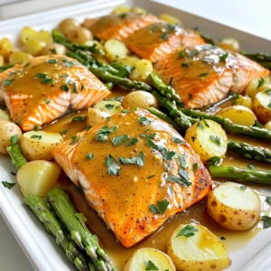 - 4 salmon fillets (about 6 oz each) - 1/4 cup Dijon mustard - 1/4 cup honey - 2 tablespoons olive oil - 1 tablespoon apple cider vinegar - 3 cloves garlic, minced - 1 teaspoon smoked paprika - Salt and pepper to taste - 1 pound baby potatoes, halved - 1 pound asparagus, trimmed - Fresh parsley, chopped (for garnish) To make this dish, you need fresh salmon fillets, which are key for flavor. The honey mustard glaze gives a sweet and tangy kick. I love using baby potatoes and asparagus for sides. They roast well and add color to the plate. - Sheet pan - Parchment paper - Mixing bowl - Whisk You will want a sheet pan for even cooking. Parchment paper helps with cleanup and keeps the food from sticking. A mixing bowl and whisk are perfect for blending the honey mustard glaze. This setup makes the process quick and easy. 1. Preheating the oven Start by preheating your oven to 400°F (200°C). This step is key to cooking your meal evenly. 2. Preparing the honey mustard mixture In a small bowl, combine 1/4 cup Dijon mustard and 1/4 cup honey. Add 2 tablespoons olive oil and 1 tablespoon apple cider vinegar. Mix in 3 cloves minced garlic, 1 teaspoon smoked paprika, salt, and pepper to taste. Whisk everything until smooth. This will be your tasty glaze! 1. Baking the potatoes Place 1 pound of halved baby potatoes on one side of your sheet pan. Drizzle half of your honey mustard mixture over the potatoes. Toss them gently to coat. Bake these potatoes in the oven for 15 minutes. This gives them a head start. 2. Adding salmon and asparagus After 15 minutes, take the pan out. Lay 4 salmon fillets in the center of the pan. Spoon the rest of the honey mustard glaze on top of the salmon. Now, add 1 pound of trimmed asparagus on the other side of the pan. Drizzle a bit of olive oil over the asparagus and season with salt and pepper. Return the pan to the oven for another 15-20 minutes. Keep an eye on the salmon. It should flake easily with a fork, and the asparagus should be tender. 1. Resting time and garnishing Once everything is cooked, take the pan out of the oven. Let it rest for a few minutes. This helps the salmon stay juicy. Before serving, sprinkle chopped fresh parsley on top for a nice finish. Your sheet pan honey mustard salmon is now ready to impress! Achieving optimal doneness To cook salmon just right, aim for an internal temperature of 145°F. You can check this with a food thermometer. The fish should flake easily with a fork when done. If you want it a bit less cooked, remove it around 130°F for medium-rare. Remember, it will continue to cook after you take it out of the oven. Flavor variations with marinade You can change the flavor by adding different herbs or spices. Try dill or thyme for a fresh taste. You can also use maple syrup instead of honey for a sweeter twist. Just keep the base of Dijon mustard for that zingy kick. Feel free to experiment and find your favorite combination! Preventing sticking and ensuring even cooking Always use parchment paper to line your sheet pan. This helps prevent sticking and makes cleanup easier. Make sure to space the salmon and veggies out on the pan. This way, they cook evenly and get that nice roasted flavor. Don’t overcrowd the pan; it can cause steaming instead of roasting. Efficient cleanup methods To make cleanup a breeze, soak your mixing bowl and utensils right after using them. This will help loosen any sticky residue. If you used oil on your veggies, sprinkle some salt on the pan after serving. This can help absorb excess grease before washing. Finally, use hot, soapy water for an easy clean! {{image_2}} You can swap Dijon mustard for whole grain mustard. This change adds a nice texture. You may also use yellow mustard if that's what you have. Honey can be replaced with maple syrup for a sweeter twist. Agave syrup is a good option too. For vegetables, you can add bell peppers or zucchini. Carrots also work great. Feel free to mix in your favorite vegetables. Just make sure to cut them into similar sizes for even cooking. Serve this dish with rice or quinoa for a hearty meal. A light salad with greens and a vinaigrette pairs well too. You might enjoy roasted carrots or green beans as a side. For drinks, white wine like Sauvignon Blanc is a perfect match. If you prefer non-alcoholic drinks, try sparkling water with lemon. A light iced tea also complements this meal nicely. To store leftovers, let the salmon cool down first. Place the salmon, potatoes, and asparagus in an airtight container. You can store it in the fridge for up to three days. If you want to keep it longer, consider freezing it. Wrap the food tightly with plastic wrap, then place it in a freezer bag. This way, it can last up to three months in the freezer. Reheating leftovers can be tricky, but I have some tips. For the best results, use an oven. Preheat your oven to 350°F (175°C). Place the salmon and veggies on a baking sheet. Cover them with aluminum foil to keep moisture in. Heat for about 15-20 minutes, or until warmed through. This method keeps the salmon flaky and the veggies tender. If you're in a hurry, you can use a microwave. Just warm it in short bursts, checking often to avoid drying it out. Can I use frozen salmon? Yes, you can use frozen salmon. Just make sure to thaw it first. Place the frozen fillets in the fridge overnight. If you’re in a hurry, you can also run them under cold water for a few minutes. Just remember that cooking times may be a bit longer for frozen salmon. How do I know when the salmon is done? Salmon is done when it flakes easily with a fork. It should have an internal temperature of 145°F (63°C). You can use a meat thermometer for accuracy. The salmon should look opaque and moist, not dry. Caloric content and health benefits This dish is packed with nutrients. Each serving has around 400 calories. Salmon is rich in omega-3 fatty acids, which are great for your heart. The honey and mustard add flavor without too many extra calories. Plus, you get fiber from the asparagus and potatoes. Can this recipe be made low-carb? Yes, you can make this recipe low-carb. Simply replace the potatoes with cauliflower or zucchini. These veggies provide a similar texture without the carbs. You still get the tasty honey mustard flavor with the salmon and asparagus. In this blog post, you learned how to make honey mustard salmon with easy steps. We covered ingredients, tools, and tips for perfect cooking. You can experiment with substitutes and meal pairings for great variety. Remember to store leftovers properly and follow reheating tips for best flavor. Cooking doesn't have to be hard. With these easy steps, you’ll impress friends and family with your new dish. Enjoy the deliciousness and healthy benefits of your honey mustard salmon!