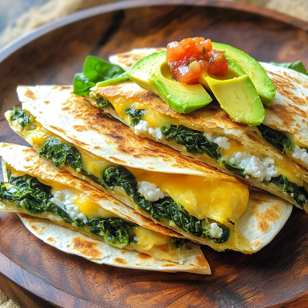Creating the perfect high-protein spinach breakfast quesadillas starts with gathering fresh, quality ingredients. Here's what you'll need: - 4 large whole wheat tortillas - 1 cup fresh spinach, chopped - 1 cup cottage cheese (or Greek yogurt for a tangy flavor) - 1 cup shredded low-fat cheese (such as mozzarella or cheddar) - 4 large eggs - ½ teaspoon garlic powder - ½ teaspoon onion powder - Salt and pepper to taste - 1 tablespoon olive oil - Optional toppings: sliced avocado, salsa, or Greek yogurt These ingredients pack a punch of protein and flavor. Whole wheat tortillas offer fiber, while fresh spinach is a great source of vitamins. The cottage cheese or Greek yogurt adds creaminess and protein. I love how the eggs bring everything together, making this dish not only healthy but also very satisfying. Feel free to mix and match toppings based on your taste. Sliced avocado adds creaminess, while salsa gives a fresh kick. Enjoy these quesadillas as a filling breakfast or any meal of the day! First, grab a mixing bowl. Whisk the eggs until they are well beaten. This should take about one minute. Then, add the garlic powder, onion powder, salt, and pepper. Mix these seasonings in until they blend well. This step adds great flavor to the eggs. Now, heat a non-stick skillet over medium heat. Add one tablespoon of olive oil and let it warm up. Pour in the beaten eggs and stir. Scramble them gently until they are just set. This may take around three minutes. Remove the skillet from the heat. Now, stir in the chopped spinach and cottage cheese. Mix everything together until it is well combined. Next, lay a whole wheat tortilla on a clean surface. Spread a quarter of the egg and spinach mixture on one half of the tortilla. Then, sprinkle a quarter of the shredded cheese over the filling. Fold the tortilla in half. Press it gently to seal. Repeat this step with the rest of the tortillas and filling. Return the skillet to medium heat and add a little more olive oil. Place one quesadilla in the skillet. Cook for about 2-3 minutes on each side. You want a nice golden brown color and melted cheese. Once done, remove it from the skillet. Let it cool slightly before slicing into wedges. Repeat this with the remaining quesadillas. Enjoy your tasty high-protein breakfast! To make the best quesadilla, focus on even cooking. Use medium heat to cook your quesadillas. This way, they cook all the way through. If the heat is too high, the outside will burn before the cheese melts. To avoid soggy tortillas, use a non-stick skillet. Heat the pan before adding the quesadilla. This helps crisp the outside. You can also use less filling if you want a crunchier bite. Spices add depth to your quesadillas. I suggest using garlic powder and onion powder, as they blend well. You can also try adding a pinch of cumin or smoked paprika for a smoky taste. Fresh herbs can brighten your dish. Consider adding chopped cilantro or parsley. These herbs pair nicely with spinach and eggs. How you serve your quesadillas matters. Cut them into wedges for easy sharing. Arrange the wedges on a colorful plate for a nice look. For garnishing, add sliced avocado on the side. A dollop of salsa or Greek yogurt gives extra flavor. These touches not only taste great but also make your dish visually appealing. {{image_2}} You can easily make these quesadillas fit your needs. If you're vegetarian, skip the eggs and add more cheese or beans. You can also use tofu or tempeh for extra protein. For a gluten-free option, choose gluten-free tortillas. They work just as well. This way, everyone can enjoy this tasty dish. Cheese adds flavor and creaminess. If you want something different, try feta or pepper jack. These cheeses give a nice twist. Mixing cheese types can also enhance flavor. Use half mozzarella and half cheddar for a balanced taste. The blend melts beautifully in the quesadilla. Want to spice things up? You can add more veggies to your quesadilla. Try bell peppers, mushrooms, or onions. They add crunch and flavor. Add spices like cumin or chili powder for a kick. These small changes can make your breakfast exciting and new. How do I store leftover quesadillas? To keep leftover quesadillas fresh, place them in an airtight container. This helps prevent them from drying out. Make sure to let them cool down before storing. Use parchment paper between layers to avoid sticking. What are the ideal storage containers? Use glass or plastic containers with tight lids. These containers keep moisture in and odors out. You can also wrap each quesadilla in foil or plastic wrap for extra protection. How do I freeze quesadillas? To freeze quesadillas, first, let them cool completely. Then, wrap each one tightly in plastic wrap. Put the wrapped quesadillas in a freezer-safe bag or container. Label the bag with the date. What are the reheating instructions? When you want to eat frozen quesadillas, take one out and unwrap it. Place it on a microwave-safe plate. Heat it in the microwave for about 1-2 minutes. For a crispy texture, you can also reheat in a skillet for a few minutes on each side. To make your quesadillas crispy, cook them in a hot skillet. Use medium heat for even cooking. Press down gently with a spatula. This helps to brown the tortillas. Flip them carefully to avoid spills. For oil options, olive oil works great. It gives a nice flavor and helps with crispness. You can also try butter or avocado oil for added richness. Yes, you can use egg whites. They are lower in calories and fat. This makes them a good choice for a lighter meal. However, whole eggs add richness and flavor. They also provide more protein and nutrients. Egg whites will give you a fluffier texture. But, they may lack the depth of flavor that whole eggs provide. If you want alternatives to cottage cheese, Greek yogurt is a great choice. It has a similar texture and adds a tangy taste. You can also try ricotta cheese for a creamier option. For vegan diets, use silken tofu or a nut-based cheese. These options can mimic the creaminess of cottage cheese without dairy. Look for golden brown tortillas. This means they are cooked well. The cheese inside should be melted and gooey. If you see it oozing out, that’s a good sign! To check the cheese, gently press the quesadilla. If it feels soft and warm, it’s ready. Just make sure to let it cool a bit before slicing. Enjoy! You learned how to make delicious and healthy quesadillas. We covered ingredients like whole wheat tortillas, fresh spinach, and eggs. I shared step-by-step instructions for making the egg mixture and cooking the quesadillas. Tips for perfecting your dish and options for variations were also included. Remember, enjoy experimenting with flavors! These quesadillas are not just tasty but also easy to customize. Store leftovers properly to savor them later. The joyful process of cooking can lead to tasty meals. Now it’s your turn to create and enjoy!